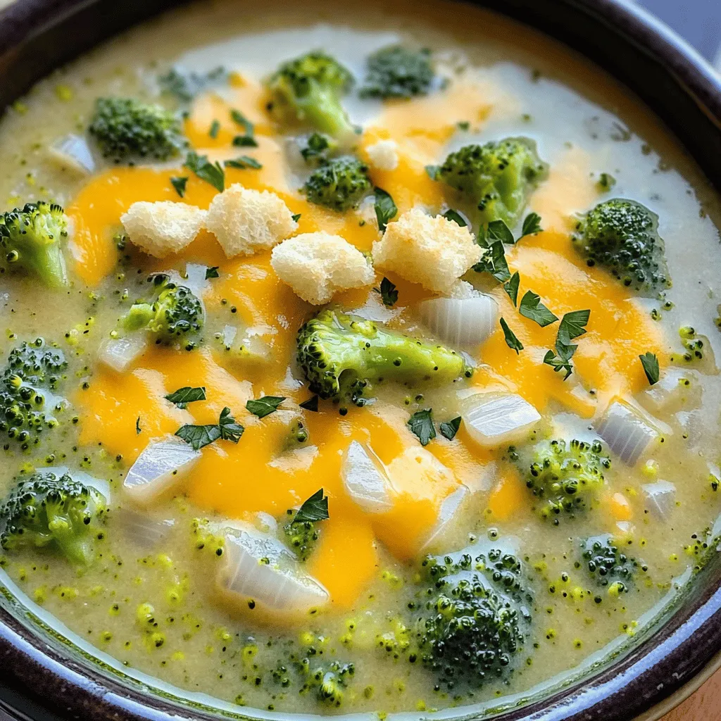 Für eine leckere cremige Brokkoli-Cheddar-Suppe benötigst du: - 4 Tassen frische Brokkoliröschen - 1 mittlere Zwiebel, gewürfelt - 2 Knoblauchzehen, fein gehackt - 4 Tassen Gemüsebrühe - 1 Tasse Schlagsahne - 2 Tassen geriebener, scharfer Cheddar-Käse - 2 Esslöffel Olivenöl Diese Zutaten bilden die Basis für die Suppe. Der Brokkoli gibt einen frischen Geschmack. Zwiebel und Knoblauch bringen Tiefe in die Aromen. Die Gemüsebrühe sorgt für die nötige Flüssigkeit. Um die Suppe noch besser zu machen, füge diese Gewürze hinzu: - 1 Teelöffel Zwiebelpulver - 1 Teelöffel Knoblauchpulver - Salz und Pfeffer nach Geschmack Diese Gewürze helfen, die Aromen zu verstärken. Sie sorgen dafür, dass jede Löffel voll Geschmack ist. Probiere auch, die Gewürze nach deinem Geschmack anzupassen. Für eine schöne Präsentation und zusätzlichen Geschmack nutze: - Croutons - Frische Petersilie Die Croutons geben einen tollen Crunch. Die Petersilie bringt Farbe und frische. Beides macht die Suppe einladend. Wenn du die Suppe servierst, achte darauf, sie heiß zu genießen. Du findest das komplette Rezept in [Full Recipe]. Um eine cremige Brokkoli-Cheddar-Suppe zu machen, sammeln Sie zuerst die Zutaten. Sie brauchen: - 4 Tassen frische Brokkoliröschen - 1 mittlere Zwiebel, gewürfelt - 2 Knoblauchzehen, fein gehackt - 4 Tassen Gemüsebrühe - 1 Tasse Schlagsahne - 2 Tassen geriebener, scharfer Cheddar-Käse - 2 Esslöffel Olivenöl - 1 Teelöffel Zwiebelpulver - 1 Teelöffel Knoblauchpulver - Salz und Pfeffer nach Geschmack - Optional: Croutons und frische Petersilie zum Garnieren Ich beginne immer mit dem Waschen des Brokkolis. Frischer Brokkoli hat mehr Geschmack. Die Zwiebel und der Knoblauch sind die Basis für die Aromen. Schneiden Sie sie klein. So können sie gut braten und ihr Volumen verringern. Erhitzen Sie das Olivenöl in einem großen Topf bei mittlerer Hitze. Fügen Sie die gewürfelte Zwiebel hinzu und sautieren Sie sie. Lassen Sie sie etwa fünf Minuten kochen, bis sie durchscheinend ist. Rühren Sie den gehackten Knoblauch unter. Dies dauert nur ein bis zwei Minuten, bis der Duft herauskommt. Jetzt geben Sie die Brokkoliröschen in den Topf und gießen die Gemüsebrühe dazu. Bringen Sie alles zum Kochen. Reduzieren Sie dann die Hitze und lassen Sie die Mischung etwa 15 Minuten köcheln. Der Brokkoli sollte zart sein, aber nicht matschig. Jetzt kommt der spaßige Teil. Verwenden Sie einen Pürierstab, um die Suppe glatt zu pürieren. Wenn Sie einen normalen Mixer nutzen, lassen Sie die Suppe kurz abkühlen. Dann pürieren Sie sie in kleinen Portionen, um Spritzer zu vermeiden. Geben Sie die pürierte Suppe zurück in den Topf. Rühren Sie die Schlagsahne und die Gewürze ein. Geben Sie auch die Hälfte des geriebenen Cheddar-Käses dazu. Kochen Sie alles bei schwacher Hitze und rühren Sie ständig, bis der Käse geschmolzen ist. Schmecken Sie die Suppe mit Salz und Pfeffer ab. Fügen Sie den restlichen Cheddar-Käse kurz vor dem Servieren hinzu. So schmilzt er perfekt in der Suppe. Servieren Sie die Suppe heiß und garnieren Sie sie mit Croutons und frischer Petersilie. Für das vollständige Rezept schauen Sie sich bitte die vollständige Anleitung an. Um die perfekte Konsistenz zu erreichen, püriere die Suppe gut. Ich empfehle, einen Pürierstab zu nutzen. Das macht es einfach. Du kannst die Suppe auch in einem Mixer pürieren. Lass sie vorher etwas abkühlen, damit der Mixer nicht überläuft. Wenn du eine stückige Suppe magst, püriere nur die Hälfte. So bleibt etwas Textur erhalten. Du kannst den Geschmack leicht anpassen. Füge mehr Gewürze hinzu, um den Geschmack zu intensivieren. Ein Spritzer Zitronensaft hilft, die Aromen aufzufrischen. Experimentiere auch mit verschiedenen Käsesorten. Gouda oder Mozzarella geben der Suppe eine neue Note. Verwende frische Kräuter wie Thymian oder Basilikum für zusätzlichen Geschmack. Ein altbewährter Trick ist, die Zwiebeln zuerst zu karamellisieren. Dies verleiht der Suppe eine süße Tiefe. Achte darauf, die Zwiebeln bei mittlerer Hitze zu braten. So brennen sie nicht an. Ein weiterer Tipp: Nutze Gemüsebrühe statt Wasser. Das gibt mehr Geschmack. Für die ultimative Genuss-Erfahrung, serviere die Suppe mit frischen Croutons. Diese sorgen für einen tollen Crunch. Für das vollständige Rezept besuche den Abschnitt "Vollständiges Rezept". {{image_4}} Für eine vegane Version der cremigen Brokkoli-Cheddar-Suppe können Sie die Schlagsahne durch Kokosmilch ersetzen. Diese gibt der Suppe eine schöne Cremigkeit. Verwenden Sie außerdem einen veganen Käse, der schmilzt. Für die glutenfreie Variante wählen Sie einfach glutenfreie Brühe und überprüfen Sie die Zutaten Ihrer anderen Produkte. So bleibt die Suppe lecker, ohne Gluten. Möchten Sie die Suppe aufpeppen? Fügen Sie Karotten oder Blumenkohl hinzu. Diese Gemüsesorten passen gut zu Brokkoli. Auch Kartoffeln können eine tolle Basis bilden und die Suppe noch cremiger machen. Ein paar rote Paprika sorgen für etwas Süße und Farbe. Seien Sie kreativ und nutzen Sie, was Sie lieben. Um einen asiatischen Touch zu geben, können Sie Ingwer und Sojasauce hinzufügen. Diese Zutaten verleihen der Suppe ein neues Aroma. Ein Spritzer Limettensaft bringt Frische. Für mehr Textur können Sie Tofu oder Edamame einrühren. Diese Variationen machen die Suppe spannend und aufregend. Für die vollständige Zubereitung folgen Sie dem [Full Recipe]. Ich empfehle, die Suppe in einem luftdichten Behälter aufzubewahren. So bleibt sie frisch. Lassen Sie die Suppe zuerst abkühlen, bevor Sie sie in den Kühlschrank stellen. Lagern Sie die Suppe nicht länger als drei bis fünf Tage. Vor dem Servieren sollten Sie die Suppe gut umrühren. Wenn Sie mehr Suppe zubereiten, können Sie sie einfrieren. Nutzen Sie dafür gefriersichere Behälter oder Zip-Lock-Beutel. Lassen Sie etwas Platz, da die Suppe beim Einfrieren ausdehnt. Sie können die Suppe bis zu drei Monate im Gefrierschrank lagern. Um die frische Note zu bewahren, beschriften Sie die Behälter mit Datum und Inhalt. Zum Wiedererwärmen nehmen Sie die Suppe aus dem Kühlschrank oder Gefrierfach. Erhitzen Sie sie langsam in einem Topf bei mittlerer Hitze. Rühren Sie dabei häufig um, damit sie nicht anbrennt. Wenn die Suppe zu dick ist, fügen Sie etwas Gemüsebrühe oder Wasser hinzu. Eine gute Option ist, sie in der Mikrowelle zu erwärmen. Stellen Sie sicher, dass Sie die Suppe in einem mikrowellenfesten Behälter erhitzen. Wenn Sie die Suppe aus dem Gefrierfach nehmen, lassen Sie sie zuerst im Kühlschrank auftauen. Dann können Sie sie wie gewohnt erwärmen. Für das vollständige Rezept, schauen Sie sich die [Full Recipe] an. Sie können die Suppe bis zu fünf Tage im Kühlschrank aufbewahren. Stellen Sie sicher, dass Sie sie in einem luftdichten Behälter lagern. So bleibt der Geschmack frisch. Wenn Sie die Suppe länger aufbewahren möchten, frieren Sie sie ein. Diese Suppe bleibt bis zu drei Monate im Gefrierfach. Ja, gefrorener Brokkoli ist eine tolle Option. Er hat oft den gleichen Nährwert wie frischer Brokkoli. Achten Sie darauf, den gefrorenen Brokkoli vor der Zubereitung leicht aufzutauen. Dies hilft, eine gleichmäßige Konsistenz in der Suppe zu erreichen. Ja, diese Suppe ist gesund. Sie enthält frisches Gemüse und hat eine gute Menge an Ballaststoffen. Der Brokkoli liefert wichtige Vitamine. Der Käse und die Sahne geben Geschmack, aber nutzen Sie sie sparsam, um die Kalorien im Zaum zu halten. Diese cremige Brokkoli-Cheddar-Suppe ist eine köstliche Art, gesunde Nährstoffe zu genießen. Für weitere Details, siehe die Full Recipe. Die cremige Brokkoli-Cheddar-Suppe ist einfach und lecker. Du hast gelernt, welche Zutaten wichtig sind und wie man sie zubereitet. Tipps zur Konsistenz und zum Geschmack helfen dir, die Suppe zu verbessern. Du kannst auch Variationen ausprobieren, wie vegane Optionen oder neue Gewürze. Bei der Lagerung ist es wichtig, die Suppe richtig aufzubewahren oder einzufrieren. Nun weißt du, wie lange sie hält und wie gesund sie ist. Mach dich bereit, diese köstliche Suppe in deiner Küche auszuprobieren!