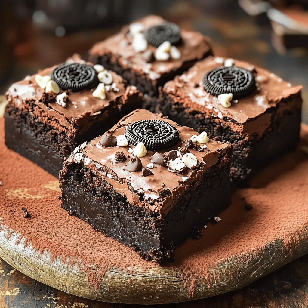 Für die perfekten dreifachen Schokoladen-Oreo-Brownies brauchst du: - 250 g ungesalzene Butter (2 Stangen) - 200 g Zucker - 200 g brauner Zucker, gepackt - 4 große Eier - 1 Teelöffel Vanilleextrakt - 125 g Weizenmehl - 100 g ungesüßtes Kakaopulver - 1 Teelöffel Backpulver - 1/2 Teelöffel Salz - 175 g Zartbitterschokoladenstückchen - 175 g weiße Schokoladenstückchen - 12 Oreo-Kekse, zerbröselt (plus extra für das Topping) Diese Zutaten geben den Brownies einen reichen, schokoladigen Geschmack. Die Kombination von dunkler und weißer Schokolade sorgt für ein tolles Geschmackserlebnis. Um die Brownies noch besser zu machen, kannst du folgende Zutaten hinzufügen: - Eine Prise Zimt für einen warmen Geschmack - Walnüsse oder Pekannüsse für mehr Textur - Eine Prise Meersalz auf die Oberseite für einen süß-salzigen Kick Diese Zutaten bringen noch mehr Tiefe in den Geschmack und machen die Brownies einzigartig. Achte bei der Auswahl der Zutaten auf die Qualität. Frische Eier und hochwertige Schokolade machen einen großen Unterschied. - Wenn du keine ungesalzene Butter hast, kannst du gesalzene Butter verwenden, aber reduziere das Salz. - Für eine glutenfreie Option kannst du glutenfreies Mehl verwenden. - Wenn du keine Oreos magst, probiere andere Kekse, wie Chips Ahoy oder sogar selbstgemachte Kekse. Mit diesen Tipps kannst du die Rezeptur nach deinem Geschmack anpassen und die besten dreifachen Schokoladen-Oreo-Brownies kreieren. Für das komplette Rezept, schau dir die [Full Recipe] an. Zuerst heize den Ofen auf 175°C vor. Du brauchst eine Backform von 23x33 cm. Fette die Form gut ein und lege sie mit Backpapier aus. Lass das Papier an den Seiten überstehen. So kannst du die Brownies später leicht herausnehmen. Nimm einen mittelgroßen Topf. Erhitze die ungesalzene Butter bei niedriger Hitze, bis sie schmilzt. Nimm den Topf vom Herd, wenn die Butter geschmolzen ist. Füge dann den Zucker und den braunen Zucker hinzu. Rühre gut um, bis die Mischung schön glatt ist. In einer separaten Schüssel vermische das Mehl, das Kakaopulver, das Backpulver und das Salz. Mische sie gründlich. Jetzt gib die trockenen Zutaten zu der Butter-Zucker-Mischung. Hebe alles vorsichtig unter. Mische nicht zu lange, nur bis alles gerade so verbunden ist. Jetzt wird es schokoladig! Füge die Zartbitterschokoladenstückchen, die weißen Schokoladenstückchen und die zerbröselten Oreo-Kekse hinzu. Mische alles sanft, bis die Stückchen gleichmäßig verteilt sind. Achte darauf, nicht zu stark zu rühren, damit die Brownies schön saftig bleiben. Gieße die Mischung in die vorbereitete Backform. Verteile sie gleichmäßig mit einem Spatel. Streue einige zerbröselte Oreos oben drauf für extra Crunch. Backe die Brownies für 25-30 Minuten im Ofen. Ein Zahnstocher sollte mit wenigen feuchten Krümeln herauskommen. Lass die Brownies 15 Minuten in der Form abkühlen. Hebe sie dann vorsichtig mit dem Backpapier heraus und lass sie auf einem Kuchengitter vollständig abkühlen. Jetzt sind die Brownies bereit zum Schneiden und Servieren! Für die genauen Mengen und Zubereitung, schau dir das [Full Recipe] an. Um die perfekte Konsistenz zu erreichen, achte auf die Backzeit. Die Brownies sollten weich sein, aber nicht flüssig. Ein Zahnstocher sollte mit wenigen feuchten Krümeln herauskommen. Zu langes Backen macht sie trocken. Lass sie nach dem Backen ruhen, damit sie fest werden. Ein häufiger Fehler ist, die Zutaten zu stark zu mischen. Mische alles nur, bis es gerade so verbunden ist. Übermischung kann die Brownies zäh machen. Auch das Messen der Zutaten ist wichtig. Verwende eine Küchenwaage für genaues Abwiegen. Zu viel oder zu wenig kann das Ergebnis beeinflussen. Präsentiere die Brownies auf einem schönen Teller. Bestäube sie leicht mit Kakaopulver für einen schönen Look. Du kannst sie auch mit Schlagsahne oder Eis servieren. Das gibt einen tollen Kontrast zu den Schokoladenschichten. Ein paar zerbröselte Oreos obenauf machen die Präsentation noch besser. Für das gesamte Rezept schaue dir die [Full Recipe] an. {{image_4}} Wenn du vegane Brownies machen willst, gibt es einfache Tricks. Ersetze die Butter durch Kokosöl oder vegane Margarine. Nutze Apfelmus oder zerdrückte Banane statt Eier. Das macht die Brownies saftig und lecker. Achte darauf, vegane Oreo-Kekse zu verwenden. So bleiben alle Zutaten pflanzlich. Die Füllungen und Toppings machen die Brownies noch toller. Du kannst Nüsse, wie Walnüsse oder Pekannüsse, hinzufügen. Diese bringen einen schönen Crunch. Probiere auch Karamellsauce oder Erdnussbutter. Diese geben den Brownies mehr Geschmack und eine interessante Textur. Die Möglichkeiten sind endlos! Wenn du die Brownies variieren möchtest, benutze andere Kekse. Statt Oreo-Keksen kannst du Chips Ahoy! oder Butterkekse nehmen. Diese geben den Brownies einen anderen Geschmack. Zudem kannst du verschiedene Schokoladensorten ausprobieren. Nutze Vollmilchschokolade oder sogar weiße Schokolade für eine süßere Note. So wird jede Charge einzigartig. Das macht das Rezept spannend und du kannst es jedes Mal neu gestalten. Für das vollständige Rezept, schau dir die Anleitung an. Um die frisch gebackenen Brownies gut zu lagern, lege sie in einen luftdichten Behälter. Das schützt sie vor Luft und Feuchtigkeit. Alternativ kannst du sie in Frischhaltefolie wickeln. So bleiben sie weich und lecker. Achte darauf, die Brownies vollständig abkühlen zu lassen, bevor du sie lagerst. Im Kühlschrank halten sich die Brownies bis zu einer Woche. Das kühle Klima hilft, die Frische zu bewahren. Wenn du sie länger aufbewahren möchtest, friere sie ein. In einem gut verschlossenen Behälter oder in Folie verpackt, bleiben sie bis zu drei Monate frisch. Zum Auftauen lege sie einfach in den Kühlschrank, bevor du sie servierst. Um die Brownies wieder aufzuwärmen, lege sie für etwa 10 bis 15 Sekunden in die Mikrowelle. So werden sie warm und schokoladig. Du kannst sie auch im Ofen bei 175 Grad Celsius für 5 bis 10 Minuten erwärmen. Serviere sie mit einer Kugel Eis oder etwas Schlagsahne. Das macht sie noch köstlicher! Du findest das gesamte Rezept unter Full Recipe. Die Brownies brauchen etwa 25 bis 30 Minuten im Ofen. Du solltest einen Zahnstocher verwenden, um zu testen, ob sie fertig sind. Steche in die Mitte. Der Zahnstocher sollte mit wenigen feuchten Krümeln herauskommen. So sind sie perfekt! Ja, du kannst die Brownies im Voraus machen. Backe sie einfach und lass sie abkühlen. Danach kannst du sie in einem luftdichten Behälter aufbewahren. Sie bleiben frisch für einige Tage. So hast du immer einen süßen Snack bereit! Wenn die Brownies zu trocken sind, gibt es einige Tricks. Du kannst beim nächsten Mal die Backzeit etwas verkürzen. Auch ein wenig mehr Butter oder Öl kann helfen. Wenn sie schon zu trocken sind, serviere sie mit Eis oder Sahne. Das macht sie wieder saftig! Um die Brownies gut zu schneiden, lass sie vollständig abkühlen. Verwende ein scharfes Messer oder sogar einen Pizzaschneider. Du kannst das Messer mit Wasser befeuchten, damit der Schnitt sauberer wird. So bleiben die Stücke schön und gleichmäßig! Zusammenfassend haben wir die Hauptzutaten für unsere köstlichen dreifachen Schokoladen-Oreo-Brownies betrachtet. Die Schritt-für-Schritt-Anleitung hilft beim einfachen Nachbacken. Tipps und Tricks sorgen für die beste Konsistenz. Variationen machen diese Brownies anpassbar für alle Geschmäcker. Schließlich wissen Sie nun, wie Sie die Brownies richtig lagern. Diese Brownies sind ein echter Genuss, ideal für jeden Anlass. Viel Spaß beim Backen und Genießen!