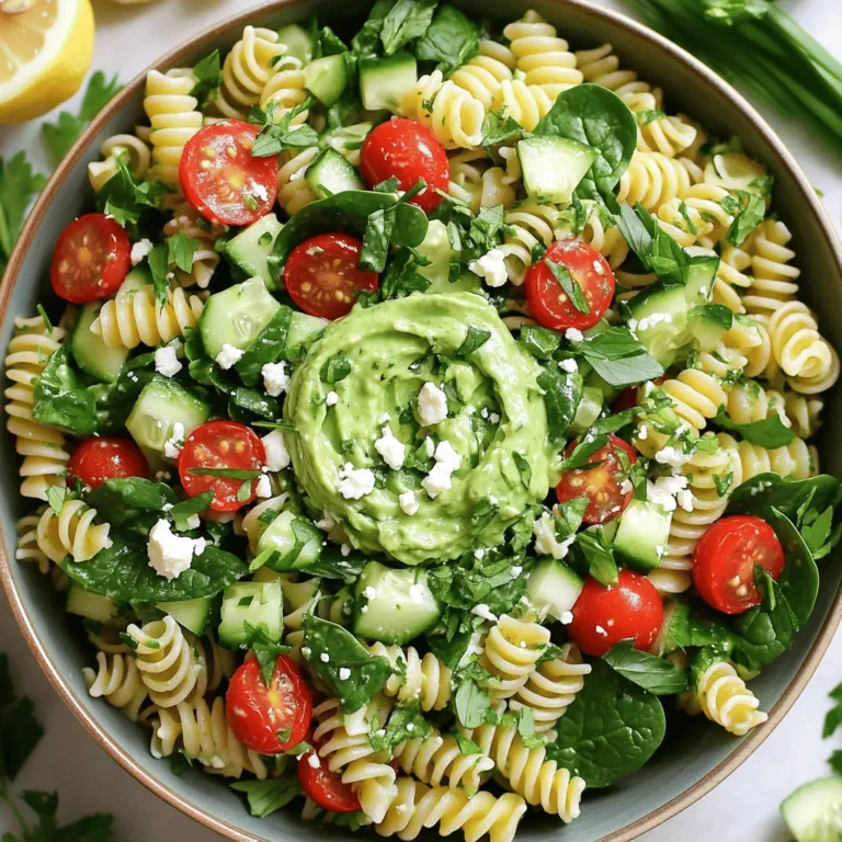 - 2 Tassen Fusilli-Pasta - 1 Tasse Cherry-Tomaten, halbiert - 1 Tasse Gurke, gewürfelt - 1 Tasse frische Spinatblätter - 1/2 Avocado, püriert Für diesen Nudelsalat ist die Fusilli-Pasta sehr wichtig. Sie hält das Dressing gut fest. Cherry-Tomaten bringen Frische und Farbe. Die Gurke sorgt für einen knusprigen Biss. Spinatblätter fügen Nährstoffe und Geschmack hinzu. Und die Avocado macht alles cremig. - 1/2 Tasse frische Basilikumblätter - 1/2 Tasse Petersilie, gehackt - 1 Knoblauchzehe, fein gehackt - 1 Esslöffel Zitronensaft - 1/4 Tasse griechischer Joghurt - 1/4 Tasse Olivenöl - Salz und Pfeffer nach Geschmack Das Dressing ist der Star des Salats. Frische Kräuter wie Basilikum und Petersilie geben einen tollen Geschmack. Griechischer Joghurt macht das Dressing cremig und gesund. Knoblauch fügt Tiefe hinzu, während Zitronensaft Frische bringt. Olivenöl sorgt für eine glatte Konsistenz. Vergiss nicht, mit Salz und Pfeffer zu würzen. - 1/4 Tasse zerbröckelter Feta-Käse - Salz und Pfeffer Feta-Käse ist eine leckere Option. Er bringt einen salzigen Geschmack und passt gut zur Avocado. Verwende Salz und Pfeffer, um alles perfekt abzustimmen. Für das vollständige Rezept schau dir die [Full Recipe] an. Um die Fusilli-Pasta zuzubereiten, bringe einen großen Topf mit Wasser zum Kochen. Füge eine Prise Salz hinzu. Gib die Pasta in das sprudelnde Wasser. Koche die Pasta nach der Packungsanweisung, bis sie al dente ist. Das dauert meist etwa 8 bis 10 Minuten. Lasse die Pasta nach dem Kochen gut abtropfen. Spüle sie dann unter kaltem Wasser ab. So stoppst du den Kochvorgang und kühlst die Pasta schnell ab. Dies hilft auch, ein Verkleben der Nudeln zu vermeiden. Für das Dressing benutze einen Mixer oder eine Küchenmaschine. Gib die pürierte Avocado, den gehackten Knoblauch, den Zitronensaft und den griechischen Joghurt in den Mixer. Füge das Olivenöl, die frischen Kräuter, Salz und Pfeffer hinzu. Mixen bis die Mischung schön glatt und cremig ist. Achte darauf, dass die Konsistenz angenehm ist. Wenn das Dressing zu dick ist, füge etwas Wasser hinzu. So erhältst du die perfekte Cremigkeit für deinen Salat. In einer großen Schüssel vermenge die gekochte Pasta mit den halbierten Cherry-Tomaten, der gewürfelten Gurke, den frischen Spinatblättern und den Frühlingszwiebeln. Mische alles vorsichtig, damit die Zutaten nicht zerdrückt werden. Gieße das Dressing gleichmäßig über die Mischung. Rühre alles gut um, bis die Pasta und das Gemüse gleichmäßig mit dem Dressing überzogen sind. Wenn du magst, streue etwas zerbröckelten Feta-Käse darüber. Dieser gibt dem Salat einen zusätzlichen Geschmackskick. Um die perfekte Al Dente-Konsistenz zu erreichen, koche die Fusilli-Pasta in sprudelndem, salzigem Wasser. Lies die Anleitung auf der Verpackung. Du kannst die Pasta nach etwa 8 bis 10 Minuten probieren. Sie sollte außen weich und innen fest sein. Nach dem Abgießen spüle die Pasta kurz mit kaltem Wasser. So stoppe den Kochvorgang und die Pasta bleibt bissfest. Das Dressing für den Grünen Göttin Nudelsalat ist vielseitig. Du kannst die Avocado durch pürierte Erbsen ersetzen. Das gibt eine frische Note. Auch andere Kräuter wie Dill oder Koriander passen gut. Möchtest du mehr Schärfe? Füge etwas Senf oder Chili-Paste hinzu. Für eine cremigere Textur kannst du die Menge an griechischem Joghurt erhöhen oder einen veganen Joghurt verwenden. Die Präsentation macht den Unterschied. Serviere den Salat in einer großen, bunten Schüssel. Garniere ihn mit frischen Kräutern und einer Zitronenscheibe. Das sieht schön aus und hebt den Geschmack. Du kannst auch kleine Schalen verwenden, um den Salat individuell anzubieten. Ein Hauch von zerbröckeltem Feta-Käse oben drauf rundet das Bild ab. {{image_4}} Du kannst deinem grünen Göttin Nudelsalat mehr Geschmack geben. Füge einfach mehr Gemüse hinzu. Hier sind einige tolle Ideen: - Paprika, gewürfelt - Brokkoli, leicht gedämpft - Zucchini, klein geschnitten - Kichererbsen für mehr Protein Diese Zutaten machen den Salat bunter und gesünder. Wenn du eine vegane Variante magst, gibt es einfache Alternativen. Nutze pflanzlichen Joghurt statt griechischem Joghurt. Du kannst auch Tofu verwenden, um den Feta zu ersetzen. Pürierten Tofu gibt viel Cremigkeit. Verwende frische, saisonale Zutaten für einen anderen Geschmack. Im Frühling sind Spargel und Erbsen perfekt. Im Sommer kannst du frische Maiskörner und Zucchini hinzufügen. Im Herbst passen Kürbiswürfel gut. Im Winter sind geröstete Rüben eine tolle Wahl. So macht dein Salat immer Spaß! Der grüne Göttin Nudelsalat bleibt im Kühlschrank frisch. Ich empfehle, ihn in einem luftdichten Behälter aufzubewahren. So bleibt der Salat knackig und lecker. Normalerweise hält er sich bis zu drei Tage. Achte darauf, den Salat vor dem Essen gut umzurühren. So verteilt sich das Dressing wieder gleichmäßig. Einfrieren ist eine gute Option, aber nicht ideal für diesen Salat. Die frischen Zutaten verlieren ihre Textur. Wenn du es trotzdem probieren möchtest, friere nur die Pasta und das Dressing ein. Lasse die frischen Zutaten wie Tomaten und Gurken weg. Zum Auftauen einfach über Nacht im Kühlschrank lagern. Danach gut umrühren und nach Belieben frische Zutaten hinzufügen. Hast du Reste? Nutze sie kreativ! Mische den Salat mit frischem Gemüse oder verwandele ihn in eine Wrap-Füllung. Du kannst ihn auch zu einer herzhaften Gemüsesuppe hinzufügen. Ein wenig Kreativität macht Reste spannend und lecker. Der Nudelsalat hält sich gut bis zu vier Tage im Kühlschrank. Um die Frische zu bewahren, lege ihn in einen luftdichten Behälter. Vermeide es, ihn mit einem Löffel zu servieren, der nicht sauber ist. So bleibt der Salat länger frisch und lecker. Ja, du kannst die Pasta im Voraus kochen. Koche die Fusilli und spüle sie ab. Lass sie dann abkühlen, bevor du sie in den Kühlschrank legst. So hast du eine Basis, die du schnell mit frischen Zutaten mischen kannst. Beachte, dass die Textur der Pasta nach ein paar Tagen weicher wird. Für Abwechslung kannst du andere Dressings ausprobieren. Ein einfaches Balsamico-Dressing oder ein Zitronen-Olivenöl-Mix passt gut. Du kannst auch ein cremiges Ranch-Dressing nutzen, um dem Salat eine andere Note zu geben. Experimentiere mit verschiedenen Geschmäckern. Um den Salat sättigender zu machen, füge Protein hinzu. Hühnchen, Kichererbsen oder Tofu passen gut. Auch Nüsse wie Mandeln oder Walnüsse geben mehr Biss. Diese Zutaten machen den Salat nahrhafter und halten dich länger satt. Der Nudelsalat ist einfach und lecker. Die Zutaten wie Fusilli, Tomaten und Avocado machen ihn bunt und gesund. Das Dressing aus Joghurt und Kräutern gibt ihm den richtigen Geschmack. Denken Sie an Variationen und Tipps, um ihn anzupassen. Lagern Sie ihn richtig, damit er frisch bleibt. Mit diesen Ratschlägen wird Ihr Nudelsalat zum Hit. Viel Spaß beim Zubereiten und Genießen!