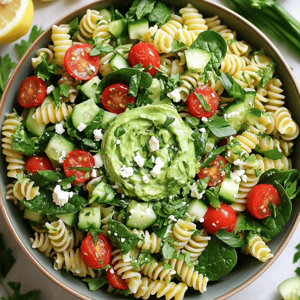 - 2 Tassen Fusilli-Pasta - 1 Tasse Cherry-Tomaten, halbiert - 1 Tasse Gurke, gewürfelt - 1 Tasse frische Spinatblätter - 1/2 Avocado, püriert Für diesen Nudelsalat ist die Fusilli-Pasta sehr wichtig. Sie hält das Dressing gut fest. Cherry-Tomaten bringen Frische und Farbe. Die Gurke sorgt für einen knusprigen Biss. Spinatblätter fügen Nährstoffe und Geschmack hinzu. Und die Avocado macht alles cremig. - 1/2 Tasse frische Basilikumblätter - 1/2 Tasse Petersilie, gehackt - 1 Knoblauchzehe, fein gehackt - 1 Esslöffel Zitronensaft - 1/4 Tasse griechischer Joghurt - 1/4 Tasse Olivenöl - Salz und Pfeffer nach Geschmack Das Dressing ist der Star des Salats. Frische Kräuter wie Basilikum und Petersilie geben einen tollen Geschmack. Griechischer Joghurt macht das Dressing cremig und gesund. Knoblauch fügt Tiefe hinzu, während Zitronensaft Frische bringt. Olivenöl sorgt für eine glatte Konsistenz. Vergiss nicht, mit Salz und Pfeffer zu würzen. - 1/4 Tasse zerbröckelter Feta-Käse - Salz und Pfeffer Feta-Käse ist eine leckere Option. Er bringt einen salzigen Geschmack und passt gut zur Avocado. Verwende Salz und Pfeffer, um alles perfekt abzustimmen. Für das vollständige Rezept schau dir die [Full Recipe] an. Um die Fusilli-Pasta zuzubereiten, bringe einen großen Topf mit Wasser zum Kochen. Füge eine Prise Salz hinzu. Gib die Pasta in das sprudelnde Wasser. Koche die Pasta nach der Packungsanweisung, bis sie al dente ist. Das dauert meist etwa 8 bis 10 Minuten. Lasse die Pasta nach dem Kochen gut abtropfen. Spüle sie dann unter kaltem Wasser ab. So stoppst du den Kochvorgang und kühlst die Pasta schnell ab. Dies hilft auch, ein Verkleben der Nudeln zu vermeiden. Für das Dressing benutze einen Mixer oder eine Küchenmaschine. Gib die pürierte Avocado, den gehackten Knoblauch, den Zitronensaft und den griechischen Joghurt in den Mixer. Füge das Olivenöl, die frischen Kräuter, Salz und Pfeffer hinzu. Mixen bis die Mischung schön glatt und cremig ist. Achte darauf, dass die Konsistenz angenehm ist. Wenn das Dressing zu dick ist, füge etwas Wasser hinzu. So erhältst du die perfekte Cremigkeit für deinen Salat. In einer großen Schüssel vermenge die gekochte Pasta mit den halbierten Cherry-Tomaten, der gewürfelten Gurke, den frischen Spinatblättern und den Frühlingszwiebeln. Mische alles vorsichtig, damit die Zutaten nicht zerdrückt werden. Gieße das Dressing gleichmäßig über die Mischung. Rühre alles gut um, bis die Pasta und das Gemüse gleichmäßig mit dem Dressing überzogen sind. Wenn du magst, streue etwas zerbröckelten Feta-Käse darüber. Dieser gibt dem Salat einen zusätzlichen Geschmackskick. Um die perfekte Al Dente-Konsistenz zu erreichen, koche die Fusilli-Pasta in sprudelndem, salzigem Wasser. Lies die Anleitung auf der Verpackung. Du kannst die Pasta nach etwa 8 bis 10 Minuten probieren. Sie sollte außen weich und innen fest sein. Nach dem Abgießen spüle die Pasta kurz mit kaltem Wasser. So stoppe den Kochvorgang und die Pasta bleibt bissfest. Das Dressing für den Grünen Göttin Nudelsalat ist vielseitig. Du kannst die Avocado durch pürierte Erbsen ersetzen. Das gibt eine frische Note. Auch andere Kräuter wie Dill oder Koriander passen gut. Möchtest du mehr Schärfe? Füge etwas Senf oder Chili-Paste hinzu. Für eine cremigere Textur kannst du die Menge an griechischem Joghurt erhöhen oder einen veganen Joghurt verwenden. Die Präsentation macht den Unterschied. Serviere den Salat in einer großen, bunten Schüssel. Garniere ihn mit frischen Kräutern und einer Zitronenscheibe. Das sieht schön aus und hebt den Geschmack. Du kannst auch kleine Schalen verwenden, um den Salat individuell anzubieten. Ein Hauch von zerbröckeltem Feta-Käse oben drauf rundet das Bild ab. {{image_4}} Du kannst deinem grünen Göttin Nudelsalat mehr Geschmack geben. Füge einfach mehr Gemüse hinzu. Hier sind einige tolle Ideen: - Paprika, gewürfelt - Brokkoli, leicht gedämpft - Zucchini, klein geschnitten - Kichererbsen für mehr Protein Diese Zutaten machen den Salat bunter und gesünder. Wenn du eine vegane Variante magst, gibt es einfache Alternativen. Nutze pflanzlichen Joghurt statt griechischem Joghurt. Du kannst auch Tofu verwenden, um den Feta zu ersetzen. Pürierten Tofu gibt viel Cremigkeit. Verwende frische, saisonale Zutaten für einen anderen Geschmack. Im Frühling sind Spargel und Erbsen perfekt. Im Sommer kannst du frische Maiskörner und Zucchini hinzufügen. Im Herbst passen Kürbiswürfel gut. Im Winter sind geröstete Rüben eine tolle Wahl. So macht dein Salat immer Spaß! Der grüne Göttin Nudelsalat bleibt im Kühlschrank frisch. Ich empfehle, ihn in einem luftdichten Behälter aufzubewahren. So bleibt der Salat knackig und lecker. Normalerweise hält er sich bis zu drei Tage. Achte darauf, den Salat vor dem Essen gut umzurühren. So verteilt sich das Dressing wieder gleichmäßig. Einfrieren ist eine gute Option, aber nicht ideal für diesen Salat. Die frischen Zutaten verlieren ihre Textur. Wenn du es trotzdem probieren möchtest, friere nur die Pasta und das Dressing ein. Lasse die frischen Zutaten wie Tomaten und Gurken weg. Zum Auftauen einfach über Nacht im Kühlschrank lagern. Danach gut umrühren und nach Belieben frische Zutaten hinzufügen. Hast du Reste? Nutze sie kreativ! Mische den Salat mit frischem Gemüse oder verwandele ihn in eine Wrap-Füllung. Du kannst ihn auch zu einer herzhaften Gemüsesuppe hinzufügen. Ein wenig Kreativität macht Reste spannend und lecker. Der Nudelsalat hält sich gut bis zu vier Tage im Kühlschrank. Um die Frische zu bewahren, lege ihn in einen luftdichten Behälter. Vermeide es, ihn mit einem Löffel zu servieren, der nicht sauber ist. So bleibt der Salat länger frisch und lecker. Ja, du kannst die Pasta im Voraus kochen. Koche die Fusilli und spüle sie ab. Lass sie dann abkühlen, bevor du sie in den Kühlschrank legst. So hast du eine Basis, die du schnell mit frischen Zutaten mischen kannst. Beachte, dass die Textur der Pasta nach ein paar Tagen weicher wird. Für Abwechslung kannst du andere Dressings ausprobieren. Ein einfaches Balsamico-Dressing oder ein Zitronen-Olivenöl-Mix passt gut. Du kannst auch ein cremiges Ranch-Dressing nutzen, um dem Salat eine andere Note zu geben. Experimentiere mit verschiedenen Geschmäckern. Um den Salat sättigender zu machen, füge Protein hinzu. Hühnchen, Kichererbsen oder Tofu passen gut. Auch Nüsse wie Mandeln oder Walnüsse geben mehr Biss. Diese Zutaten machen den Salat nahrhafter und halten dich länger satt. Der Nudelsalat ist einfach und lecker. Die Zutaten wie Fusilli, Tomaten und Avocado machen ihn bunt und gesund. Das Dressing aus Joghurt und Kräutern gibt ihm den richtigen Geschmack. Denken Sie an Variationen und Tipps, um ihn anzupassen. Lagern Sie ihn richtig, damit er frisch bleibt. Mit diesen Ratschlägen wird Ihr Nudelsalat zum Hit. Viel Spaß beim Zubereiten und Genießen!