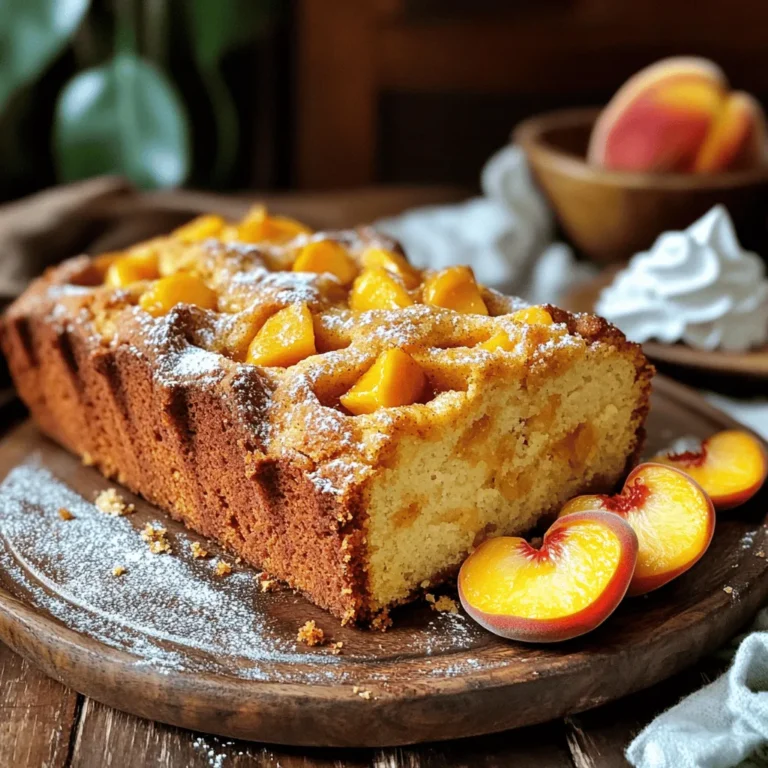 Für diesen saftigen Pfirsich Cobbler Gusskuchen brauchen wir einige Hauptzutaten. Hier ist die Liste: - 1 ½ Tassen Allzweckmehl - 1 Teelöffel Backpulver - ½ Teelöffel Natron - ¼ Teelöffel Salz - ½ Tasse ungesalzene Butter, weich - 1 Tasse Kristallzucker - 3 große Eier - 1 Teelöffel Vanilleextrakt - ½ Tasse Schmand - 1 Tasse frische Pfirsiche, geschält und gewürfelt - 1 Teelöffel Zimt - 1 Esslöffel brauner Zucker zum Bestreuen Diese Zutaten sind die Basis für einen leckeren Kuchen. Sie sorgen für Geschmack und Textur. Um diesen Kuchen zu backen, benötigen wir einige spezielle Backzutaten. Backpulver und Natron helfen beim Aufgehen des Kuchens. Das Salz verstärkt den Geschmack. Die Butter macht den Kuchen schön cremig. Der Schmand sorgt für die Feuchtigkeit. Wenn du frische Pfirsiche wählst, achte auf folgende Punkte: - Wähle reife, aber feste Pfirsiche. Sie sollten leicht nachgeben, wenn du sie drückst. - Achte auf eine schöne Farbe, meist gelb oder orange. - Vermeide Pfirsiche mit Druckstellen oder braunen Flecken. Frische, saftige Pfirsiche machen deinen Kuchen besonders lecker. Wenn du diese Tipps befolgst, wird dein Pfirsich Cobbler Gusskuchen unwiderstehlich! Für das vollständige Rezept, schau dir den [Full Recipe] an. Heize zuerst deinen Ofen auf 175°C vor. Das ist wichtig, damit der Kuchen gleichmäßig backt. Nimm eine 9x5 Zoll Kastenform. Fette die Form gut ein und bestäube sie mit Mehl oder lege sie mit Backpapier aus. Diese Schritte helfen, dass der Kuchen nicht kleben bleibt. Nun kommen wir zu den Zutaten. Du brauchst: - 1 ½ Tassen Allzweckmehl - 1 Teelöffel Backpulver - ½ Teelöffel Natron - ¼ Teelöffel Salz - ½ Tasse ungesalzene Butter, weich - 1 Tasse Kristallzucker - 3 große Eier - 1 Teelöffel Vanilleextrakt - ½ Tasse Schmand - 1 Tasse frische Pfirsiche, geschält und gewürfelt (oder abgetropfte Dosenpfirsiche) - 1 Teelöffel Zimt - 1 Esslöffel brauner Zucker zum Bestreuen In einer mittleren Schüssel mische das Mehl, Backpulver, Natron und Salz gut. Stelle diese Mischung beiseite. In einer großen Rührschüssel schlägst du die weiche Butter und den Kristallzucker mit einem elektrischen Mixer. Mische, bis die Mischung leicht und luftig ist. Das dauert etwa 3-4 Minuten. Jetzt füge die Eier nacheinander hinzu. Rühre nach jedem Ei gut um. Danach kommt der Vanilleextrakt dazu. Mische dann den Schmand unter die Butter-Ei-Mischung. Füge die trockenen Zutaten langsam dazu. Rühre auf niedriger Stufe, bis alles nur gerade so vermischt ist. Jetzt ist es Zeit für die frischen Pfirsiche und den Zimt. Falten diese vorsichtig in den Teig. So verteilen sie sich gleichmäßig. Gieße den Teig in die vorbereitete Kastenform. Glätte die Oberfläche mit einem Spatel. Bestreue die Teigoberfläche mit braunem Zucker. Das gibt eine süße Kruste. Jetzt kommt der große Moment: Backe den Kuchen im vorgeheizten Ofen für 55-65 Minuten. Du kannst testen, ob er fertig ist, indem du einen Zahnstocher in die Mitte steckst. Wenn er sauber herauskommt, ist der Kuchen perfekt gebacken. Nach dem Backen lasse den Kuchen etwa 10 Minuten in der Form abkühlen. Danach kannst du ihn auf ein Kuchengitter legen, um vollständig abzukühlen. So bleibt der Kuchen schön saftig. Für das vollständige Rezept schaue dir [Full Recipe] an. Um den perfekten Pfirsich Cobbler Pound Cake zu backen, gibt es einige wichtige Tipps. Erster Tipp: Verwende frische Pfirsiche, wenn möglich. Sie geben dem Kuchen den besten Geschmack. Wenn du Dosenpfirsiche benutzt, achte darauf, sie gut abzutropfen. Zweitens, die Butter sollte weich sein. Das hilft, eine luftige Textur zu erreichen. Ein weiterer wichtiger Punkt ist, den Teig nicht zu übermixen. Mische nur so lange, bis alles gut verbunden ist. Die Präsentation kann den Genuss steigern. Serviere die Kuchenscheiben auf einem schönen Teller. Garniere sie mit frischen Pfirsichscheiben und einer Prise Puderzucker. Ein Klecks Schlagsahne an der Seite macht es noch besser. Du kannst den Kuchen auch mit einer Karamellsauce oder einer Kugel Eis für einen besonderen Touch aufpeppen. Küchenpannen können jedem passieren. Wenn dein Kuchen nicht aufgeht, könnte die Backpulver- oder Natronmenge falsch sein. Überprüfe die Zutaten, bevor du wieder backst. Wenn der Kuchen zu trocken ist, kann es helfen, ihn mit etwas Sirup zu tränken. Bei einer zu feuchten Textur, lass den Kuchen länger im Ofen. Denke daran, dass Übung den Meister macht. Mit jedem Versuch wirst du besser! Für das vollständige Rezept schau dir die [Full Recipe] an. {{image_4}} Wenn frische Pfirsiche nicht verfügbar sind, keine Sorge! Sie können Dosenpfirsiche verwenden. Wählen Sie die in Sirup eingelegten Pfirsiche und lassen Sie sie gut abtropfen. Dadurch bleibt der Teig nicht zu feucht. Gefrorene Pfirsiche sind auch eine gute Wahl. Lassen Sie sie vorher auftauen und abtropfen. So haben Sie immer einen köstlichen Pfirsichgeschmack, egal zu welcher Jahreszeit. Für eine glutenfreie Variante tauschen Sie das Allzweckmehl gegen glutenfreies Mehl aus. Achten Sie darauf, eine Mischung zu wählen, die Xanthan enthält. Das gibt dem Kuchen die notwendige Struktur. Manchmal kann auch Mandelmehl eine gute Option sein. Beachten Sie jedoch, dass der Geschmack und die Textur leicht anders sein können. Um Ihren Pfirsich Cobbler Pound Cake aufzupeppen, probieren Sie verschiedene Toppings. Ein Klecks Schlagsahne verleiht dem Kuchen einen cremigen Geschmack. Sie können auch Vanilleeis dazu servieren. Für mehr Textur fügen Sie Nüsse hinzu, wie Pekannüsse oder Mandeln. Eine Prise Zimt oder Muskatnuss auf dem Teig kann ebenfalls für zusätzlichen Geschmack sorgen. Diese kleinen Änderungen machen den Kuchen noch besser! Um den Pfirsich Cobbler Pound Cake gut zu lagern, gibt es einfache Tipps. Bewahre den Kuchen in einem luftdichten Behälter auf. Das schützt vor Luft und Feuchtigkeit. Du kannst auch Frischhaltefolie nutzen. Wickel den Kuchen gut ein, damit er nicht austrocknet. Stelle ihn an einen kühlen Ort, aber nicht im Kühlschrank. Zu viel Kälte kann die Textur verändern. Um den Kuchen frisch zu halten, achte auf die richtige Lagerung. Lagere ihn bei Raumtemperatur. So bleibt er saftig und lecker. Wenn du ihn länger aufbewahren möchtest, kannst du ihn auch in den Kühlschrank stellen. Denke daran, ihn vor dem Servieren auf Raumtemperatur zu bringen. Wenn du den Kuchen für später aufbewahren möchtest, friere ihn ein. Lass den Kuchen zuerst vollständig abkühlen. Schneide ihn in Scheiben, um das Auftauen zu erleichtern. Wickel jede Scheibe in Frischhaltefolie. Lege die eingewickelten Stücke in einen gefrierfesten Beutel. So bleibt der Geschmack erhalten. Zum Auftauen kannst du die Scheiben einfach bei Raumtemperatur lassen. So ist der Kuchen schnell wieder bereit zum Genießen. Denke daran, dass der Kuchen bis zu drei Monate im Gefrierfach haltbar ist. Der Pfirsich Cobbler Gusskuchen bleibt frisch für bis zu fünf Tage. Lagern Sie ihn in einem luftdichten Behälter. So bleibt er saftig und lecker. Wenn Sie ihn länger aufbewahren möchten, können Sie ihn einfrieren. In der Gefriertruhe hält er bis zu drei Monate. Achten Sie darauf, ihn gut einzupacken, um Gefrierbrand zu vermeiden. Ja, Sie können Dosenpfirsiche verwenden. Achten Sie darauf, sie gut abzutropfen. Dosenpfirsiche sind oft süßer, also reduzieren Sie den Zucker im Rezept leicht. Der Geschmack bleibt trotzdem lecker. Die Konsistenz kann etwas anders sein, aber der Kuchen bleibt köstlich. Es gibt viele Wege, dieses Rezept zu ändern. Hier sind einige Ideen: - Früchte: Nutzen Sie andere Früchte wie Äpfel oder Beeren. - Gewürze: Fügen Sie Muskatnuss oder Ingwer hinzu, um den Geschmack zu variieren. - Nüsse: Geben Sie gehackte Nüsse für einen knusprigen Biss dazu. - Zucker: Experimentieren Sie mit braunem Zucker oder Honig für einen anderen Geschmack. Seien Sie kreativ! Jeder kann seinen eigenen Twist hinzufügen. Pfirsich Cobbler Gusskuchen ist einfach und lecker. Wir haben die besten Zutaten, die Zubereitungsschritte und Tipps für den perfekten Kuchen geteilt. Du kannst frische Pfirsiche oder glutenfreie Optionen nutzen. Es gibt viele Möglichkeiten, deinen Kuchen zu variieren und ihn frisch zu halten. Wenn du bei der Zubereitung in der Küche Probleme hast, weißt du jetzt, was zu tun ist. Probiere die Tipps aus und genieße deinen leckeren Kuchen!