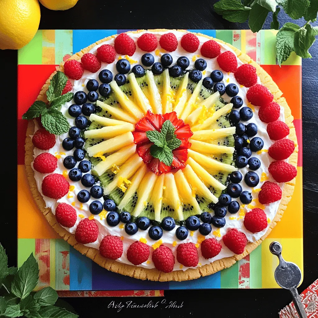 - 1 fertiger Zuckerkeksteig - 240 g Frischkäse, weich - 250 g gemischte frische Beeren Die Basis dieser Fruchtpizza ist ein Zuckerkeksteig. Du kannst ihn fertig kaufen oder selbst machen. Der Frischkäse sorgt für eine cremige Schicht auf dem Keksteig. Die gemischten Beeren bringen frische und Farbe. Du kannst Erdbeeren, Himbeeren und Heidelbeeren verwenden. - 1 reife Kiwi - 1 Banane - Frische Minzblätter Für die Dekoration sind Kiwi und Banane perfekt. Sie bringen zusätzliche Farben und Geschmäcker. Frische Minzblätter geben der Pizza einen tollen Duft. Diese Zutaten helfen, die Regenbogenoptik zu vollenden. - Kalorien pro Portion - Vitamine und Mineralien in den verwendeten Früchten Diese Pizza hat viele Vitamine. Die Beeren sind reich an Antioxidantien. Kiwi und Banane liefern wichtige Mineralien. Eine Portion hat etwa 200 Kalorien. Das macht die Fruchtpizza zu einem leckeren und gesunden Snack. Sie ist perfekt für Feste oder als süße Belohnung. Heize deinen Ofen auf 175 °C vor. Nimm den Zuckerkeksteig und rolle ihn auf einem Backblech aus, das du vorher mit Backpapier ausgelegt hast. Mache einen großen Kreis, etwa 1,5 cm dick. Backe den Keksteig für 10 bis 12 Minuten. Achte darauf, dass er leicht goldbraun wird. Lass den Keksteig dann vollständig auf einem Kuchengitter abkühlen. So bleibt er knusprig und lecker. Für die Frischkäse-Schicht benötigst du: - 240 g weichen Frischkäse - 60 g Puderzucker - 1 Teelöffel Vanilleextrakt Gib alle Zutaten in eine Rührschüssel. Verwende einen Handmixer oder einen Schneebesen, um die Mischung glatt und cremig zu schlagen. Achte darauf, dass keine Klumpen bleiben. Sobald der Keksteig abgekühlt ist, verteile die cremige Frischkäsemasse gleichmäßig über die Oberfläche. Jetzt kommt der kreative Teil! Arrange die gemischten Beeren, die Kiwi-, Banane- und Ananasstücke in einer schönen Regenbogenform auf der Frischkäse-Schicht. Das sieht nicht nur toll aus, sondern schmeckt auch frisch und fruchtig. Tipp: Streue etwas abgeriebene Zitronenschale über die Früchte. Das gibt einen tollen Akzent und sorgt für eine frische Note. Optional kannst du die Pizza für 30 Minuten in den Kühlschrank stellen, damit sich die Aromen entfalten. Das ist die Schritt-für-Schritt-Anleitung, um deine Regenbogen-Fruchtpizza zuzubereiten. Für das komplette Rezept, schau dir die [Full Recipe] an. Achte beim Backen genau auf die Zeit. Der Zuckerkeksteig braucht etwa 10-12 Minuten. Überwache den Garvorgang durch einen Blick in den Ofen. Die Pizza ist perfekt, wenn sie leicht goldbraun ist. Die Konsistenz sollte fest, aber nicht hart sein. Nutze saisonale Früchte für frische Aromen. Im Sommer sind Erdbeeren und Himbeeren toll. Im Winter kann man auf Äpfel und Orangen zurückgreifen. Berücksichtige Allergien und Unverträglichkeiten bei der Auswahl. Eine gute Idee ist, die Früchte vorher zu waschen und zu schneiden. Präsentiere die Regenbogen-Fruchtpizza auf einem bunten Holzbrett. Schneide die Pizza in Spalten für eine einfache Portionierung. Verziere die Pizza mit essbaren Blumen für einen schönen Look. Minzblätter sind auch eine großartige Idee zur Dekoration. Sei kreativ und denke an verschiedene Farben und Formen. Für die genaue Zubereitung, schau dir das Full Recipe an. {{image_4}} Um eine vegane Variante zu machen, benutzen Sie pflanzliche Alternativen. Statt Frischkäse verwenden Sie veganen Frischkäse. Dieser hat oft einen ähnlichen Geschmack und eine ähnliche Konsistenz. Auch eine Mischung aus pürierten Cashews kann eine tolle Wahl sein. Für den Teig können Sie glutenfreies Mehl verwenden. Mischen Sie es mit pflanzlicher Butter und einem Ei-Ersatz. So bleibt die Pizza lecker und farbenfroh. Wenn Sie Schokolade lieben, fügen Sie einfach Schokoladensoße hinzu. Diese können Sie über die Frischkäse-Schicht träufeln. Alternativ können Sie auch Schokoladenstückchen verwenden. Diese können Sie direkt auf die Früchte streuen. Die Kombination aus fruchtiger Süße und Schokolade ist köstlich. Sie können auch verschiedene Geschmäcker kombinieren. Probieren Sie z.B. Erdbeeren mit dunkler Schokolade oder Banane mit Milchschokolade. Für eine kleine Portion können Sie Mini-Fruchtpizzas machen. Verwenden Sie kleine Kekse oder ausgerollten Teig. Stechen Sie mit Keksformen kleine Kreise aus. Dies ist perfekt für Kinder oder als Snack. Die Zubereitung bleibt gleich, aber die Präsentation wird süß und einladend. Sie können die Mini-Pizzas auch bunt dekorieren. So macht es Spaß, sie zu essen und zu teilen. Um deine Regenbogen-Fruchtpizza frisch zu halten, lege sie in den Kühlschrank. Der Kühlschrank ist der beste Ort, um sie kühl zu halten. Verwende Frischhaltefolie oder einen luftdichten Behälter. So bleibt die Pizza saftig und die Farben leuchtend. Achte darauf, dass die Pizza gut eingepackt ist, um Gerüche zu vermeiden. Die ideale Lagerzeit für die Regenbogen-Fruchtpizza beträgt etwa 2 bis 3 Tage. Nach dieser Zeit kann die Frucht ihre Frische verlieren. Achte auf Anzeichen für Verderb. Wenn die Früchte matschig werden oder die Creme einen unangenehmen Geruch hat, ist es besser, sie nicht mehr zu essen. Wenn du Reste hast, kannst du kreativ werden. Verwende die übrig gebliebenen Früchte für Smoothies oder Frühstücks-Bowls. Du kannst auch die Frischkäsemasse als Brotaufstrich nutzen. Eine weitere Idee ist, die Reste in Muffinformen zu füllen und kleine Fruchtpizzas zu backen. So genießt du die Farben und den Geschmack noch einmal. Die Regenbogen-Fruchtpizza hält sich gut im Kühlschrank. Sie bleibt frisch für 2 bis 3 Tage. Lagern Sie sie in einem luftdichten Behälter. Dies hilft, die Aromen zu bewahren. Die ideale Temperatur ist unter 5 °C. Achten Sie darauf, dass keine anderen stark riechenden Lebensmittel in der Nähe sind. So bleibt der Geschmack klar und frisch. Ja, Sie können den Zuckerkeksteig selbst machen! Ein einfaches Rezept ist schnell zubereitet. Mischen Sie 200 g Mehl, 100 g Zucker, 1 Ei, 100 g Butter und eine Prise Salz. Kneten Sie den Teig gut durch und lassen Sie ihn 30 Minuten im Kühlschrank ruhen. Danach können Sie ihn ausrollen und backen. So haben Sie einen frischen Teig für Ihre Regenbogen-Fruchtpizza. Für die Regenbogen-Fruchtpizza sind verschiedene Früchte ideal. Hier sind einige meiner Favoriten: - Erdbeeren - Heidelbeeren - Himbeeren - Kiwi - Banane - Ananas Diese Früchte bringen Farbe und Geschmack. Sie sind süß und frisch. Fühlen Sie sich frei, auch saisonale Früchte zu verwenden. So bleibt die Pizza abwechslungsreich und lecker. Ja, es gibt glutenfreie Alternativen. Verwenden Sie glutenfreies Mehl für den Teig. Es gibt auch fertige glutenfreie Zuckerkeksteige. Achten Sie beim Kauf auf die Zutatenliste. So vermeiden Sie Gluten. Auch die Frischkäse-Mischung ist meist glutenfrei. So können alle die Regenbogen-Fruchtpizza genießen! Die Regenbogen-Fruchtpizza ist einfach und macht großen Spaß. Mit einem Zuckerkeksteig, Frischkäse und frischen Früchten kannst du eine bunte Delikatesse zaubern. Du hast gelernt, wie man die Pizza zubereitet und Ideen für Variationen gesammelt. Egal, ob vegan oder schokoladig, die Möglichkeiten sind vielfältig. Denke daran, die Pizza kühl zu lagern und Reste kreativ zu nutzen. Jetzt bist du bereit, Spaß in der Küche zu haben und deine Familie oder Freunde zu beeindrucken!