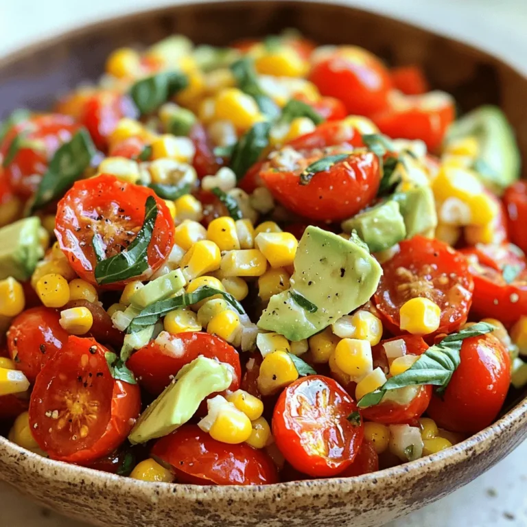 - 2 Tassen Kirschtomaten, halbiert - 1 Tasse frische Maiskörner (oder abgetropft aus der Dose) - 1 rote Paprika, gewürfelt - 1 kleine rote Zwiebel, fein gehackt - 1 Avocado, gewürfelt - 1/4 Tasse frische Basilikumblätter, gehackt Die Hauptzutaten für meinen gerösteten Tomaten-Mais-Salat sind frisch und voll von Geschmack. Kirschtomaten sind süß und saftig. Sie bringen Farbe und Frische. Frische Maiskörner fügen eine knackige Textur hinzu. Sie können frischen Mais verwenden oder Dosenmais nehmen. Rote Paprika bringt Süße und Knackigkeit. Rote Zwiebeln geben einen tollen Biss. Avocado sorgt für Cremigkeit und einen reichhaltigen Geschmack. Basilikum rundet das Ganze mit seinem frischen Aroma ab. - 2 Esslöffel Olivenöl - 1 Esslöffel Balsamicoessig - Salz und Pfeffer nach Geschmack Das Dressing ist einfach, aber sehr schmackhaft. Olivenöl bringt eine glatte Textur. Balsamicoessig fügt eine süß-saure Note hinzu. Mit Salz und Pfeffer wird der Geschmack verstärkt. Dieses einfache Dressing hebt die Aromen der Zutaten hervor. Um das volle Rezept zu sehen, schau dir den Abschnitt "Full Recipe" an. Heizen Sie Ihren Ofen auf 200°C vor. Dies sorgt für eine gleichmäßige Röstung. Während der Ofen vorheizt, bereiten Sie das Gemüse vor. Schneiden Sie die Kirschtomaten in zwei Hälften. Wenn Sie frische Maiskörner verwenden, schälen Sie den Mais und schneiden ihn ab. Würfeln Sie die rote Paprika und hacken Sie die rote Zwiebel fein. Diese Schritte sind wichtig, um die Aromen optimal zu entfalten. Verteilen Sie die halbierten Tomaten und die frischen Maiskörner gleichmäßig auf einem Backblech. Beträufeln Sie das Gemüse mit einem Esslöffel Olivenöl. Würzen Sie es mit Salz und Pfeffer nach Geschmack. Wenden Sie die Zutaten gut, damit sie gleichmäßig bedeckt sind. Rösten Sie das Ganze im Ofen für 20 bis 25 Minuten. Achten Sie darauf, das Gemüse während des Röstens einmal umzurühren. So wird alles schön goldbraun und zart. Während das Gemüse röstet, ist es Zeit für das Dressing. Nehmen Sie eine kleine Schüssel und geben Sie das restliche Olivenöl und den Balsamicoessig hinein. Rühren Sie die Zutaten gut um, bis sie gut vermischt sind. Das Dressing gibt dem Salat Frische und Geschmack. In einer großen Schüssel kombinieren Sie die gerösteten Tomaten, den Mais, die gewürfelte Paprika, die gehackte Zwiebel, die Avocado und das Basilikum. Träufeln Sie dann das vorbereitete Dressing über den Salat. Mischen Sie alles vorsichtig, damit die Zutaten gleichmäßig verteilt sind. Passen Sie die Würzung an, indem Sie mehr Salz und Pfeffer hinzufügen, falls nötig. Dieser Salat ist frisch und nahrhaft. Für das gesamte Rezept, schauen Sie sich das vollständige Rezept an. - Optimale Backzeit: Rösten Sie die Kirschtomaten und den Mais für 20 bis 25 Minuten. So bekommen die Tomaten eine schöne Farbe und der Mais wird zart. Überprüfen Sie die Röstung regelmäßig. Rühren Sie die Zutaten um, damit sie gleichmäßig garen. - Hochwertige Zutaten verwenden: Nehmen Sie frische Kirschtomaten und süße Maiskörner. Diese Zutaten machen den Salat besonders lecker. Hochwertige Produkte sorgen für den besten Geschmack. - Anpassungen nach Geschmack: Sie können den Salat nach Ihrem Wunsch würzen. Fügen Sie mehr Salz oder Pfeffer hinzu, wenn Sie es mögen. Probieren Sie es einfach aus, bis es perfekt ist. - Weitere Gewürze und Kräuter: Frische Kräuter machen den Salat lebendig. Experimentieren Sie mit Oregano oder Petersilie. Sie können auch einen Spritzer Zitrone für mehr Frische hinzufügen. - Ideale Beilagen: Servieren Sie den Salat mit gegrilltem Hähnchen oder Fisch. Er passt auch gut zu Sandwiches oder Wraps. - Passende Getränke: Ein kühles Glas Weißwein oder Wasser mit Zitrone ergänzt den Salat perfekt. Diese Getränke steigern das Geschmackserlebnis. Für die vollständige Zubereitung schauen Sie sich das Full Recipe an. {{image_4}} Um den gerösteten Tomaten-Mais-Salat noch besser zu machen, können Sie zusätzliche Zutaten hinzufügen. Feta-Käse oder Mozzarella bringen eine cremige Textur. Diese Käsesorten passen gut zu den süßen Tomaten und dem zarten Mais. Sie können auch andere Gemüsearten verwenden. Gegrillte Zucchini oder Paprika geben dem Salat mehr Geschmack. Karotten oder Gurken sorgen für zusätzlichen Crunch. Seien Sie kreativ mit dem, was Sie mögen! Wenn Sie eine vegane oder glutenfreie Option wünschen, ist das einfach. Ersetzen Sie das Balsamico-Dressing durch ein einfaches Zitronen-Olivenöl-Dressing. Mischen Sie dafür frischen Zitronensaft mit Olivenöl. Dies gibt dem Salat einen frischen Geschmack, ohne tierische Produkte. Passen Sie den Salat je nach Jahreszeit an. Im Sommer sind frische Tomaten und Mais am besten. Im Herbst können Sie Kürbis oder Rüben hinzufügen. Im Winter sind geröstete Wurzelgemüse eine tolle Wahl. Nutzen Sie das, was gerade Saison hat. So bleibt der Salat frisch und lecker. Um deinen gerösteten Tomaten-Mais-Salat frisch zu halten, lagere ihn in einem luftdichten Behälter. Dies schützt den Salat vor dem Austrocknen und Gerüchen aus dem Kühlschrank. Der Salat bleibt so bis zu drei Tage frisch. Achte darauf, die Avocado erst kurz vor dem Servieren hinzuzufügen. Sie kann sonst braun werden und den Geschmack beeinträchtigen. Du kannst viele Zutaten im Voraus vorbereiten. Röste die Tomaten und den Mais am Tag davor. Lass sie abkühlen und stelle sie in den Kühlschrank. Du kannst auch die Paprika, Zwiebel und Basilikum schneiden. Diese Schritte machen das Kochen einfacher. Mische alles kurz vor dem Servieren. So bleiben die Aromen frisch und knackig. Eingefroren ist der Salat nicht ideal, da die frischen Zutaten ihre Textur verlieren. Du kannst aber die gerösteten Tomaten und den Mais separat einfrieren. Achte darauf, sie gut zu verpacken. Wenn du sie benutzen möchtest, tau sie einfach im Kühlschrank auf. Kombiniere sie dann mit frischen Zutaten für einen leckeren Salat. Der geröstete Tomaten-Mais-Salat hält sich im Kühlschrank etwa drei Tage. Um die Frische zu bewahren, bewahre ihn in einem luftdichten Behälter auf. Achte darauf, dass das Gemüse gut abgekühlt ist, bevor du es in den Kühlschrank stellst. So vermeidest du Feuchtigkeit, die den Salat matschig machen kann. Ja, du kannst den Salat im Voraus zubereiten. Röste die Tomaten und den Mais, lass sie abkühlen und kombiniere sie mit den anderen Zutaten. Bewahre den Salat ohne Dressing im Kühlschrank auf. Mische das Dressing erst kurz vor dem Servieren hinzu. So bleibt der Salat frisch und knackig. Es gibt viele Möglichkeiten, diesen Salat zu variieren. Du kannst Feta-Käse oder Mozzarella hinzufügen, um ihn cremiger zu machen. Andere Gemüse wie Gurken oder Radieschen passen ebenfalls gut dazu. Für einen extra Crunch kannst du Nüsse oder Samen hinzufügen. Probiere auch verschiedene Kräuter wie Petersilie oder Koriander aus. Ja, dieser Salat ist glutenfrei und vegan. Er enthält keine tierischen Produkte oder Gluten. Wenn du den Balsamico-Essig durch einen anderen Essig ersetzt, bleibt er auch für verschiedene Geschmäcker geeignet. Diese Flexibilität macht den Salat ideal für viele Diäten. Zusammenfassend haben wir frische Zutaten für den Salat und ein einfaches Rezept behandelt. Der Röstprozess und das Dressing machen ihn besonders lecker. Wichtig sind auch Tipps zur Lagerung und Variationen. Egal, ob du ihn alleine genießt oder mit Freunden teilst, dieser Salat bringt Freude. Experimentiere mit verschiedenen Zutaten, um deinen perfekten Salat zu finden. Kreativität in der Küche zahlt sich aus!