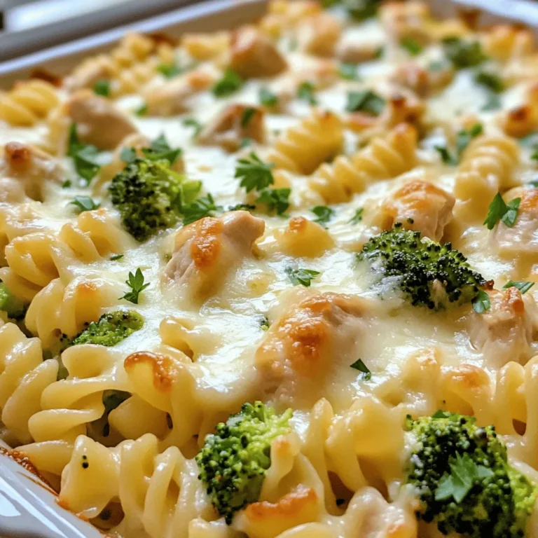 - 3 Tassen gekochte Rotini-Pasta - 2 Tassen gekochtes Hähnchenbrustfilet, gewürfelt - 2 Tassen Alfredo-Soße - 1 Teelöffel Knoblauchpulver - 1 Teelöffel italienische Gewürzmischung - Salz und Pfeffer nach Geschmack - 1 Tasse geriebener Mozzarella-Käse - 1 Tasse geriebener Parmesan-Käse - Frische Petersilie zum Garnieren Für dieses leckere Easy Chicken Alfredo Bake brauchst du einige einfache Zutaten. Zuerst benötigst du die Hauptzutaten. Die gekochte Rotini-Pasta bildet die Basis. Sie ist perfekt, um die cremige Soße zu halten. Das gewürfelte Hähnchenbrustfilet sorgt für die nötige Proteinquelle. Die Alfredo-Soße gibt dem Gericht seinen tollen Geschmack. Zusätzlich kommen einige Gewürze ins Spiel. Knoblauchpulver und italienische Gewürzmischung bringen mehr Aroma. Du kannst die Menge von Salz und Pfeffer anpassen, um den Geschmack nach deinem Wunsch zu verändern. Für den perfekten Belag sind Käse ein Muss. Mozzarella und Parmesan sorgen für eine goldene, knusprige Kruste. Frische Petersilie ist nicht nur lecker, sondern sieht auch schön aus. Sie gibt dem Gericht den letzten Schliff. Das sind alle Zutaten, die du für dein Easy Chicken Alfredo Bake brauchst. Du kannst alles in der kurzen Zeit zusammenstellen. Die genaue Anleitung findest du im Full Recipe. - Ofen vorheizen auf 175°C (350°F) - In einer großen Rührschüssel die gekochte Rotini-Pasta, das gewürfelte Hähnchen, die Brokkoli-Röschen, das Knoblauchpulver, die italienische Gewürzmischung sowie Salz und Pfeffer vermengen. Mischen Sie alles gut, bis es gleichmäßig verteilt ist. - Gießen Sie die Alfredo-Soße über die Pasta-Mischung. - Rühren Sie gut durch, bis alles gleichmäßig mit der Soße bedeckt ist. Diese Mischung sorgt für einen tollen Geschmack. - Übertragen Sie die Mischung in eine gefettete Auflaufform (ca. 23x33 cm). - Bestreuen Sie die oberste Schicht gleichmäßig mit dem geriebenen Mozzarella- und Parmesan-Käse. - Decken Sie die Auflaufform mit Aluminiumfolie ab. Backen Sie das Gericht im vorgeheizten Ofen für 25 Minuten. - Nach 25 Minuten entfernen Sie die Folie. Backen Sie das Gericht weitere 10-15 Minuten, bis der Käse sprudelnd und goldbraun ist. - Lassen Sie den Auflauf einige Minuten abkühlen. Garnieren Sie ihn mit gehackter Petersilie für einen frischen Touch. Wie man Pasta perfekt kocht Um Pasta richtig zu kochen, benutze viel Wasser. Füge Salz hinzu, bevor du die Pasta reingibst. Koche sie, bis sie al dente ist. Das bedeutet, sie sollte leicht fest sein. Probiere die Pasta immer, um sicherzustellen, dass sie gut ist. Wie man die Alfredo-Soße selbst macht Eine einfache Alfredo-Soße besteht aus Butter, Sahne und Käse. Schmelze 1/2 Tasse Butter in einem Topf. Füge dann 1 Tasse Sahne hinzu und lasse es kurz köcheln. Rühre langsam 1 Tasse frisch geriebenen Parmesan-Käse ein. Mische, bis der Käse schmilzt. Überwachung der Backzeit für perfekte Bräunung Beobachte die Zeit genau, wenn du den Auflauf backst. Nach 25 Minuten decke ihn mit Folie ab. So bleibt der Käse weich. Entferne die Folie nach 25 Minuten, um eine goldbraune Kruste zu erzielen. Verwendung von Aluminiumfolie während des Backens Aluminiumfolie hilft, die Hitze gleichmäßig zu verteilen. Sie verhindert auch, dass der Käse zu schnell bräunt. So bleibt der Auflauf saftig und lecker. Beste Beilagen für das Gericht Ein einfacher grüner Salat passt gut zu diesem Auflauf. Du kannst auch Knoblauchbrot oder geröstetes Gemüse servieren. Diese Beilagen ergänzen den Geschmack. Anrichten für eine schöne Präsentation Serviere den Auflauf auf einem großen Teller. Garniere ihn mit frischer Petersilie. Das bringt Farbe auf den Tisch und sieht toll aus. {{image_4}} Sie können für diesen Auflauf viele verschiedene Gemüse verwenden. Paprika, Zucchini oder Spinat passen gut. Frisches Gemüse hat oft mehr Geschmack. Gefrorenes Gemüse spart Zeit und ist praktisch. Beide Optionen sind lecker und gesund. Wenn Sie kein Hähnchen mögen, probieren Sie Putenbrust oder Tofu. Beide Optionen sind proteinreich und schmackhaft. Sie können auch Bohnen oder Kichererbsen hinzufügen. Diese sorgen für einen guten Biss und sind nahrhaft. Die Alfredo-Soße ist klassisch, aber es gibt Varianten. Verwenden Sie eine leichte Soße für weniger Kalorien. Selbstgemachte Soßen sind eine tolle Option. Sie können frische Kräuter oder Gewürze hinzufügen, um den Geschmack zu verbessern. Um den Auflauf richtig zu kühlen, lasse ihn zuerst auf Raumtemperatur abkühlen. Danach packe ihn in einen luftdichten Behälter. So bleibt er frisch. Verwende Behälter mit gut schließendem Deckel. So vermeidest du, dass Luft eindringt. Das hilft, den Geschmack zu bewahren. Um den Auflauf aufzuwärmen, nutze den Ofen oder die Mikrowelle. Bei der Ofenmethode heize ihn auf 175°C vor. Decke den Auflauf mit Folie ab, damit er nicht austrocknet. Bei der Mikrowelle erwärmst du ihn in kurzen Intervallen. Prüfe nach jeder Minute, ob er warm ist. So bleibt der Auflauf saftig. Im Kühlschrank hält der Auflauf etwa drei bis vier Tage. Achte darauf, ihn gut verpackt zu halten. Für längere Lagerung kannst du ihn einfrieren. In der Tiefkühltruhe bleibt er bis zu drei Monate frisch. Achte darauf, ihn in portionsgerechte Stücke zu teilen. So kannst du nur das aufwärmen, was du brauchst. Die Zubereitung ist schnell und einfach. Die Vorbereitungszeit beträgt etwa 15 Minuten. Die Kochzeit im Ofen liegt bei 35 bis 40 Minuten. Das macht insgesamt 50 Minuten. So können Sie nach einem langen Tag schnell ein warmes Essen genießen. Ja, Sie können den Auflauf im Voraus machen. Bereiten Sie ihn einfach bis zum Backen vor. Decken Sie die Form mit Folie ab und stellen Sie sie in den Kühlschrank. So bleibt der Auflauf frisch. Sie können ihn auch bis zu zwei Tage im Voraus zubereiten. Wenn Sie bereit sind zu essen, heizen Sie den Ofen vor und backen Sie ihn. Für zusätzlichen Geschmack können Sie verschiedene Käsesorten verwenden. Statt Mozzarella können Sie auch Gouda oder Cheddar verwenden. Parmesan kann durch Pecorino ersetzt werden. Diese Käsesorten bringen neue Aromen in das Gericht. Experimentieren Sie mit verschiedenen Kombinationen für einen einzigartigen Geschmack. Der Auflauf aus Rotini-Pasta und Hähnchen ist einfach und lecker. Wir haben die Zutaten, Schritt-für-Schritt-Anleitung und viele nützliche Tipps besprochen. Variiere die Rezepte nach deinem Geschmack. Denke daran, den Auflauf gut zu lagern und aufzuwärmen. Mit frischen Beilagen wird das Gericht zum Hit. So kannst du jedem ein schmackhaftes Essen bieten. Probiere es aus und genieße das Kochen!