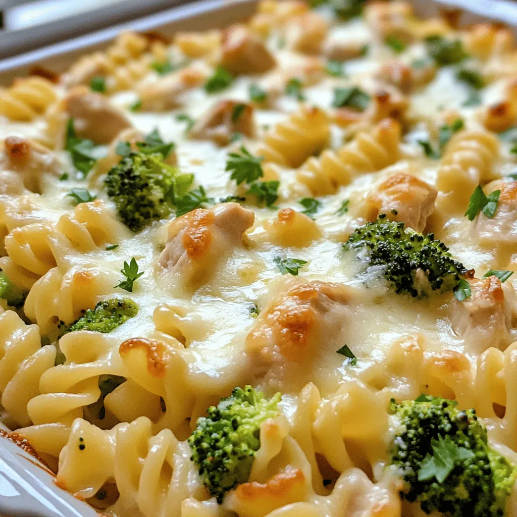 - 3 Tassen gekochte Rotini-Pasta - 2 Tassen gekochtes Hähnchenbrustfilet, gewürfelt - 2 Tassen Alfredo-Soße - 1 Teelöffel Knoblauchpulver - 1 Teelöffel italienische Gewürzmischung - Salz und Pfeffer nach Geschmack - 1 Tasse geriebener Mozzarella-Käse - 1 Tasse geriebener Parmesan-Käse - Frische Petersilie zum Garnieren Für dieses leckere Easy Chicken Alfredo Bake brauchst du einige einfache Zutaten. Zuerst benötigst du die Hauptzutaten. Die gekochte Rotini-Pasta bildet die Basis. Sie ist perfekt, um die cremige Soße zu halten. Das gewürfelte Hähnchenbrustfilet sorgt für die nötige Proteinquelle. Die Alfredo-Soße gibt dem Gericht seinen tollen Geschmack. Zusätzlich kommen einige Gewürze ins Spiel. Knoblauchpulver und italienische Gewürzmischung bringen mehr Aroma. Du kannst die Menge von Salz und Pfeffer anpassen, um den Geschmack nach deinem Wunsch zu verändern. Für den perfekten Belag sind Käse ein Muss. Mozzarella und Parmesan sorgen für eine goldene, knusprige Kruste. Frische Petersilie ist nicht nur lecker, sondern sieht auch schön aus. Sie gibt dem Gericht den letzten Schliff. Das sind alle Zutaten, die du für dein Easy Chicken Alfredo Bake brauchst. Du kannst alles in der kurzen Zeit zusammenstellen. Die genaue Anleitung findest du im Full Recipe. - Ofen vorheizen auf 175°C (350°F) - In einer großen Rührschüssel die gekochte Rotini-Pasta, das gewürfelte Hähnchen, die Brokkoli-Röschen, das Knoblauchpulver, die italienische Gewürzmischung sowie Salz und Pfeffer vermengen. Mischen Sie alles gut, bis es gleichmäßig verteilt ist. - Gießen Sie die Alfredo-Soße über die Pasta-Mischung. - Rühren Sie gut durch, bis alles gleichmäßig mit der Soße bedeckt ist. Diese Mischung sorgt für einen tollen Geschmack. - Übertragen Sie die Mischung in eine gefettete Auflaufform (ca. 23x33 cm). - Bestreuen Sie die oberste Schicht gleichmäßig mit dem geriebenen Mozzarella- und Parmesan-Käse. - Decken Sie die Auflaufform mit Aluminiumfolie ab. Backen Sie das Gericht im vorgeheizten Ofen für 25 Minuten. - Nach 25 Minuten entfernen Sie die Folie. Backen Sie das Gericht weitere 10-15 Minuten, bis der Käse sprudelnd und goldbraun ist. - Lassen Sie den Auflauf einige Minuten abkühlen. Garnieren Sie ihn mit gehackter Petersilie für einen frischen Touch. Wie man Pasta perfekt kocht Um Pasta richtig zu kochen, benutze viel Wasser. Füge Salz hinzu, bevor du die Pasta reingibst. Koche sie, bis sie al dente ist. Das bedeutet, sie sollte leicht fest sein. Probiere die Pasta immer, um sicherzustellen, dass sie gut ist. Wie man die Alfredo-Soße selbst macht Eine einfache Alfredo-Soße besteht aus Butter, Sahne und Käse. Schmelze 1/2 Tasse Butter in einem Topf. Füge dann 1 Tasse Sahne hinzu und lasse es kurz köcheln. Rühre langsam 1 Tasse frisch geriebenen Parmesan-Käse ein. Mische, bis der Käse schmilzt. Überwachung der Backzeit für perfekte Bräunung Beobachte die Zeit genau, wenn du den Auflauf backst. Nach 25 Minuten decke ihn mit Folie ab. So bleibt der Käse weich. Entferne die Folie nach 25 Minuten, um eine goldbraune Kruste zu erzielen. Verwendung von Aluminiumfolie während des Backens Aluminiumfolie hilft, die Hitze gleichmäßig zu verteilen. Sie verhindert auch, dass der Käse zu schnell bräunt. So bleibt der Auflauf saftig und lecker. Beste Beilagen für das Gericht Ein einfacher grüner Salat passt gut zu diesem Auflauf. Du kannst auch Knoblauchbrot oder geröstetes Gemüse servieren. Diese Beilagen ergänzen den Geschmack. Anrichten für eine schöne Präsentation Serviere den Auflauf auf einem großen Teller. Garniere ihn mit frischer Petersilie. Das bringt Farbe auf den Tisch und sieht toll aus. {{image_4}} Sie können für diesen Auflauf viele verschiedene Gemüse verwenden. Paprika, Zucchini oder Spinat passen gut. Frisches Gemüse hat oft mehr Geschmack. Gefrorenes Gemüse spart Zeit und ist praktisch. Beide Optionen sind lecker und gesund. Wenn Sie kein Hähnchen mögen, probieren Sie Putenbrust oder Tofu. Beide Optionen sind proteinreich und schmackhaft. Sie können auch Bohnen oder Kichererbsen hinzufügen. Diese sorgen für einen guten Biss und sind nahrhaft. Die Alfredo-Soße ist klassisch, aber es gibt Varianten. Verwenden Sie eine leichte Soße für weniger Kalorien. Selbstgemachte Soßen sind eine tolle Option. Sie können frische Kräuter oder Gewürze hinzufügen, um den Geschmack zu verbessern. Um den Auflauf richtig zu kühlen, lasse ihn zuerst auf Raumtemperatur abkühlen. Danach packe ihn in einen luftdichten Behälter. So bleibt er frisch. Verwende Behälter mit gut schließendem Deckel. So vermeidest du, dass Luft eindringt. Das hilft, den Geschmack zu bewahren. Um den Auflauf aufzuwärmen, nutze den Ofen oder die Mikrowelle. Bei der Ofenmethode heize ihn auf 175°C vor. Decke den Auflauf mit Folie ab, damit er nicht austrocknet. Bei der Mikrowelle erwärmst du ihn in kurzen Intervallen. Prüfe nach jeder Minute, ob er warm ist. So bleibt der Auflauf saftig. Im Kühlschrank hält der Auflauf etwa drei bis vier Tage. Achte darauf, ihn gut verpackt zu halten. Für längere Lagerung kannst du ihn einfrieren. In der Tiefkühltruhe bleibt er bis zu drei Monate frisch. Achte darauf, ihn in portionsgerechte Stücke zu teilen. So kannst du nur das aufwärmen, was du brauchst. Die Zubereitung ist schnell und einfach. Die Vorbereitungszeit beträgt etwa 15 Minuten. Die Kochzeit im Ofen liegt bei 35 bis 40 Minuten. Das macht insgesamt 50 Minuten. So können Sie nach einem langen Tag schnell ein warmes Essen genießen. Ja, Sie können den Auflauf im Voraus machen. Bereiten Sie ihn einfach bis zum Backen vor. Decken Sie die Form mit Folie ab und stellen Sie sie in den Kühlschrank. So bleibt der Auflauf frisch. Sie können ihn auch bis zu zwei Tage im Voraus zubereiten. Wenn Sie bereit sind zu essen, heizen Sie den Ofen vor und backen Sie ihn. Für zusätzlichen Geschmack können Sie verschiedene Käsesorten verwenden. Statt Mozzarella können Sie auch Gouda oder Cheddar verwenden. Parmesan kann durch Pecorino ersetzt werden. Diese Käsesorten bringen neue Aromen in das Gericht. Experimentieren Sie mit verschiedenen Kombinationen für einen einzigartigen Geschmack. Der Auflauf aus Rotini-Pasta und Hähnchen ist einfach und lecker. Wir haben die Zutaten, Schritt-für-Schritt-Anleitung und viele nützliche Tipps besprochen. Variiere die Rezepte nach deinem Geschmack. Denke daran, den Auflauf gut zu lagern und aufzuwärmen. Mit frischen Beilagen wird das Gericht zum Hit. So kannst du jedem ein schmackhaftes Essen bieten. Probiere es aus und genieße das Kochen!