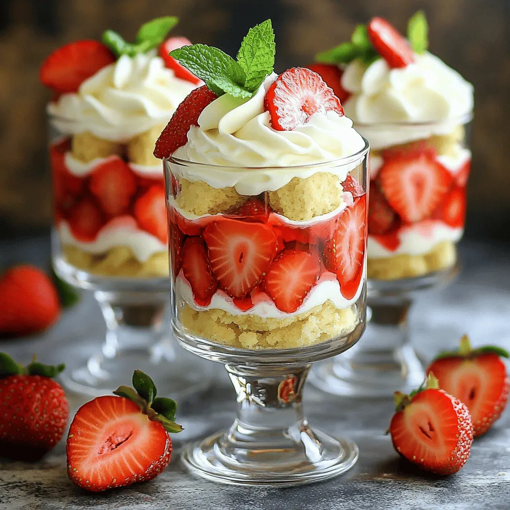 Um die Mini Strawberry Shortcake Trifles zuzubereiten, brauchen wir einige einfache Zutaten. Hier ist die Liste der benötigten Zutaten: - 1 Pfund frische Erdbeeren - 2 Esslöffel Kristallzucker - 2 Tassen Schlagsahne - 1/2 Tasse Puderzucker - 1 Teelöffel Vanilleextrakt - 1 Packung Vanille- oder Biskuitkuchenmischung - Minzblätter zur Garnitur Die Erdbeeren sind der Star dieses Desserts. Wähle die besten Erdbeeren aus. Du möchtest frische und saftige Erdbeeren, die süß und rot sind. Der Kristallzucker hilft, die Erdbeeren zu süßen und ihren natürlichen Saft freizusetzen. Die Schlagsahne gibt den Trifles eine luftige Textur. Der Puderzucker macht die Sahne süßer, und der Vanilleextrakt bringt einen tollen Geschmack. Die Kuchenmischung sorgt für die Basis. Du kannst auch einen selbstgemachten Kuchen verwenden, wenn du möchtest. Minzblätter sind eine schöne Garnitur. Sie fügen Farbe und einen frischen Geschmack hinzu. Das ist eine tolle Möglichkeit, um deine Trifles ansprechend zu präsentieren. Bereite alle Zutaten vor, bevor du anfängst zu schichten. So wird der Prozess einfach und schnell. Wenn du mehr über die Zubereitung erfahren möchtest, schau dir das [Full Recipe] an. Zuerst nehme ich 1 Pfund frische Erdbeeren. Ich entkerne sie und schneide sie in Scheiben. Dann gebe ich die Erdbeeren in eine Schüssel. Ich vermenge sie mit 2 Esslöffeln Kristallzucker. Die Erdbeeren müssen jetzt etwa 15 Minuten marinieren. Die Zeit hilft, den Saft freizusetzen. Das gibt einen köstlichen Geschmack. Jetzt bereite ich die Kuchenmischung vor. Ich benutze eine Packung Vanille- oder Biskuitkuchenmischung. Ich folge den Anweisungen auf der Verpackung. Der Kuchen muss gut backen und abkühlen. Nach dem Abkühlen schneide ich den Kuchen in kleine Stücke oder krümle ihn. Ich nehme eine große Rührschüssel und gebe 2 Tassen Schlagsahne hinein. Mit einem elektrischen Mixer schlage ich die Sahne bei mittlerer Geschwindigkeit. Wenn sich weiche Spitzen bilden, füge ich 1/2 Tasse Puderzucker und 1 Teelöffel Vanilleextrakt hinzu. Ich schlage weiter, bis sich steife Spitzen bilden. Jetzt beginne ich mit dem Schichten der Trifles. Ich nehme kleine Gläser oder Einmachgläser. Zuerst gebe ich eine Schicht Kuchentrümmer hinein. Danach kommt eine Schicht der marinierten Erdbeeren. Als letzte Schicht gebe ich die geschlagene Sahne dazu. Ich wiederhole diese Schichten, bis die Gläser voll sind. Am Ende kommt ein Klecks Sahne obendrauf. Die Mini-Trifles sehen toll aus mit einer schönen Garnierung. Ich dekoriere jedes Trifle mit einer frischen Erdbeerscheibe. Ein Minzblatt oben drauf macht das Bild perfekt. So werden sie noch ansprechender. Für die genauen Mengen und Anweisungen schaue dir das Full Recipe an. Um die besten Erdbeeren zu finden, achte auf einige wichtige Punkte. Suche nach festen, leuchtend roten Beeren. Vermeide Früchte mit grünen oder braunen Flecken. Frische Erdbeeren sollten einen süßen Duft haben. Kaufe sie am besten in der Saison, wenn sie am süßesten sind. Du kannst auch lokale Märkte besuchen, um die frischesten Erdbeeren zu bekommen. Die Sahne ist ein wichtiger Teil der Mini Strawberry Shortcake Trifles. Du kannst sie ganz einfach anpassen. Zum Beispiel kannst du statt Puderzucker einen anderen Süßstoff verwenden. Wenn du es fruchtig magst, mische einige pürierte Erdbeeren in die Sahne. Du kannst auch aromatisierte Sahne mit Kakao oder Kaffee zubereiten. So wird dein Dessert noch interessanter. Der beste Zeitpunkt zum Servieren ist direkt nach der Zubereitung. So bleibt die Sahne frisch und luftig. Wenn du die Trifles im Voraus machst, stelle sie in den Kühlschrank. Du kannst sie bis zu vier Stunden vorher zubereiten. Warne deine Gäste, dass die Trifles am besten frisch sind. So hast du immer ein köstliches Dessert bereit. Für das komplette Rezept schaue dir bitte die [Full Recipe] an. {{image_4}} Für glutenfreie Mini Strawberry Shortcake Trifles gibt es einfache Alternativen. Statt einer normalen Kuchenmischung kannst du eine glutenfreie Mischung verwenden. Viele Marken bieten leckere Optionen. Du kannst auch einen selbstgemachten Kuchen aus glutenfreien Mehlen machen. Verwende Mandelmehl oder Reismehl. Diese Mehle sind eine gute Basis. Sie geben deinem Dessert einen tollen Geschmack. Die Erdbeeren sind großartig, aber du kannst auch andere Früchte verwenden. Himbeeren oder Blaubeeren passen perfekt zu diesem Rezept. Sie bringen frische Farben und Aromen. Mische verschiedene Beeren für mehr Vielfalt. Du kannst auch Pfirsiche oder Kiwi probieren. Sie geben dem Dessert eine neue Note und einen fruchtigen Twist. Für eine vegane Version der Mini Strawberry Shortcake Trifles kannst du einige einfache Anpassungen machen. Ersetze die Schlagsahne durch Kokoscreme oder eine pflanzliche Sahne. Diese Optionen sind leicht zu finden und sehr lecker. Statt der Eier in der Kuchenmischung kannst du Apfelmus oder eine Banane verwenden. Diese Zutaten machen den Kuchen saftig und süß. So kannst du ein köstliches veganes Dessert genießen. Für das volle Rezept schau dir die [Full Recipe] an. Um die Mini Strawberry Shortcake Trifles frisch zu halten, lagere sie im Kühlschrank. Verwende luftdichte Behälter. So bleibt die Sahne cremig und die Erdbeeren saftig. Wenn du die Trifles in Gläsern hast, decke sie mit Frischhaltefolie ab. Achte darauf, dass die Folie nicht die Sahne berührt. So bleibt sie fluffig. Erdbeeren halten sich im Kühlschrank etwa 3 bis 5 Tage. Achte darauf, sie nicht gewaschen zu lagern, bis du sie brauchst. Die Schlagsahne bleibt frisch für 2 bis 3 Tage, wenn sie gut verpackt ist. Der Kuchen kann 3 bis 4 Tage halten, wenn er in einem luftdichten Behälter ist. Überprüfe immer die Frische der Zutaten, bevor du die Trifles machst. Einfrieren ist nicht die beste Option für diese Trifles. Die Sahne kann beim Auftauen wässrig werden. Du kannst jedoch die Erdbeeren und den Kuchen getrennt einfrieren. Die Erdbeeren kannst du in einem Beutel aufbewahren. Der Kuchen bleibt in einem Behälter gut. Wenn du bereit bist, die Trifles zu machen, taue die Zutaten im Kühlschrank auf. So hast du frische Mini-Trifles, die köstlich schmecken. Ja, du kannst viele Früchte verwenden! Himbeeren sind eine tolle Wahl. Sie bringen eine schöne Säure. Auch Blaubeeren sind lecker. Wenn du es tropisch magst, probiere Ananas oder Mango. Denke daran, die Früchte gut vorzubereiten. Schneide sie klein und mische sie mit ein wenig Zucker. So schmecken sie noch besser! Du kannst die Trifles am Tag zuvor machen. Sie halten sich gut im Kühlschrank. Lagere sie in einem luftdichten Behälter. Wenn du die Sahne frisch schlagen willst, mache das kurz vor dem Servieren. So bleibt die Sahne fluffig und lecker! Du findest glutenfreie Kuchenmischungen in vielen Supermärkten. Achte auf die Backabteilung. Einige Bioläden haben auch gute Optionen. Du kannst auch online nach glutenfreien Mischungen suchen. Schau dir die Bewertungen an, um die beste Wahl zu treffen. So machst du deine Mini Strawberry Shortcake Trifles für alle zugänglich! In diesem Artikel haben wir die Zutaten, die Zubereitung und wichtige Tipps für Mini-Trifles behandelt. Du hast gelernt, wie man Erdbeeren vorbereitet, den Kuchen backt und die Sahne schlägt. Die Tipps helfen dir, die besten Fruchten auszuwählen und Variationen auszuprobieren. Vergiss nicht, die Trifles richtig zu lagern und kreative Möglichkeiten für die Präsentation zu nutzen. Diese süßen Leckereien sind einfach zuzubereiten und ein Hit auf jeder Feier. Probiere dein Rezept aus und genieße jeden Biss!