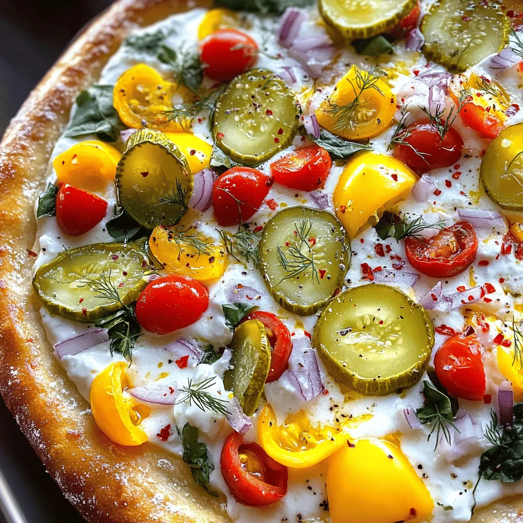 Um diese leckere Pickle Ranch Veggie Pizza zuzubereiten, brauchst du folgende Zutaten: - 1 Fertigteig für Pizza (aus dem Supermarkt oder selbstgemacht) - 120 ml Ranch-Dressing - 100 g geriebener Mozzarella-Käse - 75 g Gewürzgurken, in Scheiben geschnitten - 75 g Kirschtomaten, halbiert - 75 g Paprika, gewürfelt (jede Farbe) - 40 g rote Zwiebel, dünn geschnitten - 40 g frische Spinatblätter - 1 Teelöffel Knoblauchpulver - 1 Teelöffel getrockneter Dill - Salz und Pfeffer nach Geschmack - Optional: Chiliflocken zum Garnieren Frisch ist immer besser! Hier sind einige Vorschläge, um deine Pizza noch leckerer zu machen: - Verwende frischen Basilikum oder Oregano für extra Geschmack. - Füge ein paar Scheiben frischer Avocado hinzu. - Probiere verschiedene Farben von Paprika für einen bunten Look. Wenn du etwas Abwechslung möchtest, kannst du folgende Zutaten ausprobieren: - Tausche den Mozzarella gegen Feta-Käse für einen salzigen Kick. - Nutze verschiedene Sorten von Dressing, wie Ranch mit Knoblauch. - Füge etwas geräucherten Paprika hinzu, um der Pizza eine rauchige Note zu geben. Mit diesen Zutaten und Ideen kannst du deine eigene Pickle Ranch Veggie Pizza kreieren. Das Rezept ist einfach und macht Spaß! Schau dir das vollständige Rezept an, um alle Schritte zu sehen. Heizen Sie Ihren Ofen auf 245°C (475°F) vor. Wenn Sie einen Pizzastein haben, legen Sie ihn in den Ofen. Dies hilft, die Pizza knusprig zu machen. Rollen Sie den Fertigteig auf einer bemehlten Fläche aus. Der Teig sollte gleichmäßig dick sein. Übertragen Sie ihn dann auf ein Backblech mit Backpapier oder einen Pizzastein. Nehmen Sie das Ranch-Dressing und geben Sie es auf den Pizzateig. Verteilen Sie es gleichmäßig. Lassen Sie am Rand etwas Platz, damit der Rand schön knusprig wird. Das Dressing bringt viel Geschmack und macht die Pizza besonders. In einer großen Schüssel mischen Sie die Gewürzgurken, Kirschtomaten, Paprika, rote Zwiebel und Spinat. Fügen Sie Knoblauchpulver, Dill, Salz und Pfeffer hinzu. Rühren Sie alles gut um, damit die Gewürze gleichmäßig verteilt sind. Streuen Sie diese Mischung über den Käse auf der Pizza. Achten Sie darauf, dass das Gemüse gleichmäßig verteilt ist. So hat jeder Biss den vollen Geschmack. Für das komplette Rezept, schauen Sie sich die vollständige Anleitung an. Um den perfekten Pizzaboden zu backen, achte darauf, dass dein Ofen richtig heiß ist. Heize ihn auf 245°C vor. Wenn du einen Pizzastein hast, lege ihn im Ofen, damit er gut vorheizt. Der Pizzateig sollte dünn ausgerollt werden. So wird er schön knusprig. Wenn du den Teig auf das Backblech legst, achte darauf, dass er gleichmäßig verteilt ist. Ein Rand sorgt für eine gute Kruste. Das Ranch-Dressing ist der Star dieser Pizza. Du kannst aber auch Variationen ausprobieren. Füge etwas scharfe Sauce hinzu, wenn du es würziger magst. Eine Mischung aus Joghurt und Mayonnaise macht es leichter. Für einen frischen Geschmack kannst du Zitronensaft und frische Kräuter einrühren. Diese kleinen Änderungen können große Wirkung haben. Die Backzeit ist wichtig, um die perfekte Pizza zu erhalten. Bei 245°C backst du die Pizza für 12 bis 15 Minuten. Achte darauf, den Rand im Blick zu haben. Er sollte goldbraun werden. Der Käse sollte sprudelnd und leicht gebräunt sein. Wenn du diese Tipps beachtest, wird deine Pickle Ranch Veggie Pizza immer lecker sein. Für mehr Details, schau dir das Full Recipe an. {{image_4}} Für die Pickle Ranch Veggie Pizza kann man viele Gemüsearten nutzen. Zucchini ist eine tolle Wahl. Sie bringt Frische und hat einen milden Geschmack. Brokkoli ist auch gut. Er gibt der Pizza einen schönen Biss. Man kann auch Mais oder Artischocken verwenden. Diese Gemüse machen die Pizza bunt und lecker. Experimentiere mit verschiedenen Gemüsesorten, um deinen eigenen Favoriten zu finden. Wenn du Fleisch magst, kannst du die Pizza leicht anpassen. Hähnchenbrust oder Schinken passen sehr gut. Sie geben der Pizza mehr Geschmack. Du kannst auch Speck verwenden. Er macht die Pizza knusprig und herzhaft. Einfach das Fleisch vorher braten und dann zusammen mit dem Gemüse auf die Pizza legen. Für eine glutenfreie Option gibt es viele Möglichkeiten. Man kann fertigen glutenfreien Pizzateig kaufen. Alternativ kannst du Blumenkohl als Basis verwenden. Blumenkohlteig ist einfach und gesund. Du pürierst Blumenkohl, fügst Käse und Eier hinzu und backst ihn vor. So erhältst du einen leckeren, glutenfreien Pizzaboden. Es gibt viele Wege, die Pizza nach deinen Wünschen zu gestalten. Um Ihre Pickle Ranch Veggie Pizza frisch zu halten, lassen Sie sie zuerst abkühlen. Schneiden Sie die Pizza in Stücke. Wickeln Sie die Stücke in Frischhaltefolie oder legen Sie sie in einen luftdichten Behälter. So bleibt die Pizza länger lecker. Lagern Sie die Pizza im Kühlschrank. Sie können die Pizza auch einfrieren. Wickeln Sie die Stücke gut in Frischhaltefolie und dann in Aluminiumfolie. So schützt die Folie die Pizza vor Frostschäden. Zum Aufwärmen, nehmen Sie die Pizza aus dem Gefrierfach und lassen Sie sie im Kühlschrank auftauen. Dann legen Sie die Stücke auf ein Backblech und erhitzen sie im Ofen bei 180°C. Backen Sie sie für etwa 10 Minuten. Im Kühlschrank bleibt die Pizza etwa 3 bis 4 Tage frisch. Achten Sie darauf, die Pizza gut abzudecken, damit sie nicht austrocknet. Wenn Sie die Pizza länger aufbewahren möchten, ist das Einfrieren die beste Wahl. So können Sie die leckere Pizza länger genießen. Um die Pizza vegan zu machen, ersetze den Käse durch eine pflanzliche Alternative. Es gibt viele gute veganen Käsesorten. Achte darauf, dass das Ranch-Dressing ebenfalls vegan ist. Du kannst auch selbst ein Dressing mit pflanzlicher Basis herstellen. Nutze zum Beispiel Cashew-Creme oder Sojajoghurt. Die Zutaten für die Pickle Ranch Veggie Pizza findest du in jedem gut sortierten Supermarkt. Besuche die Frischeabteilung für Gemüse und Kräuter. Der Käse und das Dressing sind in der Kühlabteilung. Auch das Pizza-Basis findest du dort. Für spezielle Zutaten, wie vegane Produkte, gehe in einen Bio-Laden oder einen Reformhaus. Ja, du kannst das Ranch-Dressing einfach selbst machen. Mische 120 ml Pflanzenmilch mit 1 Teelöffel Zitronensaft. Lass die Mischung einige Minuten stehen, bis sie dick wird. Füge dann Knoblauchpulver, Zwiebelpulver, getrocknete Kräuter und Salz hinzu. Passe die Gewürze nach deinem Geschmack an. So hast du schnell ein leckeres Dressing. Du kannst die genaue Menge im [Full Recipe] nachlesen. In diesem Artikel haben wir die Zutaten für deine perfekte Pizza besprochen. Wir haben frische und alternative Zutaten gefunden, die den Geschmack verbessern. Die Schritt-für-Schritt-Anleitung zeigt dir, wie du den Teig bereitest und das Ranch-Dressing anwendest. Tipps und Tricks helfen dir, den besten Pizzaboden zu backen. Variationen erlauben dir, kreativ zu sein, und Aufbewahrungshinweise zeigen, wie du Reste lagern kannst. Denke daran, mit neuen Zutaten zu experimentieren, und genieße jede Scheibe. Pizza machen sollte Spaß machen und einfach sein!