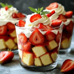 Um den Erdbeer-Shortcake-Trifle zuzubereiten, brauchst du folgende Zutaten: - 500 g frische Erdbeeren, entstielt und in Scheiben geschnitten - 3 Esslöffel Zucker (geteilt) - 240 ml schwere Schlagsahne - 1 Teelöffel Vanilleextrakt - 1 Esslöffel Puderzucker - 340 g gekauftes Vanille-Sponge-Cake oder Rührkuchen, in Würfel geschnitten - 250 g Mascarpone-Käse - Frische Minzblätter zur Garnitur (optional) Jede Zutat hat ihre eigene Rolle im Trifle. Die Erdbeeren bringen Frische und Süße. Der Zucker hilft, die Erdbeeren zu marinieren. Die Schlagsahne und der Mascarpone-Käse geben Cremigkeit. Der Vanille-Sponge-Cake sorgt für die Struktur. - Erdbeeren: 500 g - Zucker: 3 Esslöffel - Schlagsahne: 240 ml - Vanilleextrakt: 1 Teelöffel - Puderzucker: 1 Esslöffel - Vanille-Sponge-Cake: 340 g - Mascarpone-Käse: 250 g - Minzblätter: nach Belieben Du kannst einige Zutaten ersetzen, wenn du magst. Zum Beispiel, anstelle von frischen Erdbeeren kannst du gefrorene Erdbeeren verwenden. Diese müssen vor der Verwendung aufgetaut werden. Anstelle von Mascarpone kannst du auch Frischkäse nehmen. Es lohnt sich, mit den Zutaten zu spielen, um deinen perfekten Geschmack zu finden. Für den Kuchen kannst du selbst gebackenen Rührkuchen verwenden oder einen glutenfreien Kuchen ausprobieren. Je mehr du experimentierst, desto mehr Spaß macht das Kochen! Für das vollständige Rezept, schau dir bitte die [Full Recipe] an. Zuerst nimmst du die frischen Erdbeeren. Entferne die grünen Blätter und schneide sie in Scheiben. Gib die Erdbeeren in eine mittelgroße Schüssel. Füge einen Esslöffel Zucker hinzu. Mische die Erdbeeren sanft, damit der Zucker sie gut umhüllt. Lass die Erdbeeren etwa 15 Minuten ziehen. So geben sie ihren Saft ab und schmecken noch besser. Jetzt geht es zur Sahne. Nimm eine saubere Schüssel und gieße die schwere Schlagsahne hinein. Mit einem elektrischen Mixer schlägst du die Sahne auf mittlerer Stufe, bis sie leicht dicker wird. Dann füge einen Teelöffel Vanilleextrakt und einen Esslöffel Puderzucker hinzu. Schlage weiter, bis die Sahne weiche Spitzen hat. Pass auf, dass du die Sahne nicht übermixst. Als Nächstes bereitest du die Mascarpone-Mischung vor. Nimm eine andere Schüssel und gib den Mascarpone-Käse hinein. Füge die restlichen zwei Esslöffel Zucker hinzu und rühre alles glatt. Jetzt nimm die Hälfte der geschlagenen Sahne und hebe sie vorsichtig unter die Mascarpone-Mischung. So wird es schön locker und cremig. Jetzt wird geschichtet! Nimm eine Glasschüssel oder kleine Serviergläser. Lege ein Drittel der Würfel des Sponge Cakes am Boden. Dann gib etwas von den marinierten Erdbeeren und ihren Saft darüber. Darauf kommt eine Schicht der Mascarpone-Mischung. Wiederhole diesen Vorgang zwei weitere Male. Die letzte Schicht sollte die restliche geschlagene Sahne sein. Garniere das Ganze mit frischen Erdbeerscheiben und einem Minzzweig. Lass den Trifle mindestens 30 Minuten im Kühlschrank, damit sich die Aromen gut verbinden. Für das komplette Rezept schaue dir den [Full Recipe] an. Um die beste Schlagsahne zu machen, starten Sie mit kalten Zutaten. Verwenden Sie schwere Schlagsahne für mehr Stabilität. Schlagen Sie die Sahne bei mittlerer Geschwindigkeit. Fügen Sie Vanille und Puderzucker hinzu, wenn die Sahne dick wird. Stoppen Sie, wenn weiche Spitzen entstehen. Übermixen Sie die Sahne nicht, sonst wird sie butterig. Achten Sie darauf, alle Schichten gleichmäßig zu verteilen. Beginnen Sie mit einer Schicht Kuchen. Dann fügen Sie Erdbeeren und Mascarpone hinzu. Wiederholen Sie dies in der gleichen Reihenfolge. Lassen Sie genug Platz zwischen den Schichten, damit die Aromen gut ziehen können. Die letzte Schicht sollte die Schlagsahne sein. Servieren Sie den Trifle in klaren Gläsern. So können die schönen Schichten sichtbar werden. Garnieren Sie mit frischen Erdbeeren und Minze. Für einen besonderen Touch können Sie essbare Blumen hinzufügen. Ein schöner Trifle sieht nicht nur gut aus, sondern schmeckt auch besser! {{image_4}} Wenn Sie glutenfrei leben, gibt es tolle Optionen für den Erdbeer-Shortcake-Trifle. Verwenden Sie glutenfreies Mehl für den Kuchen. Es gibt auch glutenfreie Biskuitkuchen, die Sie kaufen können. Diese sind leicht erhältlich und schmecken großartig. Achten Sie darauf, die anderen Zutaten zu überprüfen. Viele sind bereits glutenfrei, wie Sahne und Erdbeeren. Erdbeeren sind lecker, aber Sie können auch andere Früchte verwenden. Himbeeren oder Blaubeeren passen gut. Sie bringen frische Aromen und Farben in den Trifle. Ich empfehle, die Früchte leicht zu süßen, um ihren Geschmack zu verstärken. Mischen Sie die Früchte für mehr Vielfalt. Eine Kombination aus Erdbeeren und Himbeeren ist besonders beliebt. Um den Trifle interessanter zu machen, können Sie Zusätze verwenden. Ein Schuss Likör, wie Amaretto oder Grand Marnier, bringt Tiefe. Fügen Sie einfach einen Esslöffel zur Mascarpone-Mischung hinzu. Zimt ist eine weitere einfache Möglichkeit, um mehr Geschmack zu geben. Ein Teelöffel Zimt kann die Aromen wunderbar ergänzen. Experimentieren Sie und finden Sie Ihre perfekte Mischung! Für das komplette Rezept schauen Sie sich die Details im [Full Recipe] an. Um deinen Erdbeer-Shortcake-Trifle frisch zu halten, lagere ihn im Kühlschrank. Nutze einen luftdichten Behälter. So bleiben die Schichten schön und die Erdbeeren saftig. Wenn du den Trifle nicht sofort servierst, decke ihn gut ab. So vermeidest du, dass er Gerüche aus dem Kühlschrank aufnimmt. Der Erdbeer-Shortcake-Trifle bleibt bis zu drei Tage frisch, wenn er richtig gelagert wird. Nach dem dritten Tag kann der Trifle matschig werden. Die Erdbeeren verlieren ihre Frische, und die Sahne wird nicht mehr so lecker. Am besten genießt du ihn frisch, um den vollen Geschmack zu erleben. Das Einfrieren von Trifle ist nicht ideal. Die Texturen ändern sich, und die Sahne kann wässrig werden. Wenn du trotzdem einfrieren möchtest, schichte nur die Kuchen- und Erdbeerlagen. Lass die Sahne weg. Du kannst sie frisch zubereiten, wenn du den Trifle servierst. So bleibt der Geschmack und die Konsistenz perfekt. Um den perfekten Erdbeer-Shortcake-Trifle zu machen, beginne mit frischen Erdbeeren. Mische sie mit Zucker und lasse sie ziehen. Diese Schritte helfen, den Geschmack zu intensivieren. Schlage die Sahne, bis sie die richtige Konsistenz hat. Achte darauf, sie nicht zu übermixen. Der Mascarpone-Käse muss glatt sein. Mische ihn gut mit Zucker. Baue die Schichten in einem klaren Glas auf. Dies zeigt die schönen Farben. Die letzte Schicht sollte Sahne sein, da sie gut aussieht. Ja, du kannst gefrorene Erdbeeren verwenden. Achte darauf, sie vorher aufzutauen und gut abtropfen zu lassen. Das kann die Konsistenz ändern, daher sei vorsichtig. Gefrorene Erdbeeren können weniger süß sein. Füge mehr Zucker hinzu, falls nötig. Sie schmecken immer noch gut im Trifle. Die besten Beilagen sind frische Minzblätter oder Schokoladenspäne. Sie fügen Farbe und Geschmack hinzu. Du kannst auch weitere Erdbeeren oben drauf legen. Wenn du etwas Crunch magst, füge zerbröselte Kekse hinzu. Dies sorgt für eine tolle Textur. Achte darauf, dass die Beilagen gut mit dem Trifle harmonieren. Ja, das Rezept ist einfach. Die Schritte sind klar und gut erklärt. Du brauchst nicht viel Erfahrung. Jeder kann es machen, selbst Anfänger. Die Zubereitung dauert nur etwa 20 Minuten. Das Warten auf die Kühlzeit ist auch einfach. Der Trifle schmeckt frisch und lecker. Du wirst deine Gäste beeindrucken! Für das vollständige Rezept, schau dir das vollständige Rezept an. Der Erdbeer-Shortcake-Trifle ist einfach zuzubereiten und schmeckt großartig. Du brauchst frische Zutaten, eine klare Anleitung und einige nützliche Tipps. Variationen fügen deinem Dessert neue Geschmäcker hinzu. Denk an die Lagerung, damit dein Trifle frisch bleibt. Mit dieser Anleitung kannst du sicher sein, dass dein Dessert ein Hit wird. Probiere es aus und genieße das Ergebnis. Es ist eine süße Belohnung, die du immer wieder machen willst.