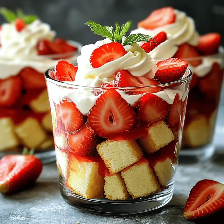Um den Erdbeer-Shortcake-Trifle zuzubereiten, brauchst du folgende Zutaten: - 500 g frische Erdbeeren, entstielt und in Scheiben geschnitten - 3 Esslöffel Zucker (geteilt) - 240 ml schwere Schlagsahne - 1 Teelöffel Vanilleextrakt - 1 Esslöffel Puderzucker - 340 g gekauftes Vanille-Sponge-Cake oder Rührkuchen, in Würfel geschnitten - 250 g Mascarpone-Käse - Frische Minzblätter zur Garnitur (optional) Jede Zutat hat ihre eigene Rolle im Trifle. Die Erdbeeren bringen Frische und Süße. Der Zucker hilft, die Erdbeeren zu marinieren. Die Schlagsahne und der Mascarpone-Käse geben Cremigkeit. Der Vanille-Sponge-Cake sorgt für die Struktur. - Erdbeeren: 500 g - Zucker: 3 Esslöffel - Schlagsahne: 240 ml - Vanilleextrakt: 1 Teelöffel - Puderzucker: 1 Esslöffel - Vanille-Sponge-Cake: 340 g - Mascarpone-Käse: 250 g - Minzblätter: nach Belieben Du kannst einige Zutaten ersetzen, wenn du magst. Zum Beispiel, anstelle von frischen Erdbeeren kannst du gefrorene Erdbeeren verwenden. Diese müssen vor der Verwendung aufgetaut werden. Anstelle von Mascarpone kannst du auch Frischkäse nehmen. Es lohnt sich, mit den Zutaten zu spielen, um deinen perfekten Geschmack zu finden. Für den Kuchen kannst du selbst gebackenen Rührkuchen verwenden oder einen glutenfreien Kuchen ausprobieren. Je mehr du experimentierst, desto mehr Spaß macht das Kochen! Für das vollständige Rezept, schau dir bitte die [Full Recipe] an. Zuerst nimmst du die frischen Erdbeeren. Entferne die grünen Blätter und schneide sie in Scheiben. Gib die Erdbeeren in eine mittelgroße Schüssel. Füge einen Esslöffel Zucker hinzu. Mische die Erdbeeren sanft, damit der Zucker sie gut umhüllt. Lass die Erdbeeren etwa 15 Minuten ziehen. So geben sie ihren Saft ab und schmecken noch besser. Jetzt geht es zur Sahne. Nimm eine saubere Schüssel und gieße die schwere Schlagsahne hinein. Mit einem elektrischen Mixer schlägst du die Sahne auf mittlerer Stufe, bis sie leicht dicker wird. Dann füge einen Teelöffel Vanilleextrakt und einen Esslöffel Puderzucker hinzu. Schlage weiter, bis die Sahne weiche Spitzen hat. Pass auf, dass du die Sahne nicht übermixst. Als Nächstes bereitest du die Mascarpone-Mischung vor. Nimm eine andere Schüssel und gib den Mascarpone-Käse hinein. Füge die restlichen zwei Esslöffel Zucker hinzu und rühre alles glatt. Jetzt nimm die Hälfte der geschlagenen Sahne und hebe sie vorsichtig unter die Mascarpone-Mischung. So wird es schön locker und cremig. Jetzt wird geschichtet! Nimm eine Glasschüssel oder kleine Serviergläser. Lege ein Drittel der Würfel des Sponge Cakes am Boden. Dann gib etwas von den marinierten Erdbeeren und ihren Saft darüber. Darauf kommt eine Schicht der Mascarpone-Mischung. Wiederhole diesen Vorgang zwei weitere Male. Die letzte Schicht sollte die restliche geschlagene Sahne sein. Garniere das Ganze mit frischen Erdbeerscheiben und einem Minzzweig. Lass den Trifle mindestens 30 Minuten im Kühlschrank, damit sich die Aromen gut verbinden. Für das komplette Rezept schaue dir den [Full Recipe] an. Um die beste Schlagsahne zu machen, starten Sie mit kalten Zutaten. Verwenden Sie schwere Schlagsahne für mehr Stabilität. Schlagen Sie die Sahne bei mittlerer Geschwindigkeit. Fügen Sie Vanille und Puderzucker hinzu, wenn die Sahne dick wird. Stoppen Sie, wenn weiche Spitzen entstehen. Übermixen Sie die Sahne nicht, sonst wird sie butterig. Achten Sie darauf, alle Schichten gleichmäßig zu verteilen. Beginnen Sie mit einer Schicht Kuchen. Dann fügen Sie Erdbeeren und Mascarpone hinzu. Wiederholen Sie dies in der gleichen Reihenfolge. Lassen Sie genug Platz zwischen den Schichten, damit die Aromen gut ziehen können. Die letzte Schicht sollte die Schlagsahne sein. Servieren Sie den Trifle in klaren Gläsern. So können die schönen Schichten sichtbar werden. Garnieren Sie mit frischen Erdbeeren und Minze. Für einen besonderen Touch können Sie essbare Blumen hinzufügen. Ein schöner Trifle sieht nicht nur gut aus, sondern schmeckt auch besser! {{image_4}} Wenn Sie glutenfrei leben, gibt es tolle Optionen für den Erdbeer-Shortcake-Trifle. Verwenden Sie glutenfreies Mehl für den Kuchen. Es gibt auch glutenfreie Biskuitkuchen, die Sie kaufen können. Diese sind leicht erhältlich und schmecken großartig. Achten Sie darauf, die anderen Zutaten zu überprüfen. Viele sind bereits glutenfrei, wie Sahne und Erdbeeren. Erdbeeren sind lecker, aber Sie können auch andere Früchte verwenden. Himbeeren oder Blaubeeren passen gut. Sie bringen frische Aromen und Farben in den Trifle. Ich empfehle, die Früchte leicht zu süßen, um ihren Geschmack zu verstärken. Mischen Sie die Früchte für mehr Vielfalt. Eine Kombination aus Erdbeeren und Himbeeren ist besonders beliebt. Um den Trifle interessanter zu machen, können Sie Zusätze verwenden. Ein Schuss Likör, wie Amaretto oder Grand Marnier, bringt Tiefe. Fügen Sie einfach einen Esslöffel zur Mascarpone-Mischung hinzu. Zimt ist eine weitere einfache Möglichkeit, um mehr Geschmack zu geben. Ein Teelöffel Zimt kann die Aromen wunderbar ergänzen. Experimentieren Sie und finden Sie Ihre perfekte Mischung! Für das komplette Rezept schauen Sie sich die Details im [Full Recipe] an. Um deinen Erdbeer-Shortcake-Trifle frisch zu halten, lagere ihn im Kühlschrank. Nutze einen luftdichten Behälter. So bleiben die Schichten schön und die Erdbeeren saftig. Wenn du den Trifle nicht sofort servierst, decke ihn gut ab. So vermeidest du, dass er Gerüche aus dem Kühlschrank aufnimmt. Der Erdbeer-Shortcake-Trifle bleibt bis zu drei Tage frisch, wenn er richtig gelagert wird. Nach dem dritten Tag kann der Trifle matschig werden. Die Erdbeeren verlieren ihre Frische, und die Sahne wird nicht mehr so lecker. Am besten genießt du ihn frisch, um den vollen Geschmack zu erleben. Das Einfrieren von Trifle ist nicht ideal. Die Texturen ändern sich, und die Sahne kann wässrig werden. Wenn du trotzdem einfrieren möchtest, schichte nur die Kuchen- und Erdbeerlagen. Lass die Sahne weg. Du kannst sie frisch zubereiten, wenn du den Trifle servierst. So bleibt der Geschmack und die Konsistenz perfekt. Um den perfekten Erdbeer-Shortcake-Trifle zu machen, beginne mit frischen Erdbeeren. Mische sie mit Zucker und lasse sie ziehen. Diese Schritte helfen, den Geschmack zu intensivieren. Schlage die Sahne, bis sie die richtige Konsistenz hat. Achte darauf, sie nicht zu übermixen. Der Mascarpone-Käse muss glatt sein. Mische ihn gut mit Zucker. Baue die Schichten in einem klaren Glas auf. Dies zeigt die schönen Farben. Die letzte Schicht sollte Sahne sein, da sie gut aussieht. Ja, du kannst gefrorene Erdbeeren verwenden. Achte darauf, sie vorher aufzutauen und gut abtropfen zu lassen. Das kann die Konsistenz ändern, daher sei vorsichtig. Gefrorene Erdbeeren können weniger süß sein. Füge mehr Zucker hinzu, falls nötig. Sie schmecken immer noch gut im Trifle. Die besten Beilagen sind frische Minzblätter oder Schokoladenspäne. Sie fügen Farbe und Geschmack hinzu. Du kannst auch weitere Erdbeeren oben drauf legen. Wenn du etwas Crunch magst, füge zerbröselte Kekse hinzu. Dies sorgt für eine tolle Textur. Achte darauf, dass die Beilagen gut mit dem Trifle harmonieren. Ja, das Rezept ist einfach. Die Schritte sind klar und gut erklärt. Du brauchst nicht viel Erfahrung. Jeder kann es machen, selbst Anfänger. Die Zubereitung dauert nur etwa 20 Minuten. Das Warten auf die Kühlzeit ist auch einfach. Der Trifle schmeckt frisch und lecker. Du wirst deine Gäste beeindrucken! Für das vollständige Rezept, schau dir das vollständige Rezept an. Der Erdbeer-Shortcake-Trifle ist einfach zuzubereiten und schmeckt großartig. Du brauchst frische Zutaten, eine klare Anleitung und einige nützliche Tipps. Variationen fügen deinem Dessert neue Geschmäcker hinzu. Denk an die Lagerung, damit dein Trifle frisch bleibt. Mit dieser Anleitung kannst du sicher sein, dass dein Dessert ein Hit wird. Probiere es aus und genieße das Ergebnis. Es ist eine süße Belohnung, die du immer wieder machen willst.