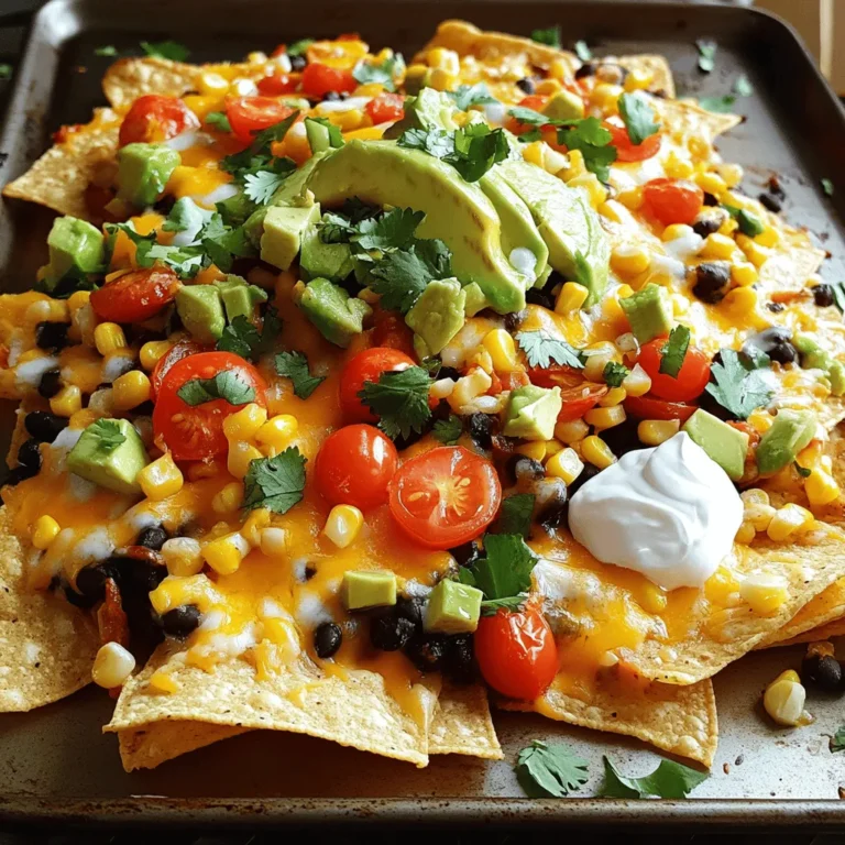 Die Hauptzutaten für Loaded Veggie Nachos sind einfach und lecker. Hier ist, was du benötigst: - 1 Tüte Tortilla-Chips - 1 Tasse schwarze Bohnen, abgetropft und abgespült - 1 Tasse Maiskörner (frisch, gefroren oder aus der Dose) - 1 mittelgroße Paprika, gewürfelt (jede Farbe) - 1 kleine rote Zwiebel, fein gehackt - 1 Jalapeño, dünn geschnitten (optional) - 1 Tasse Kirschtomaten, halbiert - 1 Tasse geriebener Käse (Cheddar oder eine milchfreie Alternative) - 1 Avocado, gewürfelt - 1/4 Tasse saure Sahne oder griechischer Joghurt - 1/4 Tasse frischer Koriander, gehackt - 2 Esslöffel Olivenöl - 1 Teelöffel Kreuzkümmel - 1 Teelöffel Paprika - Salz und Pfeffer nach Geschmack Diese Zutaten machen deine Nachos bunt und schmackhaft. Du kannst viele verschiedene Gemüsesorten verwenden. Einige beliebte Optionen sind: - Zucchini, gewürfelt - Spinat, frisch oder gefroren - Mais, frisch oder aus der Dose - Champignons, in Scheiben geschnitten Diese Variationen geben den Nachos mehr Textur und Farbe. Experimentiere mit dem, was du magst. Die Toppings machen die Nachos noch besser. Hier sind einige tolle Vorschläge: - Guacamole für einen frischen Geschmack - Salsa für etwas Würze - Frischkäse für Cremigkeit - Jalapeños für mehr Schärfe - Limettensaft für einen spritzigen Kick Diese Optionen sind einfach hinzuzufügen und machen deine Loaded Veggie Nachos zu einem Hit. Schau dir das Rezept für die vollständige Zubereitung an: [Full Recipe]. Zuerst heize deinen Ofen auf 175°C vor. Das ist wichtig, damit die Nachos gleichmäßig garen. Während der Ofen sich aufheizt, bereite alle Zutaten vor. Du brauchst eine große Schüssel für das Gemüse. Das macht das Mischen einfacher. Achte darauf, die Bohnen gut abzuspülen. So werden sie weniger salzig. Nehme nun die große Schüssel. Gib die schwarzen Bohnen, den Mais, die gewürfelte Paprika, die rote Zwiebel, die Jalapeño und die Kirschtomaten hinein. Füge das Olivenöl, Kreuzkümmel, Paprika, Salz und Pfeffer hinzu. Mische alles gut. Das Gemüse sollte gleichmäßig gewürzt sein. So bekommt jeder Bissen Geschmack. Nimm ein Backblech und lege es mit Backpapier aus. Verteile die Tortilla-Chips gleichmäßig auf dem Blech. Jetzt kommt der spaßige Teil! Löffle die Gemüse-Mischung gleichmäßig über die Chips. Achte darauf, dass jeder Chip genug Belag hat. Streue dann den geriebenen Käse über die Nachos. Jetzt sind sie bereit für den Ofen! Backe die Nachos etwa 10 bis 15 Minuten. Der Käse sollte schmelzen und sprudelnd aussehen. Sobald sie fertig sind, nimm das Blech aus dem Ofen. Lass die Nachos kurz abkühlen. Garniere sie mit Avocado, saurer Sahne oder Joghurt und frischem Koriander. Du wirst die Farben und den Duft lieben! Für das vollständige Rezept kannst du die Full Recipe-Sektion anschauen. Um die perfekten Nachos zu machen, achte auf die Chips. Verwende frische Tortilla-Chips, die knusprig sind. Zu viele feuchte Toppings machen sie matschig. Halte die Schichten gleichmäßig, so bleibt jeder Chip lecker. Die Präsentation ist wichtig. Du kannst die Nachos direkt auf dem Backblech servieren. Das wirkt lässig und einladend. Für eine schickere Option, übertrage sie auf eine große Platte. Garniere mit frischem Koriander und Limettenspalten. Diese Farben machen deine Nachos noch appetitlicher. Ein häufiger Fehler ist, zu viel Käse zu verwenden. Er kann die Chips ertränken und matschig machen. Achte auch auf die Backzeit. Zu langes Backen macht die Nachos hart. Lass sie nach dem Backen kurz abkühlen, bevor du sie servierst. So bleiben sie knusprig und lecker. Für das vollständige Rezept und weitere Tipps, schau dir die Full Recipe an. {{image_4}} Um deine Loaded Veggie Nachos vegan zu machen, ersetze den Käse durch eine pflanzliche Alternative. Du kannst auch Cashew-Creme verwenden. Dafür püriere eingeweichte Cashews mit Wasser, Zitronensaft und etwas Salz. Diese Creme gibt einen tollen Geschmack. Auch das Topping mit Avocado bleibt gleich. Wenn du es scharf magst, füge mehr Jalapeños hinzu. Schneide sie dünn und streue sie über die Nachos. Du kannst auch eingelegte Jalapeños verwenden. Diese geben einen extra Kick. Achte darauf, den Schärfegrad nach deinem Geschmack anzupassen. Du kannst verschiedene Käsesorten verwenden. Versuche Gouda, Mozzarella oder eine würzige Mischung. Auch vegane Käsealternativen wie Kokos- oder Mandelkäse sind gut. Diese Optionen bringen neue Geschmäcker und Texturen. Für die besten Ergebnisse, folge dem Full Recipe und experimentiere mit den Zutaten. Die Reste von deinen Loaded Veggie Nachos kannst du leicht aufbewahren. Lass die Nachos zuerst auf Raumtemperatur abkühlen. Dann packe sie in einen luftdichten Behälter. Wenn du die Nachos in den Kühlschrank stellst, sollten sie innerhalb von zwei Tagen gegessen werden. Es ist wichtig, sie nicht länger stehen zu lassen, damit sie frisch bleiben. Du kannst die Reste kreativ wiederverwenden. Füge die Nachos zu einem Salat hinzu, um einen neuen Twist zu bekommen. Du kannst die Nachos auch in eine Suppe geben, um mehr Geschmack zu erhalten. Eine weitere Idee ist, die Reste als Füllung für Burritos zu nutzen. Das macht das Essen spannend und lecker! Im Kühlschrank halten sich die Loaded Veggie Nachos zwei bis drei Tage. Im Gefrierfach kannst du sie bis zu einem Monat lagern. Um die Nachos einzufrieren, lege sie auf ein Backblech und friere sie dann ein. Nach dem Einfrieren kannst du sie in einen Behälter oder einen Beutel umfüllen. Wenn du sie essen möchtest, lass sie über Nacht im Kühlschrank auftauen. Danach kannst du sie im Ofen aufwärmen. So bleiben sie knusprig! Um deine Loaded Veggie Nachos glutenfrei zu machen, wähle glutenfreie Tortilla-Chips. Viele Marken bieten jetzt Chips an, die kein Gluten enthalten. Achte auch darauf, dass die anderen Zutaten, wie die Bohnen und der Käse, ebenfalls glutenfrei sind. Wenn du alle Zutaten überprüfst, machst du deine Nachos sicher für alle. Ja, du kannst andere Bohnen verwenden! Kidneybohnen oder Pintobohnen passen gut zu diesem Rezept. Sie bieten andere Texturen und Geschmäcker. Wenn du die Bohnen magst, probiere sie aus! Du kannst auch Kichererbsen für mehr Protein und einen anderen Geschmack verwenden. Es gibt viele Möglichkeiten, die deinen Nachos einen neuen Twist geben. Zu deinen Loaded Veggie Nachos passen viele Beilagen. Salsa ist eine klassische Wahl. Guacamole bringt einen cremigen Geschmack. Auch Jalapeños, frische Limetten oder Oliven sind gute Optionen. Du kannst auch einen Dip aus Käse oder Bohnen servieren. Diese Beilagen machen deine Nachos noch köstlicher und interessanter. Zusammenfassend haben wir alles über Loaded Veggie Nachos gelernt. Wir haben die Hauptzutaten, Variationen und Schritt-für-Schritt-Anleitung besprochen. Tipps helfen, perfekte Nachos zu kreieren und häufige Fehler zu vermeiden. Denken Sie daran, Reste gut zu lagern und erneut zu verwenden. Experimentieren Sie mit verschiedenen Zutaten für neuen Geschmack. So genießen Sie Ihre Nachos immer frisch und lecker!