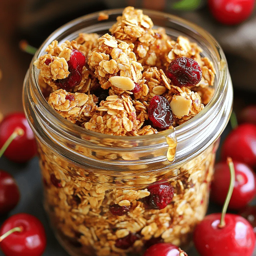 Für meine köstlichen Cherry Almond Granola Clusters brauche ich einige Hauptzutaten. Diese Zutaten sind einfach zu finden und machen das Rezept lecker. Hier sind die wichtigsten: - 2 Tassen Haferflocken - 1 Tasse Mandeln, grob gehackt - 1/2 Tasse getrocknete Kirschen, grob gehackt - 1/4 Tasse Honig oder Ahornsirup - 1/4 Tasse Mandelbutter - 1/2 Teelöffel Vanilleextrakt - 1/2 Teelöffel gemahlener Zimt - 1/4 Teelöffel Salz - 1/4 Tasse Mini-Schokoladenstückchen (optional) Jede Zutat hat ihren eigenen besonderen Geschmack. Die Haferflocken geben eine gute Basis. Mandeln sorgen für einen knackigen Biss. Getrocknete Kirschen fügen eine fruchtige Süße hinzu. Honig oder Ahornsirup sind die besten Süßungsmittel. Mandelbutter macht die Mischung cremig. Die Nährwerte sind wichtig, um zu wissen, was wir essen. Eine Portion hat ungefähr: - Kalorien: 200 - Fett: 10 g - Kohlenhydrate: 24 g - Eiweiß: 5 g - Ballaststoffe: 3 g Diese Granola-Cluster sind eine gute Quelle für Energie. Die Mandeln liefern gesunde Fette und Eiweiß. Die Kirschen bringen Vitamine und Antioxidantien. Falls du keine Mandeln magst, kannst du andere Nüsse verwenden. Walnüsse oder Haselnüsse sind tolle Alternativen. Du kannst auch Kürbiskerne nehmen, wenn du es nussfrei möchtest. Für den Süßstoff kannst du Agavendicksaft anstelle von Honig oder Ahornsirup nutzen. Wenn du eine vegane Option suchst, tausche die Honig gegen Agavendicksaft aus. Du kannst auch andere Trockenfrüchte wie Cranberries oder Rosinen verwenden. So wird dein Granola ganz individuell. Für das volle Rezept, schau dir die Anleitung an, um die köstlichen Cherry Almond Granola Clusters zuzubereiten! Zuerst sammeln wir alle Zutaten. Du brauchst: - 2 Tassen Haferflocken - 1 Tasse Mandeln, grob gehackt - 1/2 Tasse getrocknete Kirschen, grob gehackt - 1/4 Tasse Honig oder Ahornsirup - 1/4 Tasse Mandelbutter - 1/2 Teelöffel Vanilleextrakt - 1/2 Teelöffel gemahlener Zimt - 1/4 Teelöffel Salz - 1/4 Tasse Mini-Schokoladenstückchen (optional) Stelle sicher, dass alles gut vorbereitet ist. So geht es schneller und einfacher. Heize deinen Ofen auf 180°C vor. Lege ein großes Backblech mit Backpapier aus. In einer großen Schüssel vermenge die Haferflocken, Mandeln, Zimt und Salz. Mische alles gut. In einem kleinen Topf bei niedriger Hitze schmelze den Honig (oder Ahornsirup) mit der Mandelbutter. Rühre, bis alles gut vermischt ist. Nimm den Topf vom Herd und füge den Vanilleextrakt hinzu. Gieße die Mischung über die trockenen Zutaten. Rühre gut um, bis alles gleichmäßig verteilt ist. Jetzt füge die Kirschen und die Schokoladenstückchen hinzu, falls gewünscht. Übertrage die Mischung auf das Backblech. Drücke sie fest zusammen, um Cluster zu bilden. Backe die Mischung 20-25 Minuten lang, bis die Ränder goldbraun sind. Lass die Granola-Cluster auf dem Blech abkühlen. Sie werden beim Abkühlen fester. Um die perfekte Textur zu erreichen, drücke die Mischung fest auf das Blech. Das hilft, große Cluster zu bilden. Achte darauf, dass du die Cluster nicht zu klein machst, damit sie beim Abkühlen nicht zerbröseln. Wenn du sie abkühlen lässt, werden sie noch knuspriger. Das richtige Verhältnis von Honig und Mandelbutter sorgt für die ideale Süße und Bindung. Wenn du etwas mehr Crunch magst, röste die Mandeln leicht vor dem Hinzufügen. Probiere es aus und finde deine perfekte Mischung! Ein häufiger Fehler beim Backen von Granola-Clustern ist, die Mischung nicht gut zu drücken. Wenn Sie die Mischung nicht festdrücken, zerfallen die Cluster leicht. Achten Sie darauf, die Mischung gleichmäßig auf das Backblech zu drücken. Ein weiterer Fehler ist das Überbacken. Achten Sie darauf, dass die Ränder goldbraun sind, aber nicht verbrannt. Sie können das Rezept einfach anpassen. Fügen Sie andere Nüsse oder Samen hinzu, um neue Geschmäcker zu entdecken. Zum Beispiel passen Walnüsse oder Haselnüsse gut zu Kirschen. Auch die Süße können Sie variieren. Probieren Sie Agavendicksaft oder Kokosnusszucker für einen anderen Geschmack. Für eine ansprechende Präsentation können Sie die Granola-Cluster in Einmachgläser füllen. Fügen Sie frische Kirschen oder Beeren hinzu, um die Farbe zu heben. Ein Spritzer Honig obenauf macht das Ganze noch leckerer. Diese Cluster sind auch ein tolles Geschenk. Verpacken Sie sie in hübschen Tüten oder Gläsern für Freunde und Familie. {{image_4}} Du kannst deine Cherry Almond Granola Clusters ganz leicht anpassen. Füge einfach andere getrocknete Früchte hinzu. Probiere Aprikosen, Cranberries oder sogar Rosinen. Jedes Obst bringt seinen eigenen Geschmack. Auch Nüsse sind eine gute Wahl. Walnüsse, Pekannüsse oder Haselnüsse passen perfekt. Diese Variationen machen das Granola noch spannender und bunter. Wenn du glutenfrei leben möchtest, ist das kein Problem. Wähle einfach glutenfreie Haferflocken. Diese gibt es in vielen Supermärkten. Achte darauf, dass sie auch wirklich glutenfrei sind. So kannst du die Granola-Cluster genießen, ohne dir Sorgen zu machen. Es gibt viele gute Marken, die glutenfreie Haferflocken anbieten. Für eine vegane Version der Granola-Cluster gibt es tolle Alternativen. Ersetze den Honig durch Ahornsirup oder Agavendicksaft. Diese Süßungsmittel sind pflanzlich und passen gut dazu. Auch die Mandelbutter kannst du durch Erdnussbutter ersetzen, wenn du magst. So bleibt das Rezept lecker und vegan. Granola-Cluster bleiben frisch, wenn Sie sie richtig lagern. Verwenden Sie einen luftdichten Behälter. Ein Glas oder eine Plastikbox funktioniert gut. Stellen Sie den Behälter an einen kühlen, dunklen Ort. Vermeiden Sie direkte Sonne oder Wärme. So bleiben die Cluster knusprig und lecker. Granola-Cluster sind bei richtiger Lagerung bis zu zwei Wochen haltbar. Nach zwei Wochen können sie weich werden. Wenn Sie sie kühlen, verlängert sich die Haltbarkeit. Im Kühlschrank bleiben sie bis zu einem Monat frisch. Achten Sie auf das Verfallsdatum der Zutaten, um die Qualität zu sichern. Haben Sie Reste? Keine Sorge! Sie können die Cluster als Topping verwenden. Streuen Sie sie über Joghurt oder Obst. Sie passen auch gut in Smoothies. Wenn Sie Lust auf ein Snack haben, genießen Sie sie einfach so. Diese Cluster sind vielseitig und lecker! Um Cherry Almond Granola Clusters zu machen, brauchst du zuerst die Zutaten. Mische die Haferflocken und Mandeln in einer großen Schüssel. In einem kleinen Topf schmelze den Honig und die Mandelbutter. Gieße die Mischung über die Haferflocken und rühre alles gut um. Füge die Kirschen hinzu und forme die Mischung auf einem Backblech zu Clustern. Backe sie dann bei 180°C für 20 bis 25 Minuten. Lass sie abkühlen und genieße! Frische Kirschen sind lecker, aber sie haben mehr Feuchtigkeit. Das kann die Konsistenz der Granola-Cluster verändern. Du kannst frische Kirschen verwenden, aber schneide sie in kleine Stücke und reduziere die Menge an anderen Flüssigkeiten im Rezept. Getrocknete Kirschen geben mehr Geschmack und die richtige Textur. Granola-Cluster sind eine tolle Snack-Option. Sie enthalten gesunde Fette aus Mandeln und Ballaststoffe aus Hafer. Die Kirschen liefern Vitamine und Antioxidantien. Du kannst die Süße anpassen, indem du weniger Honig verwendest. Sie sind nahrhaft, aber achte auf die Portionsgröße, da sie auch Kalorien enthalten. Cherry Almond Granola Clusters sind lecker, gesund und einfach zu machen. Wir haben die Hauptzutaten, Nährwerte und Alternativen besprochen. Die Schritt-für-Schritt-Anleitung zeigt, wie Sie die Cluster perfekt zubereiten. Sie können häufige Fehler vermeiden und das Rezept nach Ihren Wünschen anpassen. Variationen, wie glutenfreie oder vegane Optionen, erweitern Ihre Möglichkeiten. Achten Sie auf die richtige Aufbewahrung, damit die Cluster frisch bleiben. Nutzen Sie die Antworten auf häufige Fragen, um mehr zu erfahren. Jetzt können Sie mit Freude Ihre eigenen Granola-Cluster zubereiten und genießen!