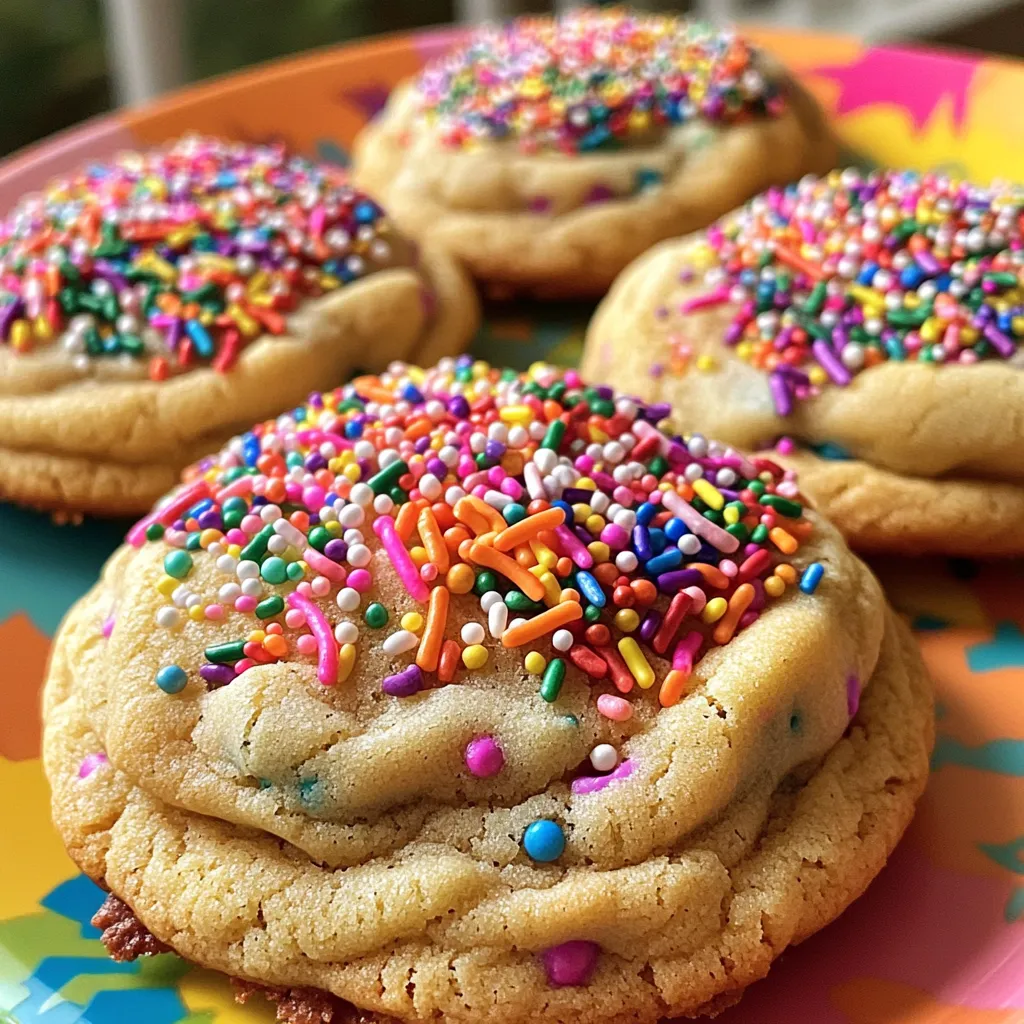 Um die perfekten Funfetti-Kekse zu backen, benötigst du folgende Hauptzutaten: - 240 g ungesalzene Butter, weich - 200 g Kristallzucker - 100 g brauner Zucker, fest verpackt - 120 g Kuchenteigmischung (Vanille oder Funfetti) - 2 große Eier - 2 Teelöffel Vanilleextrakt - 380 g Weizenmehl - 1 Teelöffel Natron - 1/2 Teelöffel Salz - 80 g Regenbogenstreusel Diese Zutaten bieten die Basis für einen weichen und leckeren Keks. Die Butter sorgt für die nötige Feuchtigkeit, während die Zuckersorten für Süße und Textur sorgen. Die Kuchenteigmischung bringt den besonderen Geschmack. Für die Dekoration und den extra Spaß fügst du einfach noch ein paar zusätzliche Streusel hinzu. Diese kommen oben auf die Kekse, bevor du sie backst. So sehen sie bunter und fröhlicher aus. Du kannst auch bunte Schokoladenstückchen verwenden, um den Keks noch mehr Farbe zu geben. Wähle frische Zutaten für die besten Ergebnisse. Achte darauf, dass die Butter weich ist, um eine cremige Konsistenz zu erreichen. Nutze hochwertige Kuchenteigmischungen. Diese geben den Keksen den besten Geschmack. Wenn du die Regenbogenstreusel kaufst, achte darauf, dass sie leuchtend und frisch sind. So wird jeder Biss ein Genuss! Für das vollständige Rezept, besuche die [Full Recipe]. Um diese leckeren Funfetti-Kekse zu backen, folge einfach diesen Schritten: 1. Heize deinen Ofen auf 175°C vor. 2. Mische die Butter mit den Zuckern in einer großen Schüssel. 3. Schlage die Eier und den Vanilleextrakt unter. 4. Füge die Kuchenteigmischung hinzu und vermenge alles gut. 5. Mische das Mehl, Natron und Salz in einer anderen Schüssel. 6. Vermenge die trockenen Zutaten mit der feuchten Mischung. 7. Hebe die Regenbogenstreusel unter den Teig. 8. Forme kleine Teigkugeln und lege sie auf das Backblech. 9. Backe die Kekse für 10-12 Minuten. 10. Lass sie etwas abkühlen und genieße! Um sicherzustellen, dass deine Kekse perfekt werden, beachte folgende Tipps: - Verwende weiche Butter für eine gute Konsistenz. - Schlage die Butter und Zucker gut, bis sie luftig sind. - Achte darauf, die Kekse nicht zu lange zu backen; sie sollten leicht weich sein. - Die Abstände zwischen den Keksen sind wichtig, damit sie nicht zusammenkleben. - Lass die Kekse auf dem Blech abkühlen, bevor du sie umsetzt. Wenn der Teig zu klebrig ist, gibt es einfache Lösungen: - Füge mehr Mehl hinzu, eine Esslöffel nach dem anderen. - Stelle den Teig für 15-30 Minuten in den Kühlschrank. - Verwende nasse Hände, um den Teig zu formen. - Achte darauf, die Zutaten genau abzuwiegen, um die richtige Konsistenz zu erreichen. Für das vollständige Rezept, schau dir die [Full Recipe] an. Für die besten Funfetti-Kekse ist die Butter wichtig. Achte darauf, dass sie weich ist. Das macht den Teig geschmeidig. Verwende auch frische Eier. Sie geben den Keksen mehr Geschmack. Die richtige Backtemperatur ist ebenfalls entscheidend. Stelle sicher, dass dein Ofen auf 175°C vorheizt. So backen die Kekse gleichmäßig. Ein häufiger Fehler ist, den Teig zu lange zu mixen. Mische nur, bis alles gut verbunden ist. So bleiben die Kekse zart. Achte darauf, nicht zu viele Streusel hinzuzufügen. Zu viele machen die Kekse schwer. Wenn du die Kekse zu lange backst, werden sie hart. Nimm sie heraus, wenn die Ränder goldbraun sind. Um Zeit zu sparen, bereite die Backbleche vor. Lege das Backpapier bereit, bevor du den Teig machst. Wenn du die Kekse formst, arbeite schnell. So bleibt der Teig nicht zu warm. Du kannst auch zwei Bleche gleichzeitig backen. Das spart Zeit. Lasse die Kekse nach dem Backen kurz abkühlen, bevor du sie auf ein Gitter legst. So bleiben sie frisch. Für das vollständige Rezept, schaue dir die [Full Recipe] an. {{image_4}} Funfetti-Kekse sind sehr anpassbar. Du kannst verschiedene Aromen hinzufügen, um sie einzigartig zu machen. Zum Beispiel, probiere Zimt oder Kokosnuss. Diese Zutaten geben dem Keks einen neuen Twist. Nutze auch verschiedene Streusel. Du kannst Schokoladenstückchen oder Nüsse verwenden. Diese Abwandlungen machen die Kekse spannend und lecker. Möchtest du die Kekse vegan machen? Ersetze die Eier durch Apfelmus oder Chia-Samen. Diese Zutaten halten die Kekse feucht. Verwende pflanzliche Butter für den gleichen Geschmack. Für glutenfreie Kekse nimm glutenfreies Mehl. Achte darauf, dass die Kuchenteigmischung auch glutenfrei ist. So kannst du alle genießen, ohne auf den Geschmack zu verzichten. Die Kuchenteigmischung ist der Schlüssel zu diesen Keksen. Du kannst verschiedene Mischungen ausprobieren, wie Schokoladenkuchen oder Erdbeer-Kuchen. Jede Mischung bringt ihren eigenen Geschmack in die Kekse. Das macht das Backen spannend und kreativ. Du kannst auch deine Lieblingsmischung verwenden, um die Kekse nach deinem Geschmack zu gestalten. Für das vollständige Rezept, schau dir die Full Recipe an. Um die Frische deiner Funfetti-Kekse zu bewahren, lege sie in einen luftdichten Behälter. Das schützt sie vor Feuchtigkeit und hält sie weich. Wenn du keinen luftdichten Behälter hast, kannst du auch Frischhaltefolie verwenden. Achte darauf, dass die Kekse vollständig ausgekühlt sind, bevor du sie lagerst. Dies hilft, die Bildung von Kondenswasser zu vermeiden. Bei richtiger Lagerung bleiben die Kekse bis zu einer Woche frisch. Sie schmecken am besten, wenn du sie innerhalb der ersten paar Tage isst. Nach einer Woche können sie etwas trocken werden, aber sie sind trotzdem genießbar. Ein guter Tipp ist, die Kekse in den Kühlschrank zu legen, wenn du sie länger aufbewahren möchtest. So halten sie sich bis zu zwei Wochen. Wenn du eine größere Menge gebacken hast, kannst du die Kekse auch einfrieren. Lege sie in einen gefrierfesten Beutel oder Behälter. Achte darauf, sie gut zu verpacken, um Gefrierbrand zu vermeiden. Die Kekse halten sich im Gefrierschrank bis zu drei Monate. Zum Auftauen kannst du sie einfach bei Raumtemperatur liegen lassen oder kurz in die Mikrowelle legen. So sind sie schnell wieder bereit zum Genießen. Für das vollständige Rezept, schaue dir die [Full Recipe] an! Funfetti-Kekse sind lecker, aber nicht die beste Wahl für Diäten. Sie enthalten viel Zucker und Fett. Wenn du auf deine Kalorien achtest, genieße sie in Maßen. Du kannst auch einige Zutaten austauschen. Verwende weniger Zucker oder gesunde Fette. So wird der Keks etwas leichter. Um Kekse ohne Eier zu backen, nutze ein Ei-Ersatzmittel. Du kannst Apfelmus oder zerdrückte Banane verwenden. Verwende etwa 60 g Apfelmus für ein Ei. Dies hält die Kekse feucht und lecker. Ein weiterer Trick ist, Chia-Samen oder Leinsamen mit Wasser zu mischen. Lass die Mischung 5 Minuten quellen. Um die Kekse fluffiger zu machen, schlage die Butter und den Zucker gut auf. Dies hilft, Luft in die Mischung zu bringen. Achte darauf, die Kekse nicht zu lange zu backen. Sie sollten leicht weich in der Mitte sein. Zusätzlich kann etwas mehr Backpulver helfen. Folgen Sie dem Full Recipe für die genauen Mengen. Funfetti-Kekse sind einfach und lecker. Wir haben die Hauptzutaten durchleuchtet. Ich zeigte, wie man sie perfekt backt. Tipps helfen, Fehler zu vermeiden und Zeit zu sparen. Variationen erweitern die Geschmäcker und Optionen. Richtiges Lagern sorgt für Frische. Bei Fragen, wie Diäten oder Rezeptanpassungen, findest du nützliche Antworten. Backe mit Freude, und genieße deine bunten Kekse!