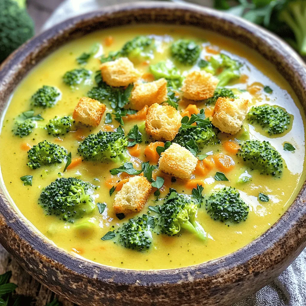 Für die Cremeartige Brokkoli-Cheddar-Suppe brauchst du folgende Zutaten: - 1 Esslöffel Olivenöl - 1 mittelgroße Zwiebel, gewürfelt - 2 Knoblauchzehen, fein gehackt - 4 Tassen frische Brokkoliröschen - 2 mittlere Karotten, gewürfelt - 4 Tassen Gemüsebrühe - 1 Tasse Schlagsahne - 2 Tassen geriebener sharp Cheddar-Käse - 1 Teelöffel Zwiebelpulver - 1 Teelöffel Knoblauchpulver - Salz und Pfeffer nach Geschmack - Croutons und frische Petersilie zum Garnieren (optional) Ich empfehle, frische Zutaten zu verwenden. Frischer Brokkoli hat mehr Geschmack und Nährstoffe. Gefrorener Brokkoli ist zwar praktisch, kann aber die Textur der Suppe beeinflussen. Wenn du gefrorenen Brokkoli wählst, achte darauf, ihn gut abzutropfen. Achte beim Kauf von Brokkoli auf leuchtend grüne Röschen ohne gelbe Stellen. Die Zwiebeln sollten fest und ohne Druckstellen sein. Wähle frische Knoblauchzehen, die fest und ohne Keime sind. Für den Cheddar-Käse suche nach einem scharfen oder extra scharfen Käse. Diese Auswahl sorgt für einen intensiven Geschmack in deiner Suppe. Die Zubereitung der Cremeartigen Brokkoli-Cheddar-Suppe ist einfach. Du brauchst etwa 10 Minuten, um alles vorzubereiten. Hier sind die Geräte, die du benötigst: - Ein großer Kochtopf - Ein Stabmixer oder Standmixer - Ein Schneidebrett - Ein scharfes Messer - Messbecher und Esslöffel Mit diesen Geräten bist du gut ausgestattet. 1. Erhitze in einem großen Topf das Olivenöl auf mittlerer Hitze. 2. Füge die gewürfelte Zwiebel hinzu und brate sie etwa 5 Minuten lang. Sie sollte durchsichtig werden. 3. Gib den fein gehackten Knoblauch dazu und brate ihn 1-2 Minuten, bis er gut riecht. 4. Rühre die Brokkoliröschen und gewürfelten Karotten unter. Koche sie für etwa 5 Minuten, bis sie leicht weich werden. 5. Gieße die Gemüsebrühe hinein und bringe alles zum Kochen. 6. Reduziere die Hitze und lasse die Suppe 15-20 Minuten simmern. Das Gemüse sollte zart sein. 7. Nutze den Stabmixer, um die Suppe glatt und cremig zu pürieren. 8. Stelle die pürierte Suppe wieder auf niedrige Hitze. Rühre die Schlagsahne und den Käse ein. 9. Schmecke die Suppe mit Salz und Pfeffer ab. 10. Serviere die Suppe heiß. Garniere sie mit Croutons und Petersilie, wenn du magst. Das ist das Full Recipe für die Käse-Brokkoli-Glückssuppe. Diese Suppe ist nicht nur einfach, sondern auch sehr lecker. Du kannst sie zu jeder Zeit genießen, besonders an kalten Tagen. Die Kombination aus Brokkoli und Cheddar macht sie besonders schmackhaft. Um die perfekte Konsistenz für die Suppe zu erreichen, püriere sie gut. Ein Stabmixer ist ideal, da er die Suppe gleichmäßig macht. Wenn du eine dickere Suppe magst, püriere weniger. Für eine dünnere Suppe füge mehr Brühe hinzu. Achte darauf, die Temperatur niedrig zu halten, damit die Sahne nicht gerinnt. Um den Geschmack zu verbessern, probiere unterschiedliche Käsesorten. Gouda oder Parmesan geben einen neuen Twist. Ein Spritzer Zitronensaft bringt Frische. Du kannst auch Muskatnuss hinzufügen. Sie verleiht der Suppe eine warme Note. Frische Kräuter wie Thymian oder Schnittlauch sind ebenfalls lecker. Ein häufiger Fehler ist, die Brühe zu früh hinzuzufügen. Das Gemüse muss zuerst weich werden. Achte darauf, die Hitze nicht zu hoch zu drehen. Zu starke Hitze kann die Sahne trennen. Teste die Suppe immer vor dem Servieren. So kannst du die Gewürze anpassen und sicherstellen, dass alles gut schmeckt. {{image_4}} Wenn du die Cremeartige Brokkoli-Cheddar-Suppe vegetarisch oder vegan machen möchtest, ist das einfach. Du kannst die Schlagsahne durch Kokosmilch oder eine pflanzliche Sahne ersetzen. Das gibt der Suppe eine cremige Konsistenz. Für den Käse empfehle ich veganen Käse auf Nussbasis. So bleibt der Geschmack lecker und du sparst tierische Produkte. Um mehr Geschmack in die Suppe zu bringen, kannst du einige Zutaten hinzufügen. Zum Beispiel passen geröstete Mandeln oder Walnüsse gut dazu. Auch ein Spritzer Zitronensaft bringt Frische. Wenn du es würziger magst, füge etwas Cayennepfeffer oder Paprika hinzu. Diese kleinen Änderungen machen viel aus und geben deiner Suppe einen neuen Twist. Falls du keinen Käse oder Sahne magst, gibt es viele Alternativen. Nutritional Yeast ist eine tolle Option, um einen käsigen Geschmack zu erzielen. Du kannst auch pürierte Cashews verwenden, um die Suppe cremig zu machen. Diese Zutaten bieten die gleiche Textur und einen tollen Geschmack. Experimentiere mit verschiedenen Optionen, um die perfekte Mischung für deinen Gaumen zu finden. Für das komplette Rezept schau dir die Käse-Brokkoli-Glückssuppe an. Um die Cremige Brokkoli-Cheddar-Suppe frisch zu halten, lagere sie in einem luftdichten Behälter. Lass die Suppe zuerst auf Raumtemperatur abkühlen. Achte darauf, den Behälter gut zu verschließen. So bleibt die Suppe länger lecker. Wenn du die Suppe aufwärmen möchtest, nutze einen Topf auf mittlerer Hitze. Rühre die Suppe häufig um, damit sie gleichmäßig warm wird. Füge etwas Brühe oder Sahne hinzu, wenn die Suppe zu dick ist. Dies hilft, die cremige Konsistenz wiederherzustellen. Im Kühlschrank bleibt die Suppe etwa 3 bis 4 Tage frisch. Achte darauf, sie gut abzudecken. Wenn du die Suppe länger aufbewahren möchtest, friere sie ein. Im Gefrierschrank hält sie bis zu 3 Monate. Vergiss nicht, sie in Portionen zu lagern, damit du nur das aufwärmst, was du brauchst. Ja, du kannst die Suppe im Voraus zubereiten. Es ist eine tolle Idee. Bereite die Suppe einfach bis zur cremigen Phase vor. Lass sie dann abkühlen und stelle sie in den Kühlschrank. Du kannst die Suppe bis zu drei Tage aufbewahren. Zum Servieren erhitzt du die Suppe auf dem Herd. Achte darauf, die Hitze niedrig zu halten, damit die Sahne nicht gerinnt. Um die Suppe dicker zu machen, püriere mehr Gemüse. Du kannst auch eine Mehlschwitze verwenden. Mische dazu etwas Butter mit Mehl und koche das kurz. Füge es dann zur Suppe hinzu. Möchtest du die Suppe dünner machen? Füge einfach mehr Gemüsebrühe oder Wasser hinzu. Rühre gut um, bis die gewünschte Konsistenz erreicht ist. Die Suppe schmeckt gut mit verschiedenen Beilagen. Croutons sind eine beliebte Wahl. Sie geben einen schönen Crunch. Auch frisches Brot passt perfekt dazu. Du kannst Baguette oder knusprige Brötchen servieren. Für etwas Farbe und Geschmack eignen sich frische Kräuter wie Petersilie. Sie machen die Suppe noch schöner und leckerer. In diesem Artikel habe ich die wichtigsten Zutaten für die Käse-Brokkoli-Glückssuppe erläutert. Ich habe frische und gefrorene Optionen verglichen und Tipps zur Auswahl gegeben. Danach gab ich eine klare Schritt-für-Schritt-Anleitung zum Kochen, gefolgt von wertvollen Tipps für die perfekte Konsistenz. Ich präsentierte Variationen für verschiedene Diäten und gab Tipps zur Aufbewahrung. Denken Sie daran, beim Kochen einfach zu bleiben. Experimentieren und anpassen macht das Kochen spannend. Genießen Sie Ihre Suppe!