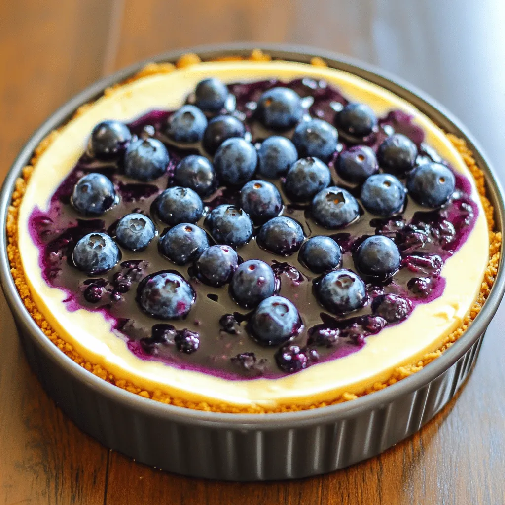 Für einen köstlichen No-Bake Blueberry Cheesecake benötigst du: - 1 ½ Tassen Graham-Cracker-Brösel - ¼ Tasse ungesalzene Butter, geschmolzen - 2 Tassen Frischkäse, weich - 1 Tasse Puderzucker - 1 Teelöffel Vanilleextrakt - 1 Tasse Schlagsahne - 2 Tassen frische Blaubeeren - 2 Esslöffel Zitronensaft - 1 Esslöffel Maisstärke - 1 Esslöffel Honig (optional) Diese Zutaten sind einfach zu finden. Der Frischkäse gibt dem Cheesecake seine Cremigkeit. Die Blaubeeren bringen Frische und Farbe. Falls du keine Graham-Cracker hast, kannst du auch andere Kekse verwenden. Butterkekse oder Digestive-Kekse sind gute Alternativen. Wenn du keinen Frischkäse magst, probiere Quark oder einen pflanzlichen Käse. Für eine vegane Option kannst du Kokoscreme verwenden. Verwende frische oder gefrorene Blaubeeren. Wenn du keine Blaubeeren magst, nimm Erdbeeren oder Himbeeren. Die Nährwerte eines Stücks Cheesecake sind ungefähr: - Kalorien: 300 - Fett: 20 g - Kohlenhydrate: 28 g - Zucker: 18 g - Protein: 4 g Dieser Kuchen ist eine leckere süße Belohnung. Du kannst ihn teilen oder für einen besonderen Anlass genießen. Schau dir das vollständige Rezept an, um deine No-Bake Blueberry Cheesecake-Kreation zu machen! Für die Kruste nehmen Sie 1 ½ Tassen Graham-Cracker-Brösel. Fügen Sie ¼ Tasse geschmolzene Butter hinzu. Rühren Sie die Mischung gut um. Drücken Sie die Mischung in eine 9-Zoll-Springform. Stellen Sie die Form in den Kühlschrank. Lassen Sie die Kruste fest werden, während Sie die Füllung machen. In einer großen Schüssel nehmen Sie 2 Tassen weichen Frischkäse. Schlagen Sie ihn mit einem Mixer, bis er glatt ist. Fügen Sie 1 Tasse Puderzucker und 1 Teelöffel Vanilleextrakt hinzu. Mixen Sie weiter, bis alles gut verbunden ist. In einer anderen Schüssel schlagen Sie 1 Tasse Schlagsahne, bis sich steife Spitzen bilden. Heben Sie die Schlagsahne vorsichtig unter die Frischkäsemischung. In einem kleinen Topf kombinieren Sie 2 Tassen frische Blaubeeren, 2 Esslöffel Zitronensaft und, falls gewünscht, 1 Esslöffel Honig. Fügen Sie 1 Esslöffel Maisstärke hinzu. Kochen Sie die Mischung bei mittlerer Hitze, während Sie leicht rühren. Nach etwa 5 Minuten sind die Blaubeeren weich. Nehmen Sie den Topf vom Herd und lassen Sie die Mischung abkühlen. Für die vollständige Zubereitung und alle Details schauen Sie sich das [Full Recipe](#) an. Ein häufiger Fehler ist, die Graham-Cracker-Kruste nicht richtig zu drücken. Wenn die Kruste locker ist, zerbricht der Käsekuchen beim Servieren. Achten Sie darauf, die Brösel fest und gleichmäßig auf dem Boden zu verteilen. Ein weiterer Fehler ist, die Sahne nicht steif genug zu schlagen. Die Schlagsahne gibt dem Käsekuchen seine luftige Textur. Übermixen Sie die Füllung nicht, da sie sonst zu flüssig wird. Für die perfekte Konsistenz ist es wichtig, den Frischkäse gut zu mixen. Er sollte weich und glatt sein, bevor Sie andere Zutaten hinzufügen. Verwenden Sie Raumtemperatur-Frischkäse, damit sich alles gut vermischt. Fügen Sie die Schlagsahne vorsichtig hinzu, um die Luftigkeit zu bewahren. Wenn die Füllung zu dick ist, können Sie etwas mehr Sahne unterheben. Für eine festere Konsistenz lassen Sie den Käsekuchen länger im Kühlschrank. Servieren Sie den Käsekuchen kühl, direkt aus dem Kühlschrank. Dekorieren Sie ihn mit frischen Blaubeeren und einem Spritzer der Blaubeersauce. Für einen besonderen Look können Sie Minzblätter hinzufügen. Nutzen Sie ein scharfes Messer, um saubere Stücke zu schneiden. Stellen Sie sicher, dass jeder Bissen etwas von der Blaubeersauce hat. So wird jeder Löffel zu einem Genuss. Weitere Ideen finden Sie im Full Recipe. {{image_4}} Du kannst den No-Bake Blueberry Cheesecake leicht abändern. Probiere andere Früchte aus! Erdbeeren, Himbeeren oder Pfirsiche sind tolle Alternativen. Diese Früchte bringen neue Geschmäcker und Farben. Für jeden Geschmack ist etwas dabei. Du kannst auch eine Mischung verwenden. Das macht den Kuchen bunt und fruchtig. Achte darauf, die Frucht gut zu pürieren, wenn du eine glatte Füllung magst. Wenn du glutenfrei leben möchtest, wähle glutenfreie Keksbrösel. Diese Brösel sind einfach zu finden. Du kannst auch eine Mischung aus Nüssen und Datteln verwenden. Das gibt dem Boden einen tollen Geschmack. Für vegane Optionen ersetze den Frischkäse durch einen veganen Frischkäse. Kokoscreme ist eine gute Wahl. Auch pflanzliche Sahne funktioniert gut. So kannst du den Käsekuchen vegan genießen! Die Basis des Käsekuchens ist wichtig. Du kannst mit verschiedenen Keksarten experimentieren. Vollkornkekse oder Schokoladenkekse geben einen anderen Geschmack. Wenn du einen keksfreien Boden magst, probiere Haferflocken oder zerdrückte Mandeln. Das gibt dem Käsekuchen eine andere Textur. Du hast viele Möglichkeiten, um kreativ zu sein. Lass deiner Fantasie freien Lauf! Für das beste Ergebnis, halte die Maße der Zutaten im Auge. Für mehr Infos zur Zubereitung schau dir das [Full Recipe] an. Um den No-Bake Blueberry Cheesecake frisch zu halten, lege ihn in den Kühlschrank. Verwende eine gut sitzende Frischhaltefolie oder einen luftdichten Behälter. So bleibt die Textur fest und der Geschmack bleibt intensiv. Stelle sicher, dass der Käsekuchen nicht mit anderen Lebensmitteln in Berührung kommt, um Gerüche zu vermeiden. Im Kühlschrank hält der Käsekuchen bis zu fünf Tage. Wenn du ihn länger aufbewahren möchtest, friere ihn besser ein. Nach ein paar Tagen kann die Kruste weich werden. Die Füllung bleibt jedoch lecker und cremig. Achte darauf, die frischen Blaubeeren erst kurz vor dem Servieren hinzuzufügen. Du kannst den Käsekuchen auch einfrieren. Schneide ihn in Stücke und lege sie in einen luftdichten Behälter. So ist es einfach, nur ein Stück zu nehmen, wenn du Lust darauf hast. Der Käsekuchen hält sich im Gefrierfach bis zu drei Monate. Zum Auftauen, lege die Stücke einfach in den Kühlschrank über Nacht. Dies bewahrt die Textur und den Geschmack. Wenn du noch mehr über die Zubereitung erfahren möchtest, schau dir das [Full Recipe](#) an. Ja, du kannst den Käsekuchen auch ohne Blaubeeren machen. Du hast viele Optionen. Du kannst Erdbeeren, Himbeeren oder Pfirsiche verwenden. Auch Mango kann eine tolle Wahl sein. Achte darauf, die Früchte gut zu pürieren. Das gibt dem Käsekuchen eine schöne Farbe und einen leckeren Geschmack. Der Käsekuchen muss mindestens vier Stunden im Kühlschrank sein. Am besten lässt du ihn über Nacht stehen. So wird er schön fest und die Aromen ziehen gut durch. Wenn du ihn länger im Kühlschrank lässt, bleibt er frisch und lecker. Falls du keinen Frischkäse hast, gibt es Alternativen. Du kannst Mascarpone oder griechischen Joghurt verwenden. Sie geben dem Käsekuchen auch eine cremige Textur. Für eine vegane Option nutze Cashewcreme oder pflanzlichen Frischkäse. Diese Alternativen machen deinen Käsekuchen ebenso lecker. Für das vollständige Rezept schaue dir die [Full Recipe] an. Der No-Bake Blueberry Cheesecake ist einfach und lecker. Wir haben die Hauptzutaten und ihre Alternativen erkundet. Die Schritt-für-Schritt-Anleitung zeigt, wie du die Kruste, die Füllung und die Sauce zubereitest. Tipps helfen dir, Fehler zu vermeiden und die Konsistenz zu perfektionieren. Zudem gibt es kreative Variationen und wichtige Hinweise zur Lagerung. Wichtig ist, dass du den Käsekuchen ganz nach deinem Geschmack anpassen kannst. Ich hoffe, du bist bereit, diesen einfachen, köstlichen Käsekuchen auszuprobieren!