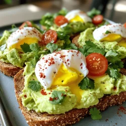 Hier sind die Zutaten, die Sie für das perfekte Smashed Avocado Toast mit Ei brauchen: - 2 reife Avocados - 4 Scheiben Vollkornbrot - 4 große Eier - 1 Esslöffel Zitronensaft - 1 Teelöffel rote Paprikaflocken - Salz und Pfeffer nach Geschmack - Frischer Koriander oder Petersilie zur Garnitur - Optional: Cherry-Tomaten, halbiert Die Auswahl der richtigen Avocado ist wichtig. Achten Sie auf diese Punkte: - Farbe: Suchen Sie nach einer dunkleren, matten Haut. - Fühl: Drücken Sie leicht. Die Avocado sollte sich weich anfühlen, aber nicht zerdrückt werden. - Reife: Wenn Sie sie nicht sofort verwenden, wählen Sie feste Avocados. Lassen Sie diese bei Raumtemperatur reifen. - Kern: Überprüfen Sie, ob der Kern leicht wackelt. Das zeigt, dass die Avocado reif ist. Sie können Ihr Avocado Toast anpassen. Hier sind einige Ideen: - Brot: Verwenden Sie Sauerteig oder glutenfreies Brot. - Eier: Probieren Sie Rühreier oder Spiegeleier. - Kräuter: Fügen Sie frischen Dill oder Basilikum hinzu. - Gemüse: Garnieren Sie mit Radieschen oder Gurken. - Gewürze: Experimentieren Sie mit Kreuzkümmel oder Kurkuma für einen besonderen Geschmack. Für das vollständige Rezept schauen Sie sich die [Full Recipe] an. Zuerst sammeln wir alle Zutaten für unser Gericht. Dafür benötigst du: - 2 reife Avocados - 4 Scheiben Vollkornbrot - 4 große Eier - 1 Esslöffel Zitronensaft - 1 Teelöffel rote Paprikaflocken - Salz und Pfeffer nach Geschmack - Frischer Koriander oder Petersilie zur Garnitur - Optional: Cherry-Tomaten, halbiert Achte darauf, dass die Avocados reif sind. Sie sollten leicht nachgeben, wenn du sie drückst. Jetzt ist es Zeit, das Vollkornbrot zu toasten. Lege die Scheiben in den Toaster und stelle ihn auf mittlere Hitze. Toast das Brot, bis es goldbraun und knusprig ist. Das gibt unserem Gericht den perfekten Crunch. Während das Brot toastet, schneide die Avocados der Länge nach auf. Entferne den Kern und schöpfe das Fruchtfleisch in eine Schüssel. Mit einer Gabel zerdrücke das Avocadofleisch. Es sollte cremig, aber nicht zu glatt sein. Füge Zitronensaft, rote Paprikaflocken, Salz und Pfeffer hinzu. Rühre alles gut um, bis die Zutaten gleichmäßig vermischt sind. Jetzt kommen die Eier dran! Erhitze in einer beschichteten Pfanne Wasser, bis es sanft köchelt. Schlage ein Ei in eine kleine Schüssel. Gleite das Ei vorsichtig in das Wasser. Wiederhole das mit den anderen Eiern. Poachiere die Eier für 3-4 Minuten. Das Eiweiß sollte fest sein, das Eigelb bleibt jedoch flüssig. Sobald das Brot fertig ist, streiche die Avocadomischung großzügig auf jede Scheibe. Nimm einen Schaumlöffel und hebe die pochierten Eier vorsichtig aus dem Wasser. Lass das überschüssige Wasser abtropfen und lege ein Ei auf jede Toastscheibe. Du kannst die Toasts nach Belieben mit roten Paprikaflocken, frischen Kräutern und halbierten Cherry-Tomaten garnieren. Für eine vollständige Anleitung, schau dir das [Full Recipe](#) an. Um die perfekte Konsistenz der Avocado zu erreichen, achten Sie auf die Reife. Wählen Sie Avocados, die leicht nachgeben, wenn Sie sanft drücken. Schneiden Sie die Avocados und entfernen Sie den Kern. Verwenden Sie eine Gabel, um das Fruchtfleisch zu zerdrücken. Mischen Sie es nicht zu lange, damit es cremig bleibt. Fügen Sie Zitronensaft hinzu, um die Frische zu bewahren und die Farbe zu schützen. Ein bisschen Salz und Pfeffer rundet den Geschmack ab. Für dieses Rezept benötigen Sie einige einfache Küchengeräte. Ein Toaster sorgt für knuspriges Brot. Eine Gabel ist wichtig zum Zermatschen der Avocados. Eine Schüssel zum Mischen der Zutaten ist ebenfalls nötig. Um die Eier zu pochieren, nutzen Sie eine beschichtete Pfanne und einen Schaumlöffel. Diese Geräte machen die Zubereitung einfach und effizient. Die Präsentation ist entscheidend für den Genuss. Arrangieren Sie die Toasts auf einem großen Servierteller. Streuen Sie frische Kräuter und rote Paprikaflocken darüber. Fügen Sie halbierte Cherry-Tomaten für einen Farbtupfer hinzu. Servieren Sie die Toasts warm, damit sie köstlich aussehen. Verwenden Sie ein schönes Geschirr, um das Gericht hervorzuheben. So wird Ihr Frühstück zu einem echten Hingucker! {{image_4}} Smashed Avocado Toast mit Ei ist vielseitig. Du kannst ihn mit verschiedenen Belägen anpassen. Ein beliebter Belag ist Feta-Käse. Er fügt eine salzige Note hinzu. Du kannst auch etwas Sriracha darüber geben, wenn du es scharf magst. Frische Tomaten oder Radieschen bringen Knackigkeit ins Spiel. Für mehr Crunch, probiere geröstete Nüsse oder Samen. Diese Toppings machen dein Gericht noch aufregender. Wenn du vegan bist, kannst du das Ei weglassen. Stattdessen verwende geröstete Kichererbsen oder Tofu. Beides gibt deinem Toast eine tolle Textur. Wenn du glutenfrei isst, nimm glutenfreies Brot. Es gibt viele gute Alternativen auf dem Markt. Achte darauf, dass du frische und gesunde Zutaten verwendest. So bleibst du im Einklang mit deiner Diät. Saisonale Zutaten bringen immer frischen Geschmack. Im Frühling sind Radieschen und Spargel perfekt. Im Sommer sind frische Beeren und Basilikum eine tolle Wahl. Im Herbst kannst du geröstete Kürbiswürfel hinzufügen. Im Winter sind geröstete Nüsse und Granatapfelkerne ideal. Diese saisonalen Zutaten geben deinem Toast einen neuen Twist. Erweitere dein Rezept mit diesen frischen Aromen. Für das vollständige Rezept schaue dir die Anleitung an. Sobald Ihre Toasts fertig sind, ist es wichtig, sie richtig zu lagern. Stellen Sie sicher, dass Sie die Toasts nicht zu lange stehen lassen. Der beste Weg, um sie frisch zu halten, ist, sie in einem luftdichten Behälter aufzubewahren. Sie können sie auch auf einem Teller mit Frischhaltefolie abdecken. So bleiben sie bis zu zwei Stunden frisch. Wenn Sie die Toasts für später aufbewahren möchten, legen Sie die Avocado-Mischung und die Eier separat auf das Brot. So bleibt alles frisch. Die Avocado-Mischung kann in einem luftdichten Behälter bis zu zwei Tage im Kühlschrank aufbewahrt werden. Um die beste Frische zu gewährleisten, fügen Sie etwas Zitronensaft hinzu. Das hilft, die Avocado vor dem Braunwerden zu schützen. Wenn Sie die Mischung aufbewahren, achten Sie darauf, dass sie gut abgedeckt ist. So bleibt die Mischung cremig und schmackhaft. Braune Avocados sind oft das Ergebnis von Luftkontakt. Um dies zu vermeiden, decken Sie die Avocado-Mischung gut ab. Sie können auch die Avocados ganz lassen, bis Sie bereit sind, sie zu verwenden. Wenn Sie eine Avocado aufschneiden, drücken Sie etwas Zitronensaft auf die Schnittfläche. Das hilft, die Farbe zu bewahren. Lagern Sie übrig gebliebene Avocado-Mischung mit Frischhaltefolie direkt auf der Oberfläche. So bleibt sie grün und frisch. Die Avocado-Mischung bleibt frisch für etwa 1-2 Tage im Kühlschrank. Um die Farbe zu schützen, decke die Schüssel gut ab. Luftkontakt kann die Avocado schnell braun machen. Ja, du kannst die Eier braten, rühren oder sogar im Ofen backen. Das Pochieren bietet jedoch eine tolle Textur und Geschmack. Probiere verschiedene Methoden aus, um deinen Favoriten zu finden. Du kannst auch andere Brotsorten wie Sauerteig, Roggen oder glutenfreies Brot verwenden. Jede Sorte bringt ihren eigenen Geschmack. Experimentiere, um die perfekte Kombination für dich zu finden. Ja, die Avocados sind reich an gesunden Fetten. Sie liefern einfach ungesättigte Fette, die gut für dein Herz sind. Diese Fette helfen auch, die Nährstoffe aus anderen Lebensmitteln besser aufzunehmen. Um die Schärfe zu steigern, füge mehr rote Paprikaflocken hinzu. Wenn du es milder magst, verwende weniger oder lasse sie ganz weg. Du kannst auch frische Chilis oder Pfeffer verwenden, um die Schärfe zu variieren. In diesem Artikel haben wir alles über das perfekte Avocado-Toast erfahren. Wir haben die wichtigen Zutaten, Zubereitungsschritte und nützliche Tipps besprochen. Zudem haben wir Variationen für jeden Geschmack sowie Lagerinformationen gegeben. Avocado-Toast ist nicht nur lecker, sondern auch gesund und anpassbar. Nutze diese Anleitung, um deine eigenen köstlichen Kreationen zu zaubern. Probiere ruhig verschiedene Zutaten aus und finde deinen Favoriten!