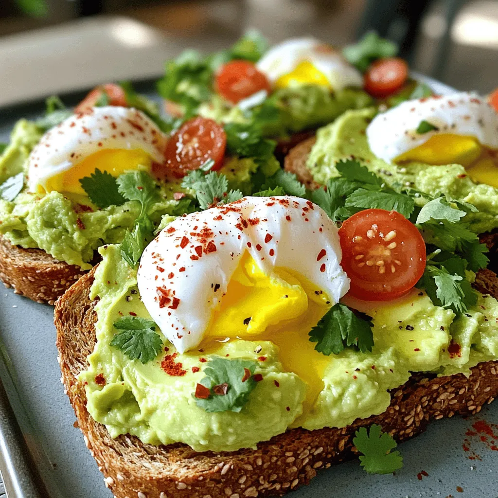Hier sind die Zutaten, die Sie für das perfekte Smashed Avocado Toast mit Ei brauchen: - 2 reife Avocados - 4 Scheiben Vollkornbrot - 4 große Eier - 1 Esslöffel Zitronensaft - 1 Teelöffel rote Paprikaflocken - Salz und Pfeffer nach Geschmack - Frischer Koriander oder Petersilie zur Garnitur - Optional: Cherry-Tomaten, halbiert Die Auswahl der richtigen Avocado ist wichtig. Achten Sie auf diese Punkte: - Farbe: Suchen Sie nach einer dunkleren, matten Haut. - Fühl: Drücken Sie leicht. Die Avocado sollte sich weich anfühlen, aber nicht zerdrückt werden. - Reife: Wenn Sie sie nicht sofort verwenden, wählen Sie feste Avocados. Lassen Sie diese bei Raumtemperatur reifen. - Kern: Überprüfen Sie, ob der Kern leicht wackelt. Das zeigt, dass die Avocado reif ist. Sie können Ihr Avocado Toast anpassen. Hier sind einige Ideen: - Brot: Verwenden Sie Sauerteig oder glutenfreies Brot. - Eier: Probieren Sie Rühreier oder Spiegeleier. - Kräuter: Fügen Sie frischen Dill oder Basilikum hinzu. - Gemüse: Garnieren Sie mit Radieschen oder Gurken. - Gewürze: Experimentieren Sie mit Kreuzkümmel oder Kurkuma für einen besonderen Geschmack. Für das vollständige Rezept schauen Sie sich die [Full Recipe] an. Zuerst sammeln wir alle Zutaten für unser Gericht. Dafür benötigst du: - 2 reife Avocados - 4 Scheiben Vollkornbrot - 4 große Eier - 1 Esslöffel Zitronensaft - 1 Teelöffel rote Paprikaflocken - Salz und Pfeffer nach Geschmack - Frischer Koriander oder Petersilie zur Garnitur - Optional: Cherry-Tomaten, halbiert Achte darauf, dass die Avocados reif sind. Sie sollten leicht nachgeben, wenn du sie drückst. Jetzt ist es Zeit, das Vollkornbrot zu toasten. Lege die Scheiben in den Toaster und stelle ihn auf mittlere Hitze. Toast das Brot, bis es goldbraun und knusprig ist. Das gibt unserem Gericht den perfekten Crunch. Während das Brot toastet, schneide die Avocados der Länge nach auf. Entferne den Kern und schöpfe das Fruchtfleisch in eine Schüssel. Mit einer Gabel zerdrücke das Avocadofleisch. Es sollte cremig, aber nicht zu glatt sein. Füge Zitronensaft, rote Paprikaflocken, Salz und Pfeffer hinzu. Rühre alles gut um, bis die Zutaten gleichmäßig vermischt sind. Jetzt kommen die Eier dran! Erhitze in einer beschichteten Pfanne Wasser, bis es sanft köchelt. Schlage ein Ei in eine kleine Schüssel. Gleite das Ei vorsichtig in das Wasser. Wiederhole das mit den anderen Eiern. Poachiere die Eier für 3-4 Minuten. Das Eiweiß sollte fest sein, das Eigelb bleibt jedoch flüssig. Sobald das Brot fertig ist, streiche die Avocadomischung großzügig auf jede Scheibe. Nimm einen Schaumlöffel und hebe die pochierten Eier vorsichtig aus dem Wasser. Lass das überschüssige Wasser abtropfen und lege ein Ei auf jede Toastscheibe. Du kannst die Toasts nach Belieben mit roten Paprikaflocken, frischen Kräutern und halbierten Cherry-Tomaten garnieren. Für eine vollständige Anleitung, schau dir das [Full Recipe](#) an. Um die perfekte Konsistenz der Avocado zu erreichen, achten Sie auf die Reife. Wählen Sie Avocados, die leicht nachgeben, wenn Sie sanft drücken. Schneiden Sie die Avocados und entfernen Sie den Kern. Verwenden Sie eine Gabel, um das Fruchtfleisch zu zerdrücken. Mischen Sie es nicht zu lange, damit es cremig bleibt. Fügen Sie Zitronensaft hinzu, um die Frische zu bewahren und die Farbe zu schützen. Ein bisschen Salz und Pfeffer rundet den Geschmack ab. Für dieses Rezept benötigen Sie einige einfache Küchengeräte. Ein Toaster sorgt für knuspriges Brot. Eine Gabel ist wichtig zum Zermatschen der Avocados. Eine Schüssel zum Mischen der Zutaten ist ebenfalls nötig. Um die Eier zu pochieren, nutzen Sie eine beschichtete Pfanne und einen Schaumlöffel. Diese Geräte machen die Zubereitung einfach und effizient. Die Präsentation ist entscheidend für den Genuss. Arrangieren Sie die Toasts auf einem großen Servierteller. Streuen Sie frische Kräuter und rote Paprikaflocken darüber. Fügen Sie halbierte Cherry-Tomaten für einen Farbtupfer hinzu. Servieren Sie die Toasts warm, damit sie köstlich aussehen. Verwenden Sie ein schönes Geschirr, um das Gericht hervorzuheben. So wird Ihr Frühstück zu einem echten Hingucker! {{image_4}} Smashed Avocado Toast mit Ei ist vielseitig. Du kannst ihn mit verschiedenen Belägen anpassen. Ein beliebter Belag ist Feta-Käse. Er fügt eine salzige Note hinzu. Du kannst auch etwas Sriracha darüber geben, wenn du es scharf magst. Frische Tomaten oder Radieschen bringen Knackigkeit ins Spiel. Für mehr Crunch, probiere geröstete Nüsse oder Samen. Diese Toppings machen dein Gericht noch aufregender. Wenn du vegan bist, kannst du das Ei weglassen. Stattdessen verwende geröstete Kichererbsen oder Tofu. Beides gibt deinem Toast eine tolle Textur. Wenn du glutenfrei isst, nimm glutenfreies Brot. Es gibt viele gute Alternativen auf dem Markt. Achte darauf, dass du frische und gesunde Zutaten verwendest. So bleibst du im Einklang mit deiner Diät. Saisonale Zutaten bringen immer frischen Geschmack. Im Frühling sind Radieschen und Spargel perfekt. Im Sommer sind frische Beeren und Basilikum eine tolle Wahl. Im Herbst kannst du geröstete Kürbiswürfel hinzufügen. Im Winter sind geröstete Nüsse und Granatapfelkerne ideal. Diese saisonalen Zutaten geben deinem Toast einen neuen Twist. Erweitere dein Rezept mit diesen frischen Aromen. Für das vollständige Rezept schaue dir die Anleitung an. Sobald Ihre Toasts fertig sind, ist es wichtig, sie richtig zu lagern. Stellen Sie sicher, dass Sie die Toasts nicht zu lange stehen lassen. Der beste Weg, um sie frisch zu halten, ist, sie in einem luftdichten Behälter aufzubewahren. Sie können sie auch auf einem Teller mit Frischhaltefolie abdecken. So bleiben sie bis zu zwei Stunden frisch. Wenn Sie die Toasts für später aufbewahren möchten, legen Sie die Avocado-Mischung und die Eier separat auf das Brot. So bleibt alles frisch. Die Avocado-Mischung kann in einem luftdichten Behälter bis zu zwei Tage im Kühlschrank aufbewahrt werden. Um die beste Frische zu gewährleisten, fügen Sie etwas Zitronensaft hinzu. Das hilft, die Avocado vor dem Braunwerden zu schützen. Wenn Sie die Mischung aufbewahren, achten Sie darauf, dass sie gut abgedeckt ist. So bleibt die Mischung cremig und schmackhaft. Braune Avocados sind oft das Ergebnis von Luftkontakt. Um dies zu vermeiden, decken Sie die Avocado-Mischung gut ab. Sie können auch die Avocados ganz lassen, bis Sie bereit sind, sie zu verwenden. Wenn Sie eine Avocado aufschneiden, drücken Sie etwas Zitronensaft auf die Schnittfläche. Das hilft, die Farbe zu bewahren. Lagern Sie übrig gebliebene Avocado-Mischung mit Frischhaltefolie direkt auf der Oberfläche. So bleibt sie grün und frisch. Die Avocado-Mischung bleibt frisch für etwa 1-2 Tage im Kühlschrank. Um die Farbe zu schützen, decke die Schüssel gut ab. Luftkontakt kann die Avocado schnell braun machen. Ja, du kannst die Eier braten, rühren oder sogar im Ofen backen. Das Pochieren bietet jedoch eine tolle Textur und Geschmack. Probiere verschiedene Methoden aus, um deinen Favoriten zu finden. Du kannst auch andere Brotsorten wie Sauerteig, Roggen oder glutenfreies Brot verwenden. Jede Sorte bringt ihren eigenen Geschmack. Experimentiere, um die perfekte Kombination für dich zu finden. Ja, die Avocados sind reich an gesunden Fetten. Sie liefern einfach ungesättigte Fette, die gut für dein Herz sind. Diese Fette helfen auch, die Nährstoffe aus anderen Lebensmitteln besser aufzunehmen. Um die Schärfe zu steigern, füge mehr rote Paprikaflocken hinzu. Wenn du es milder magst, verwende weniger oder lasse sie ganz weg. Du kannst auch frische Chilis oder Pfeffer verwenden, um die Schärfe zu variieren. In diesem Artikel haben wir alles über das perfekte Avocado-Toast erfahren. Wir haben die wichtigen Zutaten, Zubereitungsschritte und nützliche Tipps besprochen. Zudem haben wir Variationen für jeden Geschmack sowie Lagerinformationen gegeben. Avocado-Toast ist nicht nur lecker, sondern auch gesund und anpassbar. Nutze diese Anleitung, um deine eigenen köstlichen Kreationen zu zaubern. Probiere ruhig verschiedene Zutaten aus und finde deinen Favoriten!