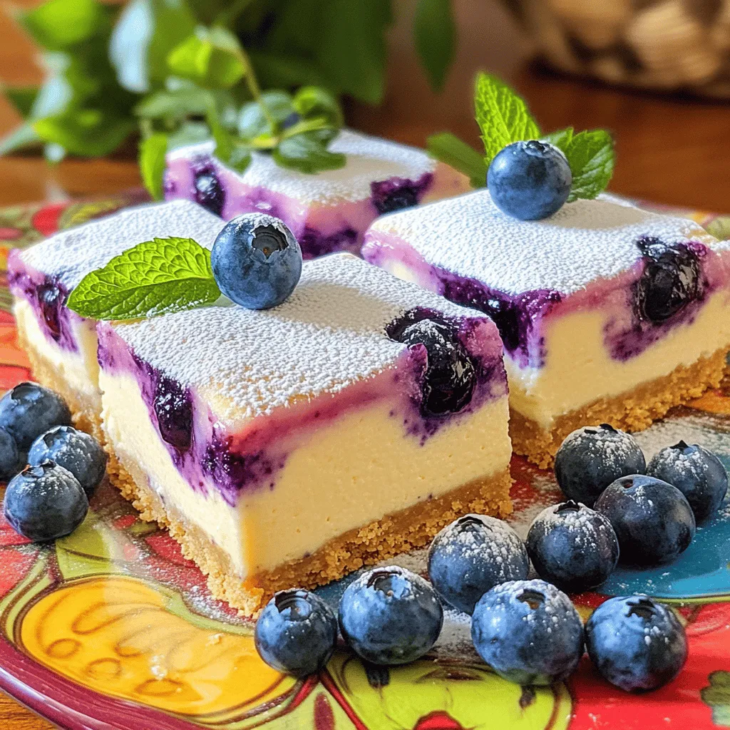 - Graham-Cracker-Brösel: Diese sorgen für eine knusprige Kruste. Mische sie gut mit Butter. - Frischkäse und Zucker: Diese bilden die Basis der Füllung. Sie geben der Masse ihre Cremigkeit. - Heidelbeeren und Zitrone: Diese Zutaten bringen Frische und einen tollen Geschmack. Sie machen die Riegel besonders lecker. - Butter: Du brauchst geschmolzene Butter für die Kruste. Sie hilft, die Brösel zusammenzuhalten. - Eier und Vanilleextrakt: Die Eier sorgen für die Bindung der Masse. Der Vanilleextrakt gibt einen tollen Geschmack. - Puderzucker zum Bestäuben: Dieser ist optional, aber er sieht hübsch aus und schmeckt süß. Verwende die Zutaten, um die perfekten Heidelbeer Cheesecake Riegel zu machen. Die Kombination aus frischen Heidelbeeren und der cremigen Füllung ist einfach köstlich. Du kannst das [Full Recipe] für detaillierte Anweisungen und Mengenangaben nutzen. Heize deinen Ofen auf 175°C (350°F) vor. Nimm eine 20x20 cm (8x8 Zoll) Backform. Lege sie mit Backpapier aus. Lass ein wenig Papier über die Seiten hängen. So kannst du die Riegel später leicht herausnehmen. Jetzt bereitest du die Graham-Cracker-Mischung vor. Nimm eine mittelgroße Schüssel. Vermische 1 ½ Tassen Graham-Cracker-Brösel mit ½ Tasse geschmolzener Butter. Rühre gut um, bis die Mischung wie feuchter Sand aussieht. Drücke diese Mischung gleichmäßig auf den Boden der Backform. Backe die Kruste für 10 Minuten. Lass sie dann kurz abkühlen. In einer großen Schüssel mische 2 Tassen weichen Frischkäse mit 1 Tasse Zucker. Schlage das Ganze auf mittlerer Geschwindigkeit für 2-3 Minuten. Es sollte glatt und cremig sein. Füge dann die 2 großen Eier einzeln hinzu. Rühre gut nach jedem Ei. Jetzt kommt der Vanilleextrakt, der Abrieb von 1 Zitrone und 1 Esslöffel Zitronensaft. Mische alles, bis es gut vermengt ist. Jetzt sind die Heidelbeeren dran. Hebe 1 Tasse frische Heidelbeeren vorsichtig unter die Masse. Achte darauf, sie nicht zu zerdrücken. Gieße die Cheesecake-Masse gleichmäßig über die abgekühlte Kruste in der Backform. Backe alles für 25-30 Minuten. Die Mitte sollte fest und leicht wackelig sein. Schalte den Ofen aus und lasse den Cheesecake für weitere 10 Minuten darin. So kann er allmählich abkühlen. Lass den Cheesecake auf Zimmertemperatur abkühlen. Danach stelle ihn für mindestens 3 Stunden oder über Nacht in den Kühlschrank. So wird er komplett fest. Wenn er fertig ist, hebe ihn mit dem Backpapier aus der Form. Schneide ihn in gleichmäßige Quadrate. Bestäube sie nach Belieben mit Puderzucker. Für das vollständige Rezept kannst du auf [Full Recipe] zurückgreifen. Um die richtige Konsistenz für deine Heidelbeer Cheesecake Riegel zu erreichen, achte auf die Temperatur des Frischkäses. Stelle sicher, dass er weich ist. Der Frischkäse sollte Zimmertemperatur haben. So wird er glatt und cremig. Wenn er kalt ist, klumpt die Masse. Mische die Zutaten gründlich. Beginne mit dem Frischkäse und dem Zucker. Schlage sie gut auf, bis die Mischung glatt ist. Füge die Eier nacheinander hinzu. Mische nach jedem Ei gut durch. Am Ende füge den Zitronenabrieb und den Zitronensaft hinzu. Ein häufiger Fehler ist das Übergaren. Achte darauf, den Cheesecake nicht zu lange zu backen. Die Mitte sollte fest und leicht wackelig sein. So bleibt die Textur cremig. Lasse den Cheesecake im Ofen abkühlen, um die Hitze sanft zu reduzieren. Der Umgang mit frischen Heidelbeeren ist wichtig. Wasche sie vorsichtig, um sie nicht zu zerdrücken. Hebe die Heidelbeeren sanft unter die Masse, damit sie ganz bleiben. So bekommst du leckere Stücke in jedem Bissen. {{image_4}} Du kannst deine Heidelbeer Cheesecake Riegel leicht anpassen. Probiere andere Früchte wie Himbeeren oder Erdbeeren. Diese Früchte bringen frische und neue Geschmäcker. Sie passen gut zu dem cremigen Käse und der süßen Kruste. Du kannst auch Schokoladenstückchen oder Nüsse hinzufügen. Schokolade gibt einen tollen Kontrast zur Säure der Heidelbeeren. Nüsse fügen einen knusprigen Biss hinzu. Wenn du eine glutenfreie Ernährung hast, keine Sorge! Du kannst die Kruste mit glutenfreien Keksen machen. Diese sind einfach zu finden und schmecken super. Für vegane Optionen kannst du den Frischkäse durch pflanzliche Alternativen ersetzen. Statt Eier kannst du Apfelmus oder Leinsamen verwenden. Diese Optionen machen die Riegel für jeden zugänglich. Du musst also nicht auf den Genuss verzichten. - Kühlung im Kühlschrank: Stelle die Riegel in einen luftdichten Behälter. So bleiben sie frisch. Du kannst sie auch mit Frischhaltefolie abdecken. Lagere sie im Kühlschrank für bis zu fünf Tage. Die Kälte hilft, den Geschmack zu bewahren. - Einfrieren der Riegel: Wenn du die Riegel länger aufbewahren möchtest, kannst du sie einfrieren. Schneide die Riegel in Portionen und lege sie in einen gefrierfesten Behälter. Trenne die Schichten mit Backpapier, damit sie nicht aneinander kleben. So bleiben sie bis zu drei Monate frisch. Zum Auftauen lege sie einfach über Nacht in den Kühlschrank. - Tipps zur Frischeerhaltung: Lagere die Riegel immer kühl und trocken. Vermeide direkte Sonneneinstrahlung. Wenn die Riegel gut verpackt sind, bleiben sie länger frisch und schmackhaft. - Anzeichen für Verderb: Achte auf Veränderungen in Farbe oder Geruch. Wenn die Riegel einen seltsamen Geruch haben oder die Heidelbeeren matschig aussehen, dann sind sie wahrscheinlich nicht mehr gut. In diesem Fall solltest du sie nicht essen. Die Blueberry Cheesecake Bars bleiben im Kühlschrank etwa 5 bis 7 Tage frisch. Lager sie in einem luftdichten Behälter. So bleiben sie weich und lecker. Achte darauf, dass der Behälter gut schließt. Wenn du eine längere Haltbarkeit willst, empfehle ich, sie einzufrieren. Ja, du kannst die Riegel einfrieren. Lass sie zuerst ganz abkühlen. Schneide sie dann in Stücke. Wickel jedes Stück in Frischhaltefolie ein. Lege die eingewickelten Riegel in einen Gefrierbeutel. So bleiben sie bis zu 3 Monate frisch. Zum Auftauen lege die Riegel einfach in den Kühlschrank. Nach ein paar Stunden sind sie wieder perfekt. Ja, du kannst die Riegel ohne Zucker machen. Verwende stattdessen natürliche Süßstoffe wie Honig oder Ahornsirup. Auch Erythrit ist eine gute Option. Achte darauf, die Menge je nach Süßstoff anzupassen. Der Geschmack bleibt trotzdem toll, und es ist gesünder. Du kannst viele Variationen ausprobieren. Ersetze die Heidelbeeren mit Himbeeren oder Erdbeeren. Füge Schokoladenstückchen oder gehackte Nüsse hinzu. Auch ein Hauch von Zimt kann gut schmecken. Sei kreativ und finde deinen persönlichen Favoriten. Das Original-Rezept kommt von mir und ist mein persönliches Geheimnis. Du findest das vollständige Rezept in diesem Artikel. Ich habe viel Zeit investiert, um die besten Aromen und Zutaten zu kombinieren. Die Cheesecake-Riegel sind einfach zuzubereiten und lecker. Wir haben die Hauptzutaten, wie Frischkäse und Heidelbeeren, behandelt. Du kannst sie nach deinem Geschmack anpassen, zum Beispiel mit anderen Früchten oder Schokoladenstückchen. Achte auf die Backzeiten und lagere die Riegel richtig, damit sie frisch bleiben. Wenn du diese Tipps befolgst, wirst du großartige Riegel kreieren. Probiere verschiedene Varianten aus und finde deinen Favoriten!