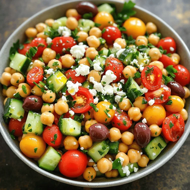 Die Hauptzutaten in diesem Salat sind frisch und bunt. Hier sind die Zutaten, die du brauchst: - 1 Dose (425 g) Kichererbsen, abgetropft und abgespült - 1 Tasse Kirschtomaten, halbiert - 1 Salatgurke, gewürfelt - 1 rote Paprika, gewürfelt - 1/4 rote Zwiebel, fein gehackt - 1/3 Tasse Kalamata-Oliven, entkernt und in Scheiben geschnitten - 1/4 Tasse Feta-Käse, zerbröselt - 1/4 Tasse frische Petersilie, gehackt Diese Zutaten bringen Farbe und Geschmack in den Salat. Kichererbsen sind proteinreich und machen satt. Tomaten und Gurken geben Frische. Paprika fügt Süße hinzu, während Oliven und Feta einen salzigen Kick bringen. Für das Dressing brauchst du nur wenige Zutaten. Hier ist, was du benötigst: - 3 Esslöffel Olivenöl - 2 Esslöffel Zitronensaft - 1 Teelöffel getrockneter Oregano - Salz und Pfeffer nach Geschmack Das Dressing ist einfach, aber voller Geschmack. Das Olivenöl sorgt für eine schöne Textur. Zitronensaft bringt Säure und Frische. Oregano gibt eine mediterrane Note. Du kannst das Dressing nach deinem Geschmack anpassen. Wenn du einige Zutaten nicht hast, keine Sorge! Hier sind einige einfache Alternativen: - Verwende schwarze Bohnen anstelle von Kichererbsen für einen anderen Geschmack. - Statt Feta kannst du auch Ziegenkäse nehmen. - Grüne Paprika kann die rote Paprika ersetzen, wenn du möchtest. - Für eine vegane Version lasse den Feta einfach weg. Diese Substitutionen machen den Salat flexibel. Du kannst ihn nach deinem Geschmack anpassen. Probier verschiedene Kombinationen aus, um deinen perfekten Salat zu finden! Beginne mit der Vorbereitung deiner Zutaten. Nimm eine Dose Kichererbsen und spüle sie gut ab. Das hilft, überschüssiges Salz zu entfernen. Halbiere die Kirschtomaten und würfle die Gurke sowie die rote Paprika. Diese frischen Zutaten bringen Farbe und Geschmack in den Salat. Hacke die rote Zwiebel fein und schneide die Kalamata-Oliven in Scheiben. Das sorgt für einen herzhaften Biss. Zerbrösele den Feta-Käse und hacke die frische Petersilie. Jede Zutat trägt zur Gesamterfahrung bei. Jetzt kommt das Dressing. Nimm eine kleine Schüssel und gib das Olivenöl hinein. Füge den Zitronensaft, den getrockneten Oregano, Salz und Pfeffer hinzu. Rühre die Mischung gut um. Das Dressing sollte frisch und aromatisch sein. Es wird deinen Salat perfekt abrunden. Du kannst die Menge an Salz und Pfeffer anpassen, um den perfekten Geschmack zu finden. Jetzt ist es Zeit, alles zusammenzubringen. Gib die Kichererbsen, Tomaten, Gurken, Paprika, Zwiebeln und Oliven in eine große Rührschüssel. Mische die Zutaten vorsichtig. Dann füge den Feta-Käse und die Petersilie hinzu. Vermenge alles sanft, damit nichts zerdrückt wird. Gieße das Dressing gleichmäßig über die Mischung. Rühre erneut, um alles gut zu bedecken. Lass den Salat 10 Minuten ruhen. Damit verbinden sich die Aromen besser. Serviere den Salat in einer großen Schüssel und genieße die frischen Aromen. Du findest die vollständigen Schritte in der Full Recipe. Mediterraner Kichererbsensalat ist perfekt für Meal Prepping. Du kannst ihn am Sonntag zubereiten und die ganze Woche genießen. Teile den Salat in Portionen auf. Stelle sicher, dass du luftdichte Behälter verwendest. So bleibt der Salat frisch. Du kannst ihn einfach zur Arbeit oder Schule mitnehmen. Der Salat schmeckt auch nach ein paar Tagen noch gut. Um den Geschmack zu verbessern, lasse den Salat vor dem Servieren ruhen. Zehn Minuten reichen aus. So verbinden sich die Aromen gut. Du kannst auch mehr Zitronensaft oder Olivenöl hinzufügen. Dies gibt dem Salat mehr Frische. Experimentiere mit Gewürzen wie Kreuzkümmel oder frischem Dill. Diese bringen einen neuen Geschmack in dein Gericht. Der Salat passt gut zu vielen Gerichten. Du kannst ihn als Beilage zu gegrilltem Fleisch oder Fisch servieren. Er schmeckt auch toll zu Falafel oder Hummus. Wenn du eine leichte Mahlzeit suchst, genieße ihn allein. Probiere auch knuspriges Brot dazu. Es ergänzt die Textur des Salats perfekt. Für das vollständige Rezept schau dir die [Full Recipe] an. {{image_4}} Du kannst den Kichererbsensalat leicht anpassen. Für eine vegane Option lässt du einfach den Feta-Käse weg. Stattdessen kannst du Avocado für Cremigkeit hinzufügen. Das gibt dem Salat einen tollen Geschmack und eine schöne Textur. Wenn du möchtest, füge Nüsse oder Samen hinzu. Dies erhöht den Nährwert und gibt einen feinen Crunch. Der mediterrane Kichererbsensalat kann mit vielen Zutaten verfeinert werden. Probiere, getrocknete Tomaten oder Artischockenherzen hinzuzufügen. Diese bringen eine intensive Geschmackstiefe. Auch frische Kräuter wie Minze oder Dill können neue Aromen bringen. Du kannst sogar etwas Feta-Käse in einer anderen Variante verwenden, wie zum Beispiel Ziegenkäse, um den Geschmack zu variieren. Der Salat ist sehr flexibel und lässt sich saisonal anpassen. Im Frühling kannst du Spargel oder Radieschen hinzufügen. Im Sommer sind frische Erbsen oder Paprika eine gute Wahl. Im Herbst passen geröstete Kürbiswürfel gut dazu. Im Winter kannst du tiefgefrorene Erbsen verwenden oder den Salat mit Feldsalat anrichten. Diese Anpassungen machen jedes Mal Spaß und halten den Salat spannend. Im [Full Recipe] findest du die genauen Mengen und weitere Tipps, um deinen perfekten mediterranen Kichererbsensalat zuzubereiten. Um den mediterranen Kichererbsensalat frisch zu halten, lagere ihn in einem luftdichten Behälter. Stelle sicher, dass der Behälter gut verschlossen ist. So bleibt der Salat knackig und voller Aromen. Der Kühlschrank ist der beste Ort dafür. Halte die Temperatur bei etwa 4 Grad Celsius. Der Salat hält sich im Kühlschrank für etwa 3 bis 5 Tage. Achte darauf, ihn vor dem Verzehr zu überprüfen. Wenn du eine Veränderung in der Farbe oder im Geruch bemerkst, wirf ihn besser weg. Bei guter Lagerung bleibt der Geschmack frisch und lecker. Wenn du den Salat wieder verschließen möchtest, verwende einen sauberen Löffel, um eine Kontamination zu vermeiden. Das verhindert das Wachstum von Bakterien. Du kannst auch etwas Olivenöl hinzufügen, um die Frische zu bewahren. Wenn der Salat trocken erscheint, mische ihn vor dem Essen gut durch. Um das volle Aroma zu genießen, empfehle ich, den Salat vor dem Servieren etwa 10 Minuten ruhen zu lassen. Dies lässt die Aromen gut durchziehen. Für das vollständige Rezept, schau dir den Full Recipe an. Der mediterrane Kichererbsensalat hält im Kühlschrank etwa drei bis fünf Tage. Um die Frische zu bewahren, bewahre ihn in einem luftdichten Behälter auf. Nach ein oder zwei Tagen kann der Salat etwas weicher werden. Das ist normal, da die Kichererbsen und das Gemüse Flüssigkeit abgeben. Ja, du kannst andere Bohnen verwenden. Weiße Bohnen oder schwarze Bohnen sind gute Alternativen. Sie bringen einen anderen Geschmack, aber bleiben gesund. Achte darauf, die Bohnen gut abzutropfen und zu spülen, genau wie bei Kichererbsen. So verhinderst du, dass dein Salat zu feucht wird. Zu diesem Salat passen viele Getränke gut. Ein spritziger Weißwein schmeckt großartig. Auch Mineralwasser mit Zitrone ist erfrischend. Wenn du etwas ohne Alkohol möchtest, probiere einen fruchtigen Eistee. Diese Getränke heben die Aromen des Salats hervor und machen das Essen noch besser. Für das vollständige Rezept schau dir den Abschnitt "Full Recipe" an. In diesem Blogbeitrag haben wir alles über den mediterranen Kichererbsensalat behandelt. Wir haben die wichtigsten Zutaten, die Zubereitung und einige tolle Tipps besprochen. Du kannst diesen Salat leicht variieren und anpassen. Lagerung und Haltbarkeit sind ebenfalls wichtig für die richtige Nutzung. Ein frischer Kichererbsensalat macht jedes Gericht besser. Nutze diese Ideen, um deinen Salat zu optimieren. Du wirst ihn lieben!