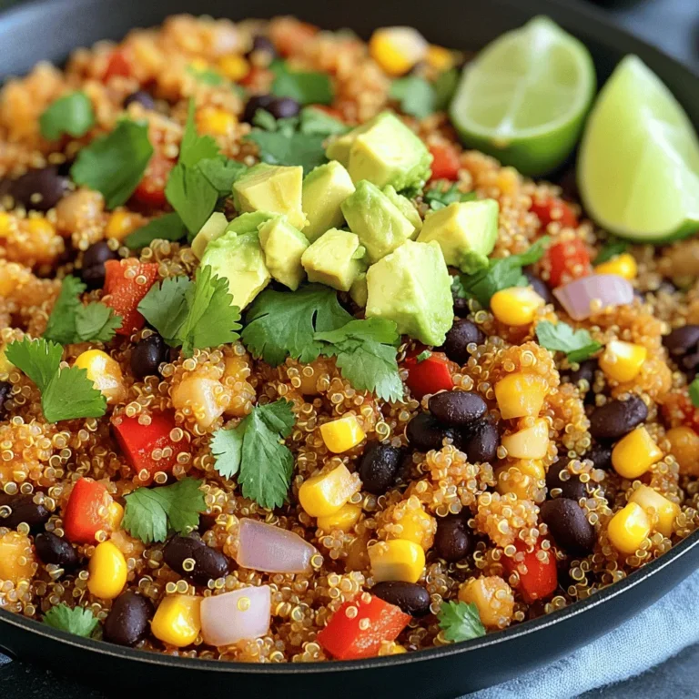 - 1 Tasse Quinoa, gründlich gewaschen - 2 Tassen Gemüsebrühe - 1 Esslöffel Olivenöl Quinoa ist die Hauptzutat in diesem Gericht. Sie ist nahrhaft und hat einen tollen Geschmack. Gemüsebrühe bringt viel Aroma. Sie macht die Quinoa saftig und lecker. Olivenöl fügt gesunde Fette hinzu und hilft beim Braten der Zutaten. - 1 rote Paprika, gewürfelt - 1 gelbe Zwiebel, gewürfelt - 2 Knoblauchzehen, fein gehackt - 1 Dose (425 g) schwarze Bohnen, abgetropft und gewaschen - 1 Dose (425 g) Mais, abgetropft - 1 Teelöffel Kreuzkümmel - 1 Teelöffel geräuchertes Paprikapulver - ½ Teelöffel Chilipulver - Salz und Pfeffer nach Geschmack Die rote Paprika und die gelbe Zwiebel geben Farbe und Süße. Knoblauch bringt einen starken Geschmack. Schwarze Bohnen und Mais fügen Proteine und Fülle hinzu. Gewürze wie Kreuzkümmel und Paprika geben dem Gericht einen tollen Kick. - 1 Avocado, gewürfelt - Frischer Koriander, gehackt - Limettenspalten Avocado macht das Gericht cremig und frisch. Frischer Koriander bringt einen tollen Duft. Limettenspalten geben einen spritzigen Geschmack. Diese Zutaten machen die Ein-Pfannen-Southwest-Quinoa-Pfanne noch besser. Für das vollständige Rezept schauen Sie sich bitte den Full Recipe an. Zuerst wasche die Quinoa gründlich unter kaltem Wasser. Dies entfernt Bitterstoffe und verbessert den Geschmack. Nimm einen mittleren Topf und kombiniere die gewaschene Quinoa mit zwei Tassen Gemüsebrühe. Bring die Mischung bei mittlerer bis hoher Hitze zum Kochen. Reduziere dann die Hitze und decke den Topf ab. Lass die Quinoa etwa 15 Minuten köcheln. Sie ist fertig, wenn sie fluffig ist und die Flüssigkeit aufgesogen wurde. Nimm den Topf vom Herd und stelle ihn beiseite. Jetzt kommt der Spaß! Erhitze einen Esslöffel Olivenöl in einer großen Pfanne bei mittlerer Hitze. Füge die gewürfelte rote Paprika und die gelbe Zwiebel hinzu. Sauté das Gemüse für 5 bis 7 Minuten, bis die Zwiebeln durchsichtig sind. Dann rühre die fein gehackten Knoblauchzehen ein. Lass sie 1 bis 2 Minuten braten, bis sie aromatisch sind. Achte darauf, dass der Knoblauch nicht verbrennt, da er sonst bitter wird. Jetzt ist es Zeit, alles zusammenzuführen! Gib die gekochte Quinoa in die Pfanne. Füge die abgetropften schwarzen Bohnen und den abgetropften Mais hinzu. Streue die Gewürze wie Kreuzkümmel, geräuchertes Paprikapulver und Chilipulver hinein. Vergiss nicht, mit Salz und Pfeffer abzuschmecken. Vermenge alles gut, damit die Aromen gleichmäßig verteilt sind. Lass das Ganze weitere 5 bis 7 Minuten bei mittlerer Hitze kochen. So entfalten sich die Aromen und alles wird schön warm. Voilà! Du hast eine leckere Ein-Pfannen-Southwest-Quinoa-Pfanne. Um perfekte Quinoa zu kochen, gibt es einige einfache Schritte. Zuerst solltest du die Quinoa gründlich waschen. Das entfernt Bitterstoffe, die den Geschmack beeinträchtigen können. Danach kombiniere die gewaschene Quinoa mit Gemüsebrühe in einem Topf. Bring die Mischung zum Kochen. Reduziere dann die Hitze und decke den Topf ab. Lasse die Quinoa etwa 15 Minuten köcheln, bis sie fluffig ist. So erhältst du die beste Textur für dein Gericht. Du kannst die Ein-Pfannen-Southwest-Quinoa-Pfanne nach deinem Geschmack anpassen. Füge verschiedene Gewürze hinzu, um neue Aromen zu entdecken. Zum Beispiel kannst du mehr Chilipulver für mehr Schärfe verwenden. Auch frische Kräuter wie Basilikum oder Petersilie passen gut. Probiere zusätzliches Gemüse wie Zucchini oder Spinat aus. So machst du das Gericht noch nahrhafter und bunter. Denk daran, welche Beilagen und Getränke gut passen. Eine frische Salatbeilage bringt Farbe auf den Teller. Ein einfacher grüner Salat mit Limettendressing ergänzt die Aromen. Du kannst auch Tortilla-Chips dazu servieren, um einen knusprigen Kontrast zu bieten. Als Getränk passen Limonade oder ein leichtes Bier gut zu diesem Gericht. So wird dein Essen zu einem echten Genuss. {{image_4}} Für die Ein-Pfannen-Southwest-Quinoa-Pfanne kannst du verschiedene Pflanzenproteine nutzen. Anstelle von schwarzen Bohnen probiere Kichererbsen oder Linsen. Diese Optionen sind nahrhaft und geben deinem Gericht einen anderen Geschmack. Du kannst auch Edamame verwenden. Sie sind reich an Eiweiß und bringen eine schöne Farbe. Wenn du keine Paprika oder Zwiebel magst, gibt es viele Alternativen. Zucchini oder Karotten schmecken auch gut in diesem Gericht. Du kannst sogar Spinat oder Grünkohl hinzufügen. Sie bringen wichtige Nährstoffe und eine frische Note. Denke daran, das Gemüse in kleine Stücke zu schneiden, damit es gleichmäßig gart. Möchtest du mehr Protein in deiner Pfanne? Füge Hähnchen oder Tofu hinzu. Für Hähnchen kannst du gekochte Stücke verwenden. Diese kannst du einfach unter die Quinoa mischen. Für Tofu nimm festen Tofu, schneide ihn in Würfel und brate ihn vorher an. So wird er knusprig und lecker. Diese Ergänzungen machen dein Essen noch sättigender und voller Geschmack. Die Reste der Ein-Pfannen-Southwest-Quinoa-Pfanne sind einfach zu lagern. Lassen Sie das Gericht zuerst abkühlen. Verwenden Sie dann einen luftdichten Behälter. So bleibt die Quinoa frisch. Im Kühlschrank hält es sich bis zu fünf Tage. Achten Sie darauf, die Reste gut zu verschließen. So vermeiden Sie Gerüche von anderen Lebensmitteln. Um die Reste zu erwärmen, haben Sie zwei gute Optionen. Sie können die Mikrowelle nutzen. Stellen Sie die Leistung auf mittlere Stufe. Erwärmen Sie das Gericht in 1-2 Minuten. Rühren Sie zwischendurch um, um die Hitze gleichmäßig zu verteilen. Alternativ können Sie eine Pfanne verwenden. Stellen Sie die Pfanne bei mittlerer Hitze auf den Herd. Fügen Sie ein wenig Wasser hinzu, um die Quinoa feucht zu halten. Erhitzen Sie alles für etwa fünf Minuten. Um Austrocknung zu vermeiden, verwenden Sie die richtigen Behälter. Ein luftdichter Behälter ist ideal. Sie können auch Frischhaltefolie verwenden. Decken Sie das Gericht gut ab. Dies hilft, die Feuchtigkeit zu halten. Wenn Sie die Quinoa wieder aufwärmen, fügen Sie einen kleinen Spritzer Wasser hinzu. So bleibt das Gericht saftig und lecker. Die Ein-Pfannen-Southwest-Quinoa-Pfanne braucht insgesamt 30 Minuten. Die Vorbereitungszeit beträgt etwa 10 Minuten. Danach kocht die Quinoa für 15 Minuten und das Gemüse für weitere 5 bis 7 Minuten. Das macht es einfach, ein schnelles, leckeres Essen zuzubereiten. Ja, du kannst die Quinoa im Voraus kochen. Koche sie einfach und lasse sie abkühlen. Bewahre sie in einem luftdichten Behälter im Kühlschrank auf. So sparst du Zeit, wenn du die Pfanne zubereitest. Du kannst die Quinoa bis zu drei Tage im Voraus kochen. Das macht die Planung sehr einfach. Ja, die Ein-Pfannen-Southwest-Quinoa-Pfanne ist glutenfrei. Quinoa selbst enthält kein Gluten. Auch die anderen Zutaten wie schwarze Bohnen und Gemüse sind glutenfrei. Achte darauf, dass du auch glutenfreie Brühe verwendest, falls du eine fertig gekaufte Variante benutzt. So kannst du sicher sein, dass das Gericht für alle geeignet ist. Diese Pfanne ist reich an Nährstoffen. Quinoa ist eine gute Quelle für Eiweiß und Ballaststoffe. Die schwarzen Bohnen liefern zusätzliches Eiweiß und Eisen. Paprika und Zwiebeln sind reich an Vitaminen und Antioxidantien. Diese Zutaten unterstützen deine Gesundheit und geben dir Energie. So ist die Ein-Pfannen-Southwest-Quinoa-Pfanne nicht nur lecker, sondern auch gesund. Diese Anleitung zeigt, wie Sie eine schmackhafte Ein-Pfannen-Southwest-Quinoa zubereiten können. Sie lernen, welche Zutaten wichtig sind und wie Sie sie perfekt kombinieren. Ich gebe Tipps, die den Geschmack steigern und Variationen ermöglichen. Auch die Aufbewahrung der Reste ist einfach und sorgt für frische Mahlzeiten. Nutzen Sie diese Infos, um dieses Gericht zu genießen und einfach zuzubereiten. Jetzt sind Sie bereit, kreativ zu werden und Ihre eigene Variante zu entdecken!