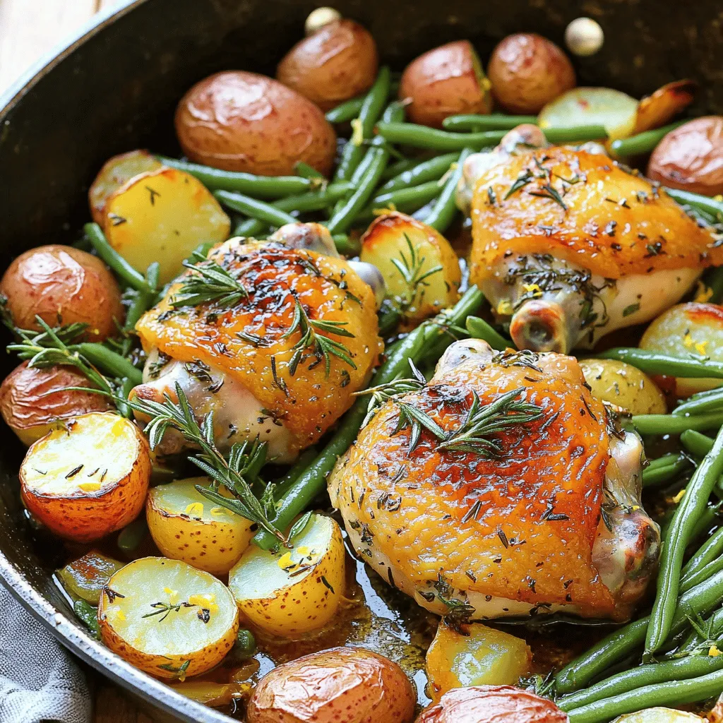 Für die One Pan Herb Roasted Chicken Thighs brauchst du folgende Zutaten: - 4 Hähnchenkeulen, mit Haut und Knochen - 2 Esslöffel Olivenöl - 2 Knoblauchzehen, fein gehackt - 1 Esslöffel frischer Rosmarin, gehackt - 1 Esslöffel frischer Thymian, gehackt - 1 Esslöffel frische Petersilie, gehackt - 1 Zitrone, abgerieben und ausgepresst - Salz und Pfeffer nach Geschmack - 1 Tasse Babykartoffeln, halbiert - 1 Tasse grüne Bohnen, geputzt Diese Zutaten machen das Gericht lecker und gesund. Frische Kräuter bringen viel Geschmack. Ich empfehle, Rosmarin, Thymian und Petersilie zu verwenden. Wähle die Kräuter, die gut riechen. Achte darauf, dass sie grün und knackig sind. Diese Kräuter passen gut zur Hähnchenkeule. Sie geben dem Gericht einen frischen und aromatischen Geschmack. Wenn du Hähnchenkeulen kaufst, suche nach frischen Produkten. Die Haut sollte fest und nicht dunkel sein. Die Farbe sollte gleichmäßig und hell sein. Fragen Sie den Metzger nach der Herkunft des Hähnchens. Bio-Hähnchen sind oft die beste Wahl. Sie haben einen besseren Geschmack und sind gesünder. Du kannst die Hähnchenkeulen auch selbst würzen, um sie noch besser zu machen. Für das vollständige Rezept schau dir die Sektion "Full Recipe" an. Heize deinen Ofen auf 220 °C vor. Das ist wichtig für eine gleichmäßige Garung. In einer großen Schüssel vermischst du 2 Esslöffel Olivenöl, 2 fein gehackte Knoblauchzehen, 1 Esslöffel gehackten Rosmarin, 1 Esslöffel gehackten Thymian, 1 Esslöffel gehackte Petersilie sowie den Abrieb und Saft einer Zitrone. Füge Salz und Pfeffer hinzu. Mische alles gut, bis die Marinade gleichmäßig aussieht. Nimm die 4 Hähnchenkeulen und lege sie in die Schüssel mit der Marinade. Achte darauf, dass jede Keule gut überzogen ist. Lass sie mindestens 15 Minuten marinieren. Wenn du mehr Geschmack willst, marinier sie bis zu 2 Stunden. So zieht die Marinade richtig ein. Während das Hähnchen mariniert, bereitest du das Gemüse vor. Halbiere 1 Tasse Babykartoffeln und putze 1 Tasse grüne Bohnen. Gib sie in die Schüssel mit der Marinade. Träufle etwas Olivenöl darüber und würze mit Salz und Pfeffer. Mische alles gut durch. In einer großen, ofenfesten Pfanne ordnest du die marinierten Hähnchenkeulen mit der Hautseite nach oben an. Verteile das Gemüse gleichmäßig um die Keulen. Jetzt ist alles bereit für den Ofen. Um das Hähnchen optimal zu marinieren, benutze frische Kräuter. Du kannst Rosmarin, Thymian und Petersilie wählen. Diese geben dem Hähnchen ein tolles Aroma. Mische die Marinade gut, damit der Geschmack gleichmäßig verteilt ist. Lass die Hähnchenkeulen mindestens 15 Minuten marinieren. Für einen intensiveren Geschmack empfehle ich, sie bis zu 2 Stunden ziehen zu lassen. Für das perfekte Rösten heize den Ofen auf 220 °C vor. Das hohe Temperaturniveau hilft, die Haut knusprig zu machen. Lege die Hähnchenkeulen mit der Haut nach oben in die Pfanne. So wird die Haut schön braun. Röste das Hähnchen 35-40 Minuten. Die Innentemperatur sollte 75 °C erreichen. Das sorgt dafür, dass das Hähnchen saftig bleibt und gut durchgegart ist. Serviere das Gericht direkt aus der Pfanne. Das sieht rustikal und einladend aus. Garniere die Hähnchenkeulen mit frischen Kräutern und Zitronenscheiben. Die Farben bringen Frische auf den Tisch. So wird dein Gericht nicht nur lecker, sondern auch schön anzusehen. Nutze diese Tipps für eine gelungene Präsentation und um deine Gäste zu beeindrucken. Wenn du mehr über dieses Gericht wissen möchtest, schau dir das Full Recipe an. {{image_4}} Du kannst das Rezept leicht anpassen. Statt Babykartoffeln und grünen Bohnen kannst du andere Gemüsesorten verwenden. Zucchini, Paprika oder Karotten sind tolle Optionen. Diese Gemüse bringen neue Farben und Aromen auf den Tisch. Sie passen gut zum Hähnchen und nehmen den Geschmack der Marinade auf. Wenn du es schärfer magst, probiere eine würzige Marinade. Füge etwas Paprika oder Cayennepfeffer hinzu. Du kannst auch Sojasauce oder Honig verwenden, um einen süß-salzigen Geschmack zu erzielen. Eine Kombination aus Knoblauch, Ingwer und Chili gibt dem Gericht einen asiatischen Touch. Experimentiere mit verschiedenen Kräutern, um neue Aromen zu entdecken. Das Rezept ist einfach anpassbar für spezielle Diäten. Für glutenfreie Varianten nutze glutenfreies Öl und achte auf Zutaten ohne Gluten. Wenn du low-carb isst, lasse die Kartoffeln weg und wähle mehr Gemüse wie Brokkoli oder Blumenkohl. Diese Optionen sind lecker und passen gut zum Hähnchen. Du kannst auch die Marinade anpassen, um den Bedürfnissen deiner Diät gerecht zu werden. Um die Reste deines Hähnchens aufzubewahren, benutze einen luftdichten Behälter. Lasse das Hähnchen zuerst abkühlen, bevor du es einpackst. So bleibt es frisch und lecker. Du kannst die Reste bis zu drei Tage im Kühlschrank lagern. Achte darauf, das Gemüse ebenfalls gut zu verpacken. Beim Aufwärmen solltest du das Hähnchen in den Ofen geben. Heize den Ofen auf 180 °C (350 °F). Lege das Hähnchen auf ein Backblech und bedecke es mit Alufolie. So bleibt es saftig. Erwärme das Gericht etwa 20 Minuten lang. Du kannst auch eine Mikrowelle nutzen, aber dann wird das Hähnchen nicht so knusprig. Im Kühlschrank hält sich das Hähnchen drei Tage. Im Gefrierfach kannst du es bis zu drei Monate aufbewahren. Achte darauf, es gut einzupacken, um Frostbrand zu vermeiden. Zum Auftauen lege das Hähnchen über Nacht in den Kühlschrank. So bleibt der Geschmack erhalten. Das Rezept von Ein Pfanne Kräuter-Rösthähnchenkeulen ist einfach und lecker. Die Hähnchenkeulen sind ideal zum Marinieren für mindestens 15 Minuten. Für einen stärkeren Geschmack lasse sie bis zu 2 Stunden marinieren. Das gibt den Kräutern Zeit, in das Fleisch einzuziehen. Wenn du Zeit hast, mariniere sie über Nacht im Kühlschrank. So wird das Fleisch noch zarter und aromatischer. Ja, du kannst dieses Rezept auch mit anderen Fleischsorten machen. Zum Beispiel eignen sich Hähnchenbrust oder sogar Putenkeulen gut. Du kannst auch Schweinefleisch verwenden, aber achte darauf, die Garzeit anzupassen. Das Wichtigste ist, dass das Fleisch gut mariniert wird, um die Aromen einzufangen. Um zu prüfen, ob das Hähnchen durchgegart ist, benutze ein Fleischthermometer. Stecke es in die dickste Stelle der Keule. Die Innentemperatur sollte mindestens 75 °C (165 °F) betragen. Wenn du kein Thermometer hast, kann das Hähnchen auch durch die Farbe geprüft werden. Es sollte durchgehend weiß sein und die Säfte sollten klar herauslaufen. Ein weiterer Hinweis ist, dass das Fleisch leicht vom Knochen fällt. Für das vollständige Rezept schaue dir den [Full Recipe] an. Zusammenfassend haben wir über die Zutaten für ein tolles Hähnchengericht gesprochen. Frische Kräuter und die Auswahl der Hähnchenkeulen sind entscheidend. Ich habe auch eine Schritt-für-Schritt-Anleitung gegeben, um das Hähnchen richtig zu marinieren und zu rösten. Denkt daran, dass die Präsentation wichtig ist. Variationen mit Gemüse und Marinaden machen das Gericht spannend. Reste können gut gelagert werden und bleiben lecker. Kochen kann einfach und befriedigend sein. Viel Spaß beim Ausprobieren der Tipps!