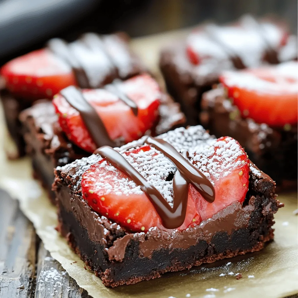 Die Zutaten für meine Schokoladenüberzogene Erdbeer-Brownies sind einfach und lecker. Hier ist, was Sie brauchen: - 1 Tasse ungesalzene Butter, geschmolzen - 2 Tassen Kristallzucker - 4 große Eier - 1 Teelöffel Vanilleextrakt - 1 Tasse Weizenmehl - 1 Tasse ungesüßtes Kakaopulver - 1 Teelöffel Backpulver - 1/2 Teelöffel Salz - 1 Tasse frische Erdbeeren, geputzt und halbiert - 1 Tasse halb-süße Schokoladenstückchen - 1 Tasse Puderzucker (für das Topping) - 1 Esslöffel Milch (für das Drizzle) Jede Zutat hat ihren eigenen Zweck. Die Butter macht die Brownies feucht. Der Zucker sorgt für die Süße und Farbe. Eier helfen, alles zusammenzuhalten und geben eine schöne Textur. Die trockenen Zutaten wie Mehl und Kakaopulver bilden die Basis für die Brownies. Das Backpulver sorgt dafür, dass die Brownies schön aufgehen, während das Salz den Geschmack verstärkt. Frische Erdbeeren bringen eine fruchtige Note. Sie sind süß und saftig. Die Schokoladenstückchen geben den Brownies einen extra Schokoladengeschmack. Für das Topping verwenden wir Puderzucker. Dieser sorgt für eine süße und schöne Glasur. Die Milch hilft, die Schokolade für das Drizzle zu verdünnen. Sie finden die vollständige Anleitung im Full Recipe. So können Sie diese köstlichen Brownies ganz einfach zu Hause zubereiten! 1. Ofen vorheizen und Backform vorbereiten Heize deinen Ofen auf 175°C vor. Nimm eine Backform von 23x33 cm und fette sie ein. Du kannst auch Backpapier nutzen, um das Herausnehmen zu erleichtern. 2. Zutaten kombinieren und Teig erstellen In einer großen Schüssel gib die geschmolzene Butter und den Zucker. Rühre sie gut zusammen, bis die Mischung glatt ist. Füge nun die Eier einzeln hinzu und rühre nach jeder Zugabe. Rühre dann den Vanilleextrakt ein. In einer separaten Schüssel vermische Mehl, Kakaopulver, Backpulver und Salz. Gib die trockenen Zutaten nach und nach zur feuchten Mischung und rühre, bis alles gerade vermischt ist. Hebe schließlich die Schokoladenstückchen vorsichtig unter. 3. Brownies schichten und backen Verteile die Hälfte des Brownieteigs gleichmäßig in der Backform. Lege die halbierten Erdbeeren darauf. Decke sie mit dem restlichen Brownieteig ab. Backe die Brownies 30-35 Minuten. Überprüfe mit einem Zahnstocher, ob sie fertig sind. Der Zahnstocher sollte einige feuchte Krümel haben, aber keinen nassen Teig. Lass die Brownies etwa 15 Minuten in der Form abkühlen. Danach leg sie auf ein Kuchengitter, um vollständig abzukühlen. Für das Schokoladendrilzzle schmelze einige Schokoladenstückchen. Rühre einen Esslöffel Milch ein, damit die Schokolade flüssiger wird. Nach dem Abkühlen, träufele die Schokolade über die Brownies und siebe Puderzucker darüber. Lass die Schokolade fest werden, bevor du die Brownies in Quadrate schneidest. Diese Schritte sind Teil des gesamten Prozesses, den du im [Full Recipe] finden kannst. Die richtige Backzeit und Temperatur sind entscheidend. Ich empfehle, den Ofen auf 175°C vorzuheizen. Backen Sie die Brownies für 30 bis 35 Minuten. Stecken Sie einen Zahnstocher in die Mitte. Wenn er mit ein paar feuchten Krümeln herauskommt, sind die Brownies perfekt. Verwenden Sie hochwertige Zutaten. Nehmen Sie ungesalzene Butter und echten Vanilleextrakt. Diese Zutaten machen einen großen Unterschied im Geschmack. Auch die Schokoladenstückchen sollten halb-süß sein. Sie geben den Brownies die richtige Süße. Ein Schokoladendrilzzle macht die Brownies noch schöner. Schmelzen Sie einige Schokoladenstückchen in der Mikrowelle oder im Wasserbad. Rühren Sie einen Esslöffel Milch ein, um die Mischung flüssiger zu machen. Danach träufeln Sie die Schokolade über die abgekühlten Brownies. Servieren Sie die Brownies auf einer schönen Platte. Garnieren Sie sie mit frischen Erdbeeren und Minzblättern. Diese Farben bringen Leben auf den Tisch. So werden die Brownies zu einem echten Hingucker! {{image_4}} Zutaten können leicht angepasst werden. Ich finde, nussige Brownies sind eine tolle Option. Fügen Sie einfach Walnüsse oder Mandeln hinzu. Diese Nüsse geben den Brownies einen schönen Crunch und einen tollen Geschmack. Sie können auch andere Beeren verwenden. Himbeeren oder Blaubeeren passen wunderbar. Sie bringen eine fruchtige Frische. Diese Beeren sind süß und saftig. Sie machen die Brownies noch leckerer. Sie möchten glutenfreie oder vegane Brownies? Das ist einfach! Verwenden Sie Mandeln oder Hafermehl anstelle von Weizenmehl. Diese Mehle sind nahrhaft und lecker. Für die Eier können Sie Apfelmus oder Leinsamen verwenden. Diese Alternativen binden die Zutaten gut. Sie brauchen nur einen Esslöffel Leinsamen mit Wasser zu mischen. Lassen Sie es ein paar Minuten stehen, bis es dick wird. Verwenden Sie pflanzliche Schokoladenstücke für den vollen Geschmack. Diese Schokolade schmeckt genauso gut wie die normale. So können auch Veganer die Brownies genießen. Für die ganze Anleitung schauen Sie sich das [Full Recipe] an. Ich empfehle, die Brownies kühl und trocken zu lagern. So bleiben sie frisch und lecker. Ein luftdichter Behälter ist ideal. Dadurch vermeiden Sie Feuchtigkeit und verhindern, dass sie hart werden. Wenn Sie die Brownies einfrieren möchten, schneiden Sie sie zuerst in Stücke. Wickeln Sie jedes Stück in Frischhaltefolie. Legen Sie die eingewickelten Brownies dann in einen Gefrierbeutel oder einen luftdichten Behälter. So bleiben sie bis zu drei Monate frisch. Wenn Sie sie essen möchten, lassen Sie sie einfach bei Raumtemperatur auftauen. Wie lange bleiben die Brownies frisch? Ungebackene Brownies halten sich im Kühlschrank 3 bis 4 Tage. Sie schmecken am besten frisch, aber sie sind auch nach ein paar Tagen lecker. Wenn Sie die Brownies im Gefrierschrank lagern, bleiben sie bis zu drei Monate genießbar. Achten Sie darauf, sie richtig zu verpacken, damit sie keine anderen Gerüche aufnehmen. Die Backzeit für die Brownies beträgt 30 bis 35 Minuten. Um zu prüfen, ob sie fertig sind, steche einen Zahnstocher in die Mitte. Wenn er mit ein paar feuchten Krümeln herauskommt, sind die Brownies perfekt. Achte darauf, dass kein nasser Teig am Zahnstocher haftet. Nach dem Backen lasse die Brownies etwa 15 Minuten in der Form abkühlen. Danach kannst du sie auf ein Kuchengitter setzen, um sie vollständig abkühlen zu lassen. Ja, du kannst das Rezept leicht verdoppeln. Wenn du mehr Brownies machen möchtest, nimm eine größere Backform. Eine 33x45 cm große Form ist ideal für die doppelte Menge. Achte darauf, die Backzeit eventuell etwas zu verlängern. Überprüfe die Brownies nach 35 Minuten. Mache den Zahnstocher-Test, um sicherzugehen, dass sie richtig gebacken sind. Wenn dein Brownieteig zu trocken ist, kann das mehrere Gründe haben. Möglicherweise hast du zu viel Mehl verwendet. Achte darauf, die Zutaten genau abzuwiegen. Ein weiteres Problem kann sein, dass die Brownies zu lange gebacken wurden. Wenn sie zu trocken sind, kannst du etwas geschmolzene Butter oder einen Esslöffel Milch hinzufügen. Mische die Zutaten gut, um die Konsistenz zu verbessern. Prüfe auch, ob deine Zutaten frisch sind. Alte Backpulver oder Mehl können die Textur der Brownies beeinträchtigen. In diesem Artikel habe ich die besten Zutaten und Methoden für köstliche Brownies erklärt. Du hast gelernt, wie du die perfekte Konsistenz erreichst und deine Brownies ansprechend dekorierst. Außerdem habe ich verschiedene Rezeptvariationen und praktische Lagerungstipps gegeben. Nutze diese Tipps, um deine Brownies zu einem Hit zu machen. Experimentiere mit Zutaten und verliere die Zeit im Ofen nicht aus den Augen. Genieße jeden Bissen und teile deine Kreationen mit Freunden!