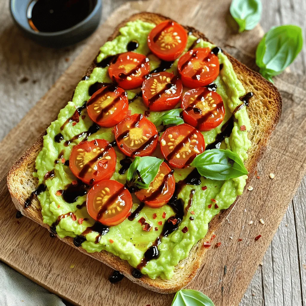 Für einen perfekten Avocado Tomato Toast benötigst du folgende Hauptzutaten: - 2 reife Avocados - 1 Tasse Kirschtomaten, halbiert - 4 Scheiben Vollkornbrot Diese Zutaten sind einfach zu finden und bringen frische Aromen in dein Gericht. Wähle für deinen Toast die besten Avocados und Tomaten. Achte darauf, dass die Avocados leicht weich sind, wenn du sie drückst. Das zeigt, dass sie reif sind. Überreife Avocados haben braune Stellen und schmecken nicht gut. Für die Tomaten nimm frische Kirschtomaten. Sie sind süß und saftig. Deine Toasts werden damit lebendig. Um deinem Avocado Tomato Toast mehr Geschmack zu verleihen, füge diese Zutaten hinzu: - 1 Knoblauchzehe, geschält - 2 Esslöffel Olivenöl - 1 Esslöffel Balsamico-Glasur (optional) - Salz und Pfeffer nach Geschmack - Frische Basilikumblätter zum Garnieren - Rote Chiliflocken für etwas Schärfe Diese Extras bringen Vielfalt und Tiefe in die Aromen. Experimentiere gerne mit den Mengen, um deinen persönlichen Geschmack zu treffen. Du kannst auch die [Full Recipe] verwenden, um alle Schritte und Details zu sehen. Um den perfekten Avocado Tomato Toast zu machen, beginnen wir mit dem Brot. Du solltest 4 Scheiben Vollkornbrot nehmen. Toast das Brot in deinem Toaster. Es sollte goldbraun und knusprig sein. Das dauert etwa 3-5 Minuten. Es ist wichtig, dass das Brot gut geröstet ist, damit es die Avocado hält. Jetzt kommen die Avocados ins Spiel. Du brauchst 2 reife Avocados. Schneide sie der Länge nach auf und entferne den Kern. Mit einem Löffel schöpfe das Fruchtfleisch in eine Rührschüssel. Zerdrücke das Avocadofleisch mit einer Gabel. Lass einige Stücke ganz für die Textur. Füge eine Prise Salz und Pfeffer hinzu. Vermenge alles gut. Deine Avocadocreme ist jetzt bereit! Sobald das Brot fertig ist, nimm die geschälte Knoblauchzehe. Reibe sie über jede warme Scheibe Toast. Das gibt ein tolles Aroma. Jetzt verteile die Avocadocreme gleichmäßig auf jedem Toast. Nimm 1 Tasse halbierte Kirschtomaten und belege die Toasts damit. Arrangiere sie schön. Träufle etwas Olivenöl darüber. Wenn du magst, füge einen Hauch Balsamico-Glasur hinzu. Bestreue die Toasts mit roten Chiliflocken für etwas Schärfe. Garniere sie mit frischen Basilikumblättern. Du hast jetzt einen leckeren Avocado Tomato Toast! Wenn du mehr erfahren möchtest, schau dir das [Full Recipe] an. Ein häufiger Fehler ist die Wahl der Avocado. Viele Leute nehmen unreife Avocados. Diese sind hart und geschmacklos. Achte darauf, dass die Avocado weich ist. Drücke sanft mit dem Finger darauf. Wenn sie leicht nachgibt, ist sie perfekt. Ein weiterer Fehler ist, die Avocado zu lange zu zerdrücken. Du willst eine cremige, aber stückige Textur. Lass einige Stückchen für den Biss übrig. Auch das Toasten kann schiefgehen. Zu wenig Zeit im Toaster macht es weich. Zu viel Zeit macht es trocken. Achte also gut auf die Zeit. Um die beste Avocado zu finden, schau dir die Farbe an. Eine reife Avocado hat eine dunkle, matte Haut. Sie sollte auch leicht weich sein. Meide Avocados mit großen, dunklen Flecken. Diese sind oft überreif und schmecken nicht gut. Wenn du die Avocado nicht sofort verwenden möchtest, kaufe eine feste. Du kannst sie bei Raumtemperatur reifen lassen. Ein schneller Trick ist, sie mit Äpfeln oder Bananen zu lagern. Diese Früchte geben Ethylen ab, was den Reifungsprozess beschleunigt. Der Toast sollte goldbraun und knusprig sein. Stelle deinen Toaster auf mittlere Hitze ein. Die richtige Zeit hängt von deinem Toaster ab. Überprüfe den Toast nach drei Minuten. Ein wichtiger Tipp ist, das Brot vor dem Toasten leicht zu bestreichen. Ein Hauch von Olivenöl sorgt für zusätzlichen Geschmack und Knusprigkeit. Wenn du das Brot richtig tostest, wird dein Avocado Tomato Toast unwiderstehlich. Für die perfekte Präsentation, lege die Toasts auf ein schönes Brett oder einen Teller. Deine Gäste werden begeistert sein! Für mehr Details und die vollständige Anleitung, schau dir das [Full Recipe] an. {{image_4}} Für ein veganes Erlebnis, ersetzen Sie den Käse durch mehr Avocado oder pflanzliche Aufstriche. Avocado Tomato Toast bleibt so frisch und lecker. Sie können auch Hummus hinzufügen. Hummus gibt einen tollen Geschmack und ist nahrhaft. Eine weitere Option ist, die Kirschtomaten durch gegrillte Paprika zu ersetzen. Diese bringen Süße und Tiefe in das Gericht. Für mehr Eiweiß, fügen Sie gekochte Kichererbsen oder schwarze Bohnen hinzu. Diese Hülsenfrüchte passen gut zu Avocado und Tomaten. Sie sind nicht nur gesund, sondern auch sättigend. Ein anderer Vorschlag ist, Quark oder griechischen Joghurt als Topping zu verwenden. So wird Ihr Toast noch cremiger und eiweißreicher. Um einen spannenden Geschmack zu erzielen, probieren Sie eine Kombination aus süß und salzig. Fügen Sie etwas Honig oder Ahornsirup zu Ihrer Avocadocreme hinzu. Das harmoniert perfekt mit der Tomate. Für mehr Würze können Sie Feta-Käse oder Jalapeños verwenden. Diese Zutaten bringen einen neuen Kick in Ihr Gericht. Mit diesen Variationen wird Ihr Avocado Tomato Toast immer interessant und lecker bleiben. Avocados sind empfindlich. Lagern Sie sie bei Raumtemperatur, wenn sie noch hart sind. Um reife Avocados frisch zu halten, legen Sie sie in den Kühlschrank. Achten Sie darauf, dass Sie sie in einem luftdichten Behälter aufbewahren, um Oxidation zu vermeiden. Toast bleibt am besten in einer Papiertüte oder einem Brotkasten. So bleibt er knusprig und frisch. Falls Sie Reste haben, lagern Sie den Toast getrennt von der Avocado. Das verhindert, dass der Toast weich wird. Wickeln Sie den Toast in Alufolie und bewahren Sie ihn im Kühlschrank auf. Für die Avocado können Sie die Reste mit etwas Zitronensaft einreiben und in einem luftdichten Behälter lagern. So bleibt die Farbe besser erhalten. Wenn Sie den Toast aufwärmen, nutzen Sie einen Toaster oder eine Pfanne. Vermeiden Sie die Mikrowelle, da der Toast dadurch weich wird. Toasten Sie ihn einfach kurz, bis er wieder knusprig ist. Die Avocadocreme können Sie frisch zubereiten oder die Reste verwenden. Achten Sie darauf, die Avocado gleichmäßig zu verteilen, um den besten Geschmack zu genießen. Für das volle Rezept schauen Sie sich [Full Recipe] an. Avocado Toast bleibt im Kühlschrank für etwa ein bis zwei Tage frisch. Es ist jedoch wichtig, die Avocado gut abzudecken. Luft macht sie braun. Um die Frische zu erhalten, decke den Toast mit Frischhaltefolie ab. Wenn du die Avocado ganz lässt, bleibt sie länger gut. Du kannst auch Zitronensaft draufgeben, um die Farbe zu bewahren. Du kannst einige Teile im Voraus machen. Das Brot kannst du toasten und lagern. Auch die Avocadocreme kannst du vorbereiten. Bewahre sie in einem luftdichten Behälter auf. Füge die Kirschtomaten erst kurz vor dem Servieren hinzu. So bleibt alles frisch und lecker. Wenn du alles zusammen machst, wird der Toast schnell matschig. Es gibt viele leckere Toppings für deinen Avocado Toast. Hier sind einige Ideen: - Feta-Käse für einen salzigen Geschmack - Radieschen für etwas Knackigkeit - Rührei oder Spiegelei für mehr Protein - Sprossen für einen frischen Biss - Nüsse oder Samen für zusätzlichen Crunch Probiere verschiedene Kombinationen. So findest du deinen perfekten Avocado Tomato Toast! Weitere Details findest du in der Full Recipe. Avocado Tomato Toast ist ein köstlicher Snack, einfach zuzubereiten und nährstoffreich. Wir haben die besten Zutaten, die Zubereitung und tolle Tipps behandelt. Falsche Auswahl kann den Geschmack ruinieren. Lagere deine Zutaten richtig, um Frische zu erhalten. Verwende kreative Variationen, um den Toast spannend zu halten. Denke daran, kleine Fehler zu vermeiden, um das Beste aus deinem Toast herauszuholen. Damit wirst du zum Meister des Avocado Toasts. Probiere es aus und genieße jeden Bissen!