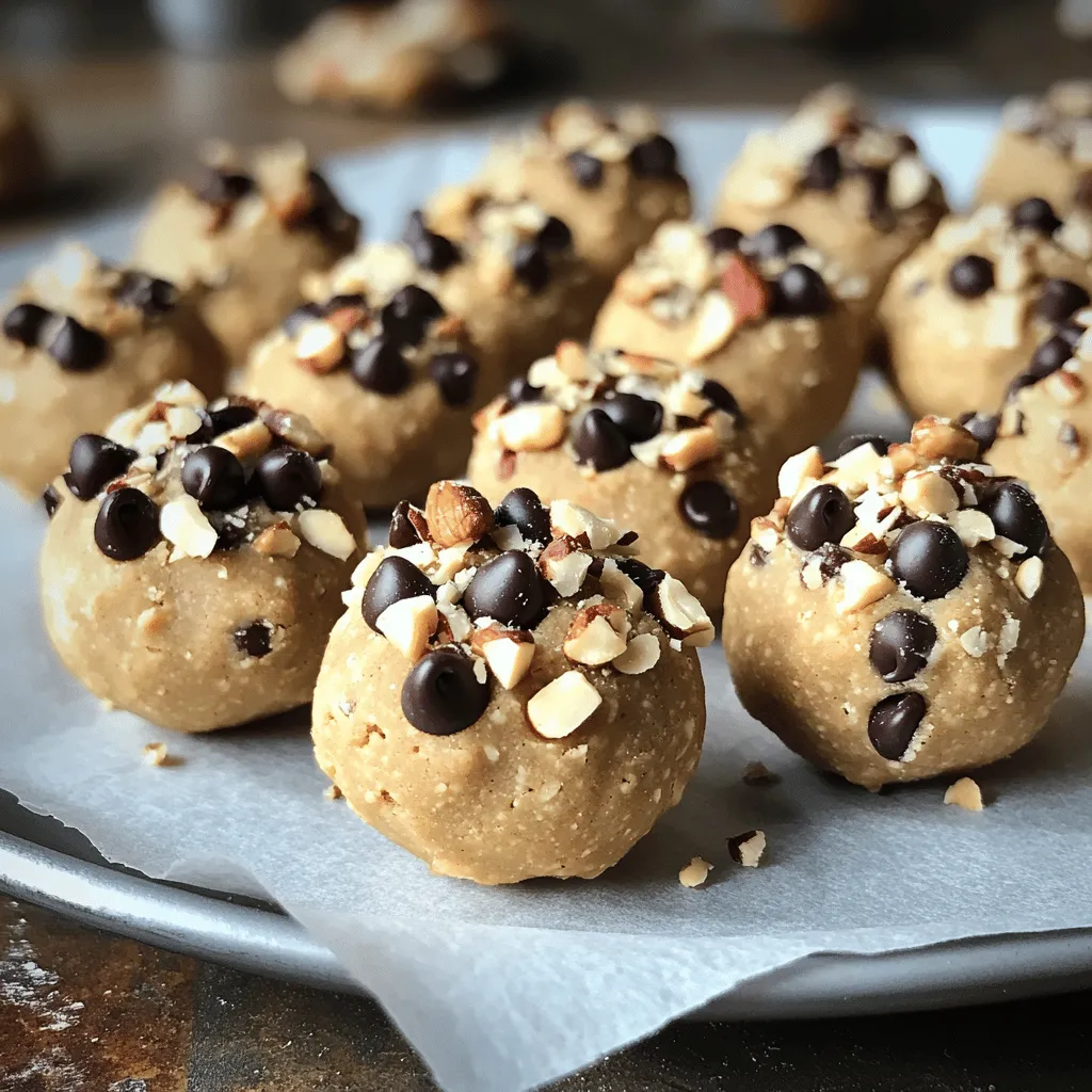 Die Hauptzutaten für diese leckeren No-Bake Cookie Dough Bites sind einfach und gesund. Hier ist die Liste: - 1 Tasse Mandelmehl (oder Weizenmehl) - ½ Tasse cremige Erdnussbutter (oder Mandelbutter) - ¼ Tasse Ahornsirup (oder Honig) - 1 Teelöffel Vanilleextrakt - ¼ Teelöffel Salz - ½ Tasse Mini-Dunkle Schokoladenstückchen - ¼ Tasse gehackte Nüsse (optional, wie Walnüsse oder Pekannüsse) - 2 Esslöffel Kokosmehl (für die Textur) Diese Zutaten sorgen für einen tollen Geschmack und die richtige Konsistenz. Es gibt viele Alternativen für diese Zutaten. Wenn du kein Mandelmehl magst, kannst du Weizenmehl verwenden. Erdnussbutter kann durch Mandelbutter ersetzt werden, falls du Allergien hast. Zudem kannst du Honig anstelle von Ahornsirup nutzen. Für die Schokoladenstückchen sind auch weiße Schokolade oder keine Schokolade möglich. Beachte, dass einige Zutaten Allergene enthalten. Erdnüsse und Nüsse sind häufige Allergene. Wenn du eine glutenfreie Option suchst, nutze Mandelmehl. Für Veganer können Ahornsirup und die Nüsse eine gute Wahl sein. Achte darauf, die Zutaten an deine Bedürfnisse anzupassen. Zuerst müssen wir die trockenen Zutaten vorbereiten. Nehmen Sie eine große Rührschüssel. Messen Sie eine Tasse Mandelmehl ab. Sie können auch Weizenmehl verwenden, wenn Sie möchten. Fügen Sie dann ein Viertel Teelöffel Salz hinzu. Das sorgt für den richtigen Geschmack. Geben Sie auch zwei Esslöffel Kokosmehl dazu. Es hilft, die Textur zu verbessern. Verwenden Sie einen Schneebesen, um alle Zutaten gut zu vermengen. So entstehen keine Klumpen. Jetzt geht es zu den feuchten Zutaten. Nehmen Sie die Rührschüssel und fügen Sie eine halbe Tasse cremige Erdnussbutter hinzu. Alternativ können Sie Mandelbutter verwenden. Geben Sie dann ein Viertel Tasse Ahornsirup in die Schüssel. Er sorgt für die Süße. Fügen Sie auch einen Teelöffel Vanilleextrakt hinzu. Das gibt einen tollen Geschmack. Mischen Sie alles gut mit einem Spatel oder Ihren Händen. Achten Sie darauf, dass die Masse leicht klebrig ist. Jetzt kommt der spaßige Teil: das Formen der Bällchen. Nehmen Sie kleine Portionen des Teigs in Ihre Hände. Rollen Sie diese zu Bällchen, die etwa 2,5 cm groß sind. Legen Sie die Bällchen auf ein Backblech oder einen Teller mit Backpapier. Es hilft, die Bällchen später leicht zu entfernen. Sobald alle Bällchen geformt sind, stellen Sie sie für mindestens 30 Minuten in den Kühlschrank. Das macht sie fest und kühl. Nach dem Kühlen sind Ihre Cookie Dough Bites fertig zum Genießen! Sie können auch die [Full Recipe] für weitere Tipps ansehen. Ein häufiger Fehler ist, das Mandelmehl nicht richtig zu messen. Das kann die Textur ändern. Verwende eine Küchenwaage, um genaue Mengen zu bekommen. Wenn du die Erdnussbutter zu lange rührst, wird der Teig zu flüssig. Rühre nur, bis alles gut vermischt ist. Achte darauf, dass die Schokoladenstückchen gleichmäßig verteilt sind. Wenn du sie zu spät hinzufügst, bleiben sie an der Oberfläche. Die Konsistenz ist wichtig für den Erfolg. Der Teig sollte leicht klebrig, aber nicht zu nass sein. Wenn er zu trocken ist, füge etwas mehr Erdnussbutter oder Ahornsirup hinzu. Wenn er zu nass ist, streue etwas mehr Mandelmehl ein. Eine gute Mischung aus Kokosmehl hilft, die Bites stabiler zu machen. Nach dem Kühlen sollten die Bites fest, aber nicht hart sein. Du kannst die Süße ganz nach deinem Geschmack anpassen. Ersetze einen Teil des Ahornsirups durch Honig oder andere Süßstoffe. Wenn du mehr Geschmack möchtest, füge eine Prise Zimt oder Kakaopulver hinzu. Für einen besonderen Twist kannst du auch Nussbutter mit Geschmack verwenden. Mandelbutter oder Cashewbutter geben einen tollen neuen Geschmack. Sei kreativ und finde deine Lieblingskombination! {{image_4}} Einer der besten Teile an No-Bake Cookie Dough Bites ist die Vielfalt. Sie können die Basis ändern, um neue Geschmäcker zu kreieren. Zum Beispiel, fügen Sie Kakaopulver hinzu, um schokoladige Bites zu machen. Mögen Sie etwas Fruchtiges? Fügen Sie kleine Stücke von getrockneten Früchten wie Cranberries oder Aprikosen hinzu. Das gibt einen frischen Geschmack und eine schöne Farbe. Sehen Sie sich die Zutaten an. Sie können viele von ihnen ersetzen. Haben Sie keine Erdnussbutter? Verwenden Sie Mandelbutter oder Cashewbutter. Das gibt einen anderen, aber leckeren Geschmack. Sie können auch die Mini-Dunkle Schokoladenstückchen durch weiße Schokolade oder sogar Karamellstückchen ersetzen. Das macht Ihre Bites besonders. Eine tolle Idee ist die Kombination von Cookie Dough Bites mit anderen Desserts. Denken Sie an Cookie Dough Brownies. Sie können die Bites zwischen zwei Schichten Brownieteig legen. Dies ist eine einfache Art, etwas Neues zu schaffen. Auch kann man die Bites in Muffins oder Keksen verstecken. So haben Sie immer eine süße Überraschung. Für das vollständige Rezept schauen Sie sich die [Full Recipe] an. Für die beste Frische bewahren Sie Ihre No-Bake Cookie Dough Bites im Kühlschrank auf. Legen Sie die Bites in einen luftdichten Behälter. So bleiben sie länger frisch und lecker. Wenn Sie sie richtig lagern, können sie ihren Geschmack und ihre Textur bewahren. Die Haltbarkeit beträgt etwa eine Woche. Nach ein paar Tagen können sie etwas weicher werden. Aber keine Sorge, sie sind trotzdem köstlich! Überprüfen Sie immer, ob sie noch gut riechen und aussehen, bevor Sie sie essen. Sie können die Bites auch einfrieren. Legen Sie sie einfach in einen gefriergeeigneten Behälter. So bleiben sie bis zu drei Monate frisch. Wenn Sie sie essen möchten, lassen Sie sie einfach im Kühlschrank oder bei Raumtemperatur auftauen. Diese Cookie Dough Bites sind perfekt als Snack oder für einen schnellen Genuss. Sie können sie auch in Obst- oder Joghurt-Schalen verwenden. Probieren Sie die Full Recipe für mehr Inspiration! Die No-Bake Cookie Dough Bites brauchen mindestens 30 Minuten im Kühlschrank, um fest zu werden. Ich empfehle, sie länger zu kühlen, wenn Sie die Bites fester mögen. Sie können sie auch bis zu einer Woche im Kühlschrank aufbewahren. Achten Sie darauf, sie in einem luftdichten Behälter zu lagern. So bleiben sie frisch und lecker. Ja, diese Bites sind wirklich essbar und benötigen kein Backen. Wir verwenden nur Zutaten, die sicher roh gegessen werden können. Mandelmehl und Erdnussbutter sind köstlich und gesund. So können Sie den vollen Geschmack genießen, ohne sich um das Backen kümmern zu müssen. Ja, Sie können die Erdnussbutter durch Mandelbutter oder Sonnenblumenbutter ersetzen. Beide Optionen sind köstlich und passen gut zu den anderen Zutaten. Wenn Sie allergisch gegen Nüsse sind, empfehle ich Sonnenblumenbutter. Diese hat einen ähnlichen Geschmack und eine schöne Textur. In diesem Artikel haben wir die Hauptzutaten für No-Bake Cookie Dough Bites besprochen und Alternativen aufgezeigt. Ich habe nützliche Tipps geteilt, um häufige Fehler zu vermeiden und die perfekte Konsistenz zu erreichen. Wir haben auch verschiedene Variationen und Aufbewahrungsoptionen behandelt. Diese Bites sind einfach zuzubereiten. Du kannst die Zutaten anpassen und kreativ sein. Mit diesen Tipps machst du köstliche Snacks. Viel Spaß beim Ausprobieren!