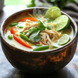 Für diese leckere Suppe brauchst du einige frische und aromatische Zutaten. Hier sind die Hauptzutaten: - 2 Hähnchenbrustfilets, ohne Haut und Knochen - 1 Dose (400 ml) Kokosmilch - 1 Liter Hühnerbrühe - 1 mittelgroße Zwiebel, fein gehackt - 3 Knoblauchzehen, gehackt - 1 Esslöffel frischer Ingwer, gerieben - 1 rote Paprika, in Streifen geschnitten - 1 Tasse Zuckerschoten, geputzt - 1 Limette (abgerieben und ausgepresst) Diese Zutaten bringen Geschmack und Textur in die Suppe. Die Kokosmilch macht sie cremig, während die Limette Frische hinzufügt. Um die Suppe noch besser zu machen, kannst du einige zusätzliche Gewürze und Aromen verwenden. Hier sind meine Empfehlungen: - 2 Esslöffel Fischsauce (optional) - 1 Esslöffel Olivenöl - 1 Teelöffel gemahlener Koriander - Salz und Pfeffer nach Geschmack Die Fischsauce gibt einen tiefen Umami-Geschmack. Der gemahlene Koriander bringt eine subtile Note, die perfekt zu den anderen Zutaten passt. Um deine Suppe zu vervollständigen, kannst du ein paar Garnituren hinzufügen. Diese machen die Suppe noch ansprechender: - Frischer Koriander zur Garnitur - Limettenschnitze zum Servieren Der frische Koriander bringt Farbe und Aroma. Limettenschnitze geben jedem Löffel einen zusätzlichen Kick. Du kannst die Garnituren nach deinem Geschmack anpassen. Wenn du mehr über die Zubereitung erfahren möchtest, schau dir das [Full Recipe] an. Um die Kokos-Limetten-Hühnchensuppe zuzubereiten, beginne mit frischen Zutaten. Erhitze das Olivenöl in einem großen Topf bei mittlerer Hitze. Füge die Zwiebel hinzu und brate sie für 3-4 Minuten, bis sie glasig ist. Dann kommt der Knoblauch und der Ingwer dazu. Koche diese Mischung für weitere 1-2 Minuten. Würze die Hähnchenbrustfilets mit Salz, Pfeffer und Koriander. Lege sie in den Topf und brate sie für 4-5 Minuten, bis sie goldbraun sind. Jetzt gieße die Kokosmilch und die Hühnerbrühe dazu. Bringe die Mischung zum Köcheln. Füge die Paprika und die Zuckerschoten hinzu. Decke den Topf ab und lasse die Suppe 15-20 Minuten köcheln. Nimm das Hähnchen aus dem Topf. Zerreiße es mit zwei Gabeln. Gib das Hähnchen zurück in die Suppe. Rühre den Limettenabrieb und den Limettensaft ein. Probiere die Suppe und passe die Würze nach Belieben an. Serviere die Suppe heiß, garniert mit frischem Koriander und Limettenschnitzen. Um das Hähnchen perfekt zu garen, achte auf die Temperatur. Brate die Hähnchenbrustfilets nicht zu lange, um Trockenheit zu vermeiden. Die Innentemperatur sollte 75 Grad Celsius erreichen. Verwende ein Fleischthermometer, um genau zu messen. Wenn du das Hähnchen zerreißt, achte darauf, dass es saftig bleibt. Die Kochzeit kann je nach Dicke der Hähnchenbrustfilets variieren. Dickere Stücke benötigen mehr Zeit. Wenn du kleinere Stücke verwendest, kann die Kochzeit kürzer sein. Prüfe regelmäßig, ob das Hähnchen zart ist. Die Suppe sollte insgesamt etwa 30-40 Minuten kochen. So bleibt alles frisch und lecker. Um die Aromen in deiner Kokos-Limetten-Hühnchensuppe zu perfektionieren, beginne mit frischen Zutaten. Frischer Ingwer und Knoblauch bringen viel Geschmack. Achte darauf, die Zwiebeln gut anzugaren, bis sie glasig sind. Das verstärkt die Süße und den Geschmack. Die Fischsauce fügt Tiefe hinzu, aber sie ist optional. Wenn du sie verwendest, verwende nur einen Esslöffel. Der Limettensaft bringt Frische. Probiere die Suppe vor dem Servieren, um den Geschmack zu überprüfen. Ein Spritzer Limette kann oft Wunder wirken. Ein häufiger Fehler ist, das Hähnchen zu lange zu kochen. Das macht das Fleisch trocken. Achte darauf, die Kochzeit genau zu befolgen. Wenn du die Brühe zu schnell zum Kochen bringst, kann die Suppe trüb werden. Koche sie sanft und rühre oft um. Ein weiterer Fehler ist, die Gewürze nicht ausreichend zu testen. Fange mit wenig Salz und Pfeffer an. Du kannst immer mehr hinzufügen, wenn nötig. Vermeide es, zu viel Koriander auf einmal zu verwenden. Er kann schnell dominant werden. Für deine Kokos-Limetten-Hühnchensuppe benötigst du einige einfache Werkzeuge: - Ein großer Topf - Ein scharfes Messer - Ein Schneidebrett - Eine Reibe für den Ingwer - Eine Kelle zum Servieren Diese Utensilien helfen dir, die Suppe einfach und schnell zuzubereiten. Ein guter Topf sorgt dafür, dass die Suppe gleichmäßig kocht. {{image_4}} Um die Kokos-Limetten-Hühnchensuppe vegan oder vegetarisch zu machen, ersetze das Hähnchen. Tofu oder Tempeh sind großartige Optionen. Diese Proteinquellen nehmen die Aromen gut auf. Sie sind nahrhaft und lecker. Verwende Gemüsebrühe anstelle von Hühnerbrühe für den vollen Geschmack. Du kannst auch verschiedene Gemüsesorten verwenden. Karotten, Brokkoli oder Kürbis passen gut. Diese Gemüsesorten bringen Farbe und Textur. Schneide sie in kleine Stücke, damit sie gleichmäßig garen. Experimentiere mit dem, was du magst oder gerade zur Hand hast. So bleibt das Rezept interessant und frisch. Wenn du es schärfer magst, füge Chilipulver oder frische Chilischoten hinzu. Beginne mit einer kleinen Menge und taste dich langsam vor. So kontrollierst du die Schärfe besser. Für eine mildere Suppe lasse die scharfen Zutaten einfach weg. Jeder kann die Suppe so nach seinem Geschmack anpassen. Um die Kokos-Limetten-Hühnchensuppe frisch zu halten, lass sie zuerst abkühlen. Fülle die Suppe dann in einen luftdichten Behälter. Achte darauf, dass der Behälter gut schließt, damit keine Luft eindringt. Dies hilft, die Aromen zu bewahren und verhindert das Austrocknen. Du kannst die Suppe im Kühlschrank oder Gefrierer aufbewahren. Für den Kühlschrank reicht ein Zeitraum von bis zu fünf Tagen. Wenn du die Suppe länger aufbewahren möchtest, ist das Einfrieren eine gute Option. Stelle sicher, dass du die Suppe in Portionen einfrierst. So kannst du nur die Menge auftauen, die du brauchst. Im Kühlschrank bleibt die Suppe fünf Tage frisch. Im Gefrierer hält sie bis zu drei Monate. Vergiss nicht, die Suppe mit dem Datum zu kennzeichnen. So weißt du, wie lange sie schon eingefroren ist. Wenn du die Suppe aufwärmen möchtest, mache das langsam auf niedriger Hitze. Rühre gut um, damit sie gleichmäßig warm wird. Die Kokos-Limetten-Hühnchensuppe ist im Kühlschrank bis zu vier Tage haltbar. Achte darauf, sie in einem luftdichten Behälter zu lagern. Wenn du die Suppe länger aufbewahren möchtest, friere sie ein. Im Gefrierfach hält sie bis zu drei Monate. Ja, du kannst die Suppe im Voraus zubereiten. Sie schmeckt sogar besser, wenn sie etwas Zeit hat, um die Aromen zu verbinden. Koche die Suppe und lasse sie abkühlen. Dann fülle sie in einen Behälter und stelle sie in den Kühlschrank. Wenn du bereit bist, sie zu essen, erwärme sie einfach auf dem Herd. Diese Suppe passt perfekt zu verschiedenen Beilagen. Hier sind einige Ideen: - Reis: Jasmin- oder Basmatireis ergänzt die Aromen gut. - Brot: Frisches Baguette oder Knoblauchbrot zum Dippen. - Salat: Ein einfacher grüner Salat bringt Frische. - Frucht: Ein frischer Obstsalat als Dessert rundet das Mahl ab. Wenn du nach mehr Anregungen suchst, schau dir das [Full Recipe] an. Die Kokos-Limetten-Hühnchensuppe ist einfach und lecker. Wir haben die besten Zutaten, Gewürze und Aromen besprochen. Die Schritt-für-Schritt-Anleitung hilft dir bei der Zubereitung. Du lernst, wie du Fehler vermeidest und die Aromen perfektionierst. Außerdem gibt es viele Variationen für jeden Geschmack. Lagere die Suppe richtig und genieße sie später. Diese Mahlzeit ist vielseitig und stärkt deine Kocherfahrung. Probiere die Tipps aus und kreiere deine eigene perfekte Suppe.