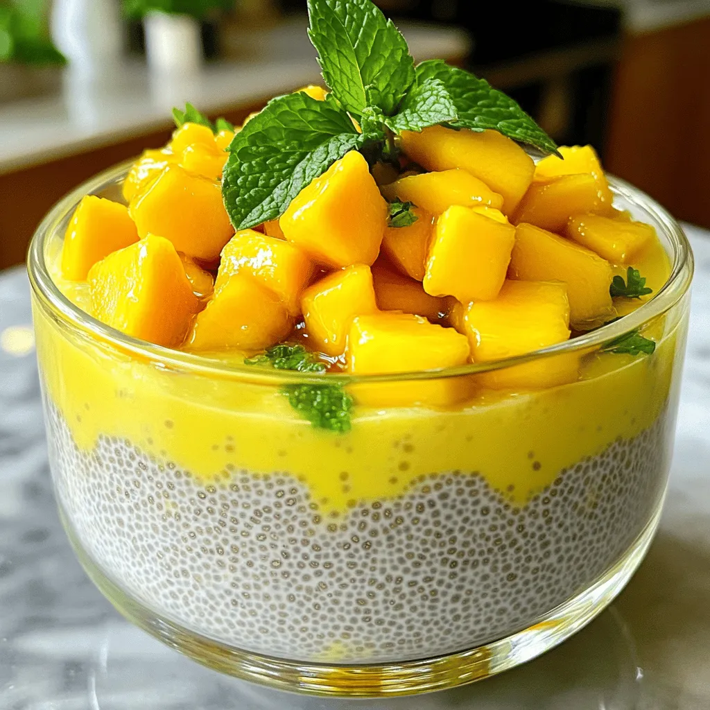 - 1 Tasse kokosnussmilch (aus der Dose oder Tetrapack) - 1/4 Tasse Chiasamen - 1 reife Mango, gewürfelt - 2 Esslöffel Ahornsirup oder Honig Die Hauptzutaten sind einfach zu finden. Kokosnussmilch gibt dem Pudding einen cremigen Geschmack. Chiasamen sind klein, aber sie quellen auf und machen den Pudding dick. Reife Mango bringt Frische und Süße. Ahornsirup oder Honig süßen das Ganze. - 1 Teelöffel Vanilleextrakt - Eine Prise Meersalz - Frische Minzblätter zur Dekoration (optional) Die optionalen Zutaten sind nicht zwingend nötig, aber sie machen das Rezept besser. Vanilleextrakt fügt ein tolles Aroma hinzu. Meersalz hebt den Geschmack der Mango hervor. Minzblätter sind eine schöne Dekoration. Sie bringen auch einen frischen Geschmack mit. Für das vollständige Rezept und weitere Tipps, schaue dir das [Full Recipe] an. Beginne mit dem Mischen der Zutaten. Nimm eine Rührschüssel und füge die Kokosnussmilch, Chiasamen, Ahornsirup oder Honig, Vanilleextrakt und eine Prise Meersalz hinzu. Rühre alles gut mit einem Schneebesen. Du möchtest, dass die Mischung gleichmäßig aussieht. Lasse die Mischung dann etwa 5 Minuten stehen. Die Chiasamen quellen in dieser Zeit auf. Rühre nach diesen 5 Minuten erneut um. So verhinderst du, dass die Samen verklumpen. Jetzt decke die Schüssel mit Frischhaltefolie ab. Stelle die Schüssel in den Kühlschrank. Lasse die Mischung dort mindestens 2 Stunden oder über Nacht kühlen. So wird der Pudding schön fest und hat die perfekte Konsistenz. Wenn du ihn nach dem Kühlen ansiehst, rühre ihn wieder um. Wenn der Pudding zu dick ist, kannst du etwas mehr Kokosnussmilch hinzufügen. So erreichst du die gewünschte Konsistenz. Schöpfe den Chia-Pudding gleichmäßig in Schalen oder Gläser. Danach schichte die gewürfelte Mango oben drauf. Diese frische Frucht bringt Farbe und Geschmack. Garnieren kannst du nach Belieben mit frischen Minzblättern. Das gibt einen schönen Kontrast und macht das Dessert noch frischer. Genieße deinen Mango Coconut Chia Pudding als gesundes Frühstück oder leichtes Dessert! Für die vollständige Anleitung, schau dir das [Full Recipe] an. Um die perfekte Konsistenz deines Mango Coconut Chia Puddings zu bekommen, ist es wichtig, die richtige Menge Kokosnussmilch zu verwenden. Ich empfehle, eine Tasse Kokosnussmilch zu nehmen. Diese gibt dem Pudding einen cremigen Geschmack und die nötige Feuchtigkeit. Wenn du Klumpen vermeiden willst, lass die Mischung etwa fünf Minuten stehen, bevor du sie erneut umrührst. So quellen die Chiasamen richtig und verbinden sich gut mit der Milch. Wenn du nach dem Kühlen merkst, dass der Pudding zu dick ist, füge einfach etwas mehr Kokosnussmilch hinzu. Das macht ihn wieder schön cremig. Die Verwendung von Bio-Zutaten kann den Nährstoffgehalt deines Puddings erhöhen. Bio-Kokosnussmilch und Bio-Chiasamen sind oft reicher an Vitaminen und Mineralien. So tust du deinem Körper etwas Gutes. Du kannst auch andere Früchte hinzufügen, um noch mehr Nährstoffe zu bekommen. Probiere zum Beispiel Beeren oder Bananen. Diese Früchte bringen nicht nur Geschmack, sondern auch Vitamine in dein Gericht. Das macht deinen Pudding noch gesünder und leckerer! {{image_4}} Mango Coconut Chia Pudding ist lecker, aber du kannst auch andere Geschmäcker ausprobieren. - Ananas Chia Pudding: Verwende Ananassaft anstelle von Kokosnussmilch. Das gibt deinem Pudding einen frischen, tropischen Geschmack. Füge ein paar gewürfelte Ananasstücke hinzu, um mehr Textur zu erhalten. - Erdbeer-Kokos Nuss Pudding: Tausche die Mango gegen frische Erdbeeren aus. Zerdrücke die Erdbeeren leicht, bevor du sie hinzufügst. Das sorgt für einen süßen und saftigen Genuss. Wenn du eine vegane Version machen willst, gibt es einfache Alternativen. - Alternative Süßungsmittel: Statt Honig kannst du Agavendicksaft oder Kokosblütenzucker nutzen. Beide sind pflanzlich und passen gut zu den Aromen des Puddings. Wie du deinen Pudding präsentierst, kann das Erlebnis verbessern. - Servieren im Glas: Nutze kleine Gläser, um den Pudding anzurichten. Das sieht schön aus und macht das Essen einfacher. - Schichten mit anderen Desserts: Du kannst den Pudding auch mit Joghurt oder Müsli schichten. So kreierst du eine tolle Textur und mehr Geschmack in jedem Bissen. Probiere diese Variationen aus und genieße den Mango Coconut Chia Pudding mit neuen Aromen und Ideen! Für das vollständige Rezept, schaue dir die Anleitung im Abschnitt "Zutaten" an. Du kannst Mango Coconut Chia Pudding einfach im Kühlschrank aufbewahren. Stelle sicher, dass du ihn in einem luftdichten Behälter lagern. So bleibt der Pudding frisch und lecker. Die optimale Temperatur liegt bei etwa 4 Grad Celsius. Bei richtiger Lagerung hält der Pudding 3 bis 5 Tage. Wenn du also etwas für die Woche vorbereiten möchtest, ist das ideal. Falls du mehr Pudding gemacht hast, kannst du auch einfrieren. Nutze dazu geeignete Behälter, wie gefrierfeste Gläser oder Beutel. Achte darauf, dass du etwas Platz im Behälter lässt. Der Pudding dehnt sich beim Gefrieren aus. Zum Auftauen lege den Behälter einfach in den Kühlschrank. Lass ihn dort über Nacht auftauen. So bleibt die Konsistenz gut. Die empfohlene Zeit für das Quellen von Chia Pudding ist mindestens 2 Stunden. In dieser Zeit nehmen die Chiasamen Wasser auf und quellen. Du kannst sie auch über Nacht im Kühlschrank lassen. So wird der Pudding besonders dick und cremig. Wenn du es eilig hast, reicht eine Quellzeit von 30 Minuten. Beachte, dass das Ergebnis nicht ganz so fest ist. Ja, Mango Coconut Chia Pudding ist sehr gesund. Er enthält viele Nährstoffe. Chiasamen sind reich an Ballaststoffen, Omega-3-Fettsäuren und Antioxidantien. Kokosnussmilch liefert gesunde Fette. Mango bringt Vitamine, wie Vitamin C, und Mineralstoffe mit. Gemeinsam unterstützen sie dein Immunsystem und fördern die Verdauung. Zudem ist dieser Pudding eine gute Quelle für Energie. Ja, du kannst andere Milchalternativen verwenden. Mandelmilch, Hafermilch oder Sojamilch sind gute Optionen. Diese sind ideal für Veganer oder Menschen mit Laktoseintoleranz. Die Wahl der Milch beeinflusst den Geschmack leicht. Kokosnussmilch gibt einen tropischen Flair, während andere Milchsorten milder sind. Experimentiere mit verschiedenen Sorten, um deinen Favoriten zu finden. Zusammengefasst haben wir wichtige Zutaten wie Kokosnussmilch, Chiasamen und Mango betrachtet. Wir haben gelernt, wie man diese Zutaten mischt und den Pudding kühlt. Tipps zur perfekten Konsistenz und Nährstoffaufnahme helfen dir, das Beste aus deinem Chia Pudding herauszuholen. Denk auch an Variationen und Lagerung. Experimentiere mit Geschmäckern und halte den Pudding frisch. Mit all diesen Informationen kannst du schnell und unkompliziert leckeren Chia Pudding zubereiten. Viel Spaß beim Ausprobieren und Genießen!