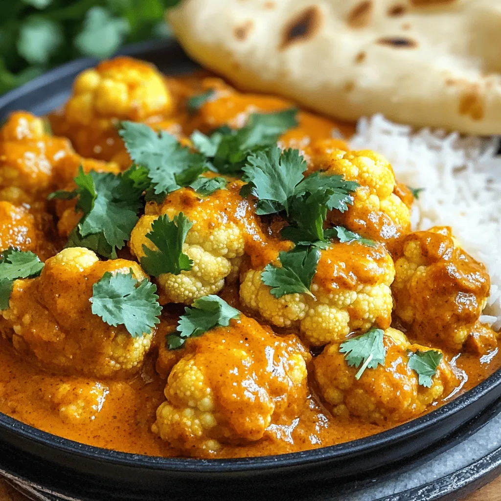 Für Blumenkohl Tikka Masala brauchst du ein paar einfache, aber wichtige Zutaten. Hier sind die Hauptzutaten: - 1 mittelgroßer Blumenkohl, in Röschen zerteilt - 1 Tasse Naturjoghurt (oder pflanzlicher Joghurt für vegan) - 2 Esslöffel Tikka-Masala-Gewürzmischung - 2 Esslöffel Olivenöl - 1 Zwiebel, fein gehackt - 4 Knoblauchzehen, gehackt - 1 Stück Ingwer (2,5 cm), gerieben - 1 Dose (400 g) gestückelte Tomaten Diese Zutaten bilden die Basis für ein köstliches Gericht. Der Blumenkohl sorgt für eine gute Textur und nimmt die Aromen gut auf. Die Gewürze machen dieses Gericht besonders. Hier sind die Gewürze, die du brauchst: - 1 Teelöffel gemahlener Kreuzkümmel - 1 Teelöffel gemahlener Koriander - 1/2 Teelöffel Kurkuma - 1/2 Teelöffel Garam Masala - Salz nach Geschmack - Frischer Koriander, gehackt (zum Garnieren) Diese Gewürze bringen Wärme und Tiefe. Garam Masala gibt dem Gericht den letzten Schliff. Es ist wichtig, die Gewürze frisch zu halten für den besten Geschmack. Um dein Blumenkohl Tikka Masala zu vervollständigen, empfehle ich zwei Beilagen: - Gekochter Basmati-Reis - Naan-Brot Der Reis nimmt die Sauce gut auf und das Naan ist perfekt, um die restliche Sauce aufzutunken. Serviere dein Gericht heiß und genieße es! Du findest die vollständige Anleitung in der [Full Recipe]. Um den Blumenkohl zu marinieren, beginne mit einer großen Schüssel. Mische dort den Naturjoghurt, die Tikka-Masala-Gewürzmischung und etwas Salz. Diese Mischung gibt dem Blumenkohl viel Geschmack. Zerteile den Blumenkohl in kleine Röschen. Füge die Röschen in die Schüssel. Mische alles gut durch, so dass die Röschen gleichmäßig bedeckt sind. Lass die Mischung mindestens 30 Minuten ziehen. Dadurch kann der Blumenkohl die Aromen gut aufnehmen. Heize den Ofen auf 220°C vor. Während der Ofen sich aufwärmt, lege ein Backblech mit Backpapier aus. Verteile die marinierten Blumenkohlröschen gleichmäßig darauf. Röste sie für 25 bis 30 Minuten. Achte darauf, dass sie zart und leicht braun werden. Dieser Schritt bringt den Geschmack des Blumenkohls hervor. Jetzt ist es Zeit für die Sauce. Erhitze Olivenöl in einer großen Pfanne bei mittlerer Hitze. Füge die fein gehackte Zwiebel hinzu und brate sie für 5 bis 7 Minuten. Sie sollte weich und goldbraun sein. Danach kommen der gehackte Knoblauch und der geriebene Ingwer dazu. Rühre für eine weitere Minute. Jetzt füge die gestückelten Tomaten sowie die Gewürze hinzu. Lass die Sauce 10 bis 15 Minuten köcheln. Wenn der Blumenkohl fertig ist, gib ihn vorsichtig in die Sauce. Mische alles gut. Lass es noch 5 Minuten kochen, damit die Aromen sich verbinden. Serviere das Gericht heiß mit Basmati-Reis oder Naan. Du kannst alles mit frischem Koriander garnieren. Für das gesamte Rezept siehe [Full Recipe]. Die Marinade ist der Schlüssel zu einem köstlichen Blumenkohl Tikka Masala. Nutze frischen Joghurt. Er macht das Gemüse zart. Mische den Joghurt mit der Tikka-Masala-Gewürzmischung. Achte darauf, dass die Röschen gut bedeckt sind. Lass sie mindestens 30 Minuten marinieren. So ziehen die Aromen tief ein. Wenn du Zeit hast, lass sie über Nacht ziehen. Das macht den Geschmack noch besser. Grillen ist eine tolle Option für Blumenkohl Tikka Masala. Du erhältst einen rauchigen Geschmack. Mariniere den Blumenkohl wie gewohnt. Dann lege ihn auf den Grill. Grill die Röschen etwa 10-15 Minuten. Wende sie regelmäßig, damit sie gleichmäßig garen. Du kannst auch die Sauce auf dem Herd zubereiten, während der Blumenkohl grillt. So sparst du Zeit und erhältst ein leckeres Ergebnis. Ein häufiger Fehler ist, den Blumenkohl nicht lange genug zu marinieren. Dadurch fehlt der Geschmack. Achte auch darauf, den Ofen gut vorzuheizen. Ein kalter Ofen kann den Blumenkohl matschig machen. Lass die Sauce nicht zu lange köcheln. Sonst wird sie zu dick. Wenn du diese Tipps beachtest, gelingt dir die perfekte Blumenkohl Tikka Masala. Für die komplette Anleitung und genaue Mengenangaben, schau dir das [Full Recipe] an. {{image_4}} Um Blumenkohl Tikka Masala vegan zu machen, ersetze den Joghurt. Nutze pflanzlichen Joghurt. Kokosjoghurt gibt einen feinen Geschmack. Alternativ kannst du Cashewcreme verwenden. Diese macht das Gericht schön cremig und lecker. Du kannst auch andere Gemüsesorten hinzufügen. Zucchini, Karotten oder Paprika passen gut. Sie bringen neue Texturen und Farben ins Gericht. Schneide das Gemüse in kleine Stücke. So garen sie gleichmäßig in der Sauce. Die Schärfe kannst du leicht anpassen. Füge mehr oder weniger Tikka-Masala-Gewürz hinzu. Für etwas mehr Kick, verwende frische grüne Chilis. Du kannst auch geräuchertes Paprikapulver für einen anderen Geschmack nutzen. Experimentiere mit verschiedenen Gewürzen, um deine eigene Note zu finden. Blumenkohl Tikka Masala bleibt frisch, wenn du ihn richtig lagerst. Lass das Gericht zuerst abkühlen. Danach füllst du es in einen luftdichten Behälter. Im Kühlschrank hält es sich bis zu 4 Tage. Achte darauf, dass der Behälter gut verschlossen ist. So vermeidest du, dass Gerüche von anderen Lebensmitteln eindringen. Wenn du Blumenkohl Tikka Masala länger aufbewahren möchtest, kannst du es einfrieren. Fülle das abgekühlte Gericht in einen gefrierfesten Behälter oder Gefrierbeutel. Achte darauf, möglichst viel Luft zu entfernen. So bleibt der Geschmack erhalten. Im Gefrierfach hält sich das Gericht bis zu 3 Monate. Beschrifte den Behälter mit dem Datum. So weißt du, wann du es eingefroren hast. Um Blumenkohl Tikka Masala wieder aufzuwärmen, kannst du die Mikrowelle oder den Herd verwenden. Wenn du die Mikrowelle benutzt, stelle die Leistung auf mittlere Stufe. Erwärme es in 1-2 Minuten, bis es heiß ist. Rühre zwischendurch um, damit es gleichmäßig warm wird. Wenn du den Herd verwendest, gib das Gericht in eine Pfanne und erwärme es bei niedriger Hitze. Füge etwas Wasser oder Joghurt hinzu, wenn die Sauce zu dick ist. So bleibt das Gericht saftig und lecker. Du kannst die [Full Recipe] jederzeit nachschlagen, um die genauen Zutaten und Zubereitungsschritte zu sehen. Blumenkohl Tikka Masala bleibt im Kühlschrank etwa 3 bis 5 Tage frisch. Achte darauf, es in einem luftdichten Behälter zu lagern. So bleibt die Textur erhalten. Wenn du es länger aufbewahren möchtest, kannst du es einfrieren. Im Gefrierfach bleibt es bis zu 3 Monate genießbar. Ja, du kannst die Joghurtbasis leicht ersetzen. Für eine vegane Option nutze pflanzlichen Joghurt. Alternativ kannst du auch Kokosmilch verwenden. Diese gibt dem Gericht eine cremige Konsistenz und einen leichten Kokosgeschmack. Achte darauf, ungesüßte Varianten zu wählen, um den Geschmack nicht zu verändern. Blumenkohl Tikka Masala schmeckt hervorragend mit gekochtem Basmati-Reis oder warmem Naan. Der Reis nimmt die Sauce gut auf und das Naan ist perfekt zum Dippen. Du kannst auch einen frischen Salat oder Raita als Beilage servieren. Diese bringen eine schöne Frische und Balance zu den Aromen des Gerichts. Für die vollständige Zubereitung schau dir das Full Recipe an. Blumenkohl Tikka Masala ist ein einfaches, schmackhaftes Gericht. Wir haben die Hauptzutaten, die besten Gewürze und köstliche Beilagen besprochen. Ich habe auch Schritt-für-Schritt-Anleitungen gegeben, damit du das Gericht im Handumdrehen zubereiten kannst. Tipps helfen dir, Fehler zu vermeiden. Variationen machen das Gericht spannend und anpassbar. Mit richtigen Aufbewahrungshinweisen bleibt es frisch. Genieße dein Essen und teile es mit Freunden und Familie!