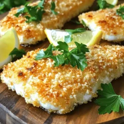 Für ein köstliches Parmesan-Krusten-Tilapia-Gericht benötigst du folgende Zutaten: - 4 Tilapiafilets - 1 Tasse geriebener Parmesan - 1/2 Tasse Paniermehl (Panko) - 2 Esslöffel frische Petersilie, gehackt - 1 Teelöffel Knoblauchpulver - 1 Teelöffel Zwiebelpulver - 1/2 Teelöffel Paprika - Salz und Pfeffer nach Geschmack - 2 Esslöffel Zitronensaft - 1/4 Tasse geschmolzene Butter Diese Zutaten machen dein Gericht nicht nur lecker, sondern auch gesund. Tilapia ist ein magerer Fisch und perfekt für eine leichte Mahlzeit. Parmesan bringt tollen Geschmack. Panko sorgt für eine extra knusprige Kruste. Frische Petersilie gibt dem Gericht Farbe und Frische. Die Gewürze wie Knoblauchpulver und Paprika fügen Tiefe hinzu und machen das Essen besonders. Zitronensaft sorgt für eine schöne Frische und passt perfekt zum Fisch. Die geschmolzene Butter hilft der Kruste, knusprig zu werden und gibt einen reichhaltigen Geschmack. Mit diesen Zutaten wirst du ein Gericht zaubern, das deine Familie und Freunde lieben werden! Heize deinen Ofen auf 200°C vor. Lege ein Backblech mit Backpapier aus. Das macht die Reinigung einfach. In einer flachen Schüssel mischst du die trockenen Zutaten. Vermenge den geriebenen Parmesan, das Paniermehl, die gehackte Petersilie, das Knoblauchpulver, das Zwiebelpulver, die Paprika sowie Salz und Pfeffer. Rühre alles gut um, damit sich die Zutaten gleichmäßig verteilen. Nimm die geschmolzene Butter und den Zitronensaft in eine separate Schüssel. Tauche jedes Tilapiafilet in die Butter-Zitronen-Mischung. Achte darauf, dass alle Seiten gut bedeckt sind. Danach nimmst du das Filet und drückst es in die Parmesan-Paniermehl-Mischung. Drücke die Kruste fest auf den Fisch, damit sie gut haftet. Lege die panierten Filets auf das vorbereitete Backblech. Backe die Filets im vorgeheizten Ofen für 15 bis 20 Minuten. Der Fisch sollte gar sein, und die Kruste goldbraun und knusprig aussehen. Nimm das Backblech aus dem Ofen und lasse die Filets kurz abkühlen. Präsentiere die Parmesan-Krusten-Tilapia auf einem schönen Platter. Garniere das Gericht mit Zitronenscheiben und frischen Petersilienzweigen. So bringst du Farbe ins Spiel. Denke daran, das Gericht mit sautiertem Gemüse oder einem leichten Salat zu kombinieren. Um die Kruste perfekt hinzubekommen, drücken Sie die Mischung gut an. Wenn Sie den Parmesan und das Paniermehl auf dem Tilapia verteilen, sollten Sie fest drücken. So bleibt die Kruste beim Backen stabil. Achten Sie auch darauf, den Fisch nicht zu überkochen. Tilapia ist schnell gar, also prüfen Sie ihn nach 15 Minuten. Der Fisch sollte zart und saftig bleiben. Sie können die Gewürze nach Ihrem Geschmack anpassen. Statt Paprika können Sie zum Beispiel Chili verwenden, wenn Sie es schärfer mögen. Auch andere Käsesorten wie Gouda oder Cheddar passen gut. Experimentieren Sie mit frisch gehacktem Basilikum oder Oregano für ein neues Aroma. {{image_4}} Für die Parmesan-Krusten-Lachs-Variante verwenden Sie frische Lachsfilets. Lachs hat einen reicheren Geschmack. Dies verändert das Gesamtbild des Gerichts. Sie müssen die Lachsfilets nicht ganz so lange backen. Die Backzeit liegt oft bei 12 bis 15 Minuten. Achten Sie darauf, dass der Lachs zart bleibt und nicht austrocknet. Für eine vegetarische Option nutzen Sie Gemüsepäckchen mit Parmesan. Nehmen Sie verschiedene Gemüsesorten, wie Zucchini, Paprika und Auberginen. Schneiden Sie das Gemüse in gleich große Stücke. Mischen Sie das Gemüse mit Parmesan, Paniermehl und Gewürzen. Wickeln Sie das Gemüse in Alufolie ein. Backen Sie die Päckchen bei 200°C (400°F) für etwa 20 Minuten. Diese Variante ist leicht und gesund. Kühlschrank oder Gefrierschrank? Lagern Sie übrig gebliebenen Parmesan-Krusten-Tilapia im Kühlschrank. Legen Sie die Filets in einen luftdichten Behälter. So bleiben sie frisch. Sie können die Reste auch im Gefrierschrank aufbewahren. Wickeln Sie die Filets in Frischhaltefolie und dann in Alufolie. So bleibt der Geschmack erhalten. Beste Vorbereitungspraktiken Um die Qualität zu bewahren, lassen Sie die Filets zuerst abkühlen. Wickeln Sie sie gut ein. Beschriften Sie den Behälter mit dem Datum. So wissen Sie, wann Sie die Reste gegessen haben sollten. Ideal ist es, die Reste innerhalb von drei Tagen zu verzehren. Mikrowelle vs. Ofen Die Mikrowelle ist schnell, aber sie kann den Fisch weich machen. Ich empfehle den Ofen für bessere Ergebnisse. Heizen Sie ihn auf 180°C vor. Legen Sie die Filets auf ein Backblech und backen Sie sie für etwa 10 Minuten. So bleibt die Kruste knusprig. Tipps für optimale Knusprigkeit Um die Kruste knusprig zu halten, decken Sie die Filets nicht ab. Sie können auch ein wenig Öl auf die Filets sprühen. Dies hilft, die Textur zu bewahren. Achten Sie darauf, sie nicht zu lange zu backen, um ein Austrocknen zu vermeiden. Die Zubereitungszeit für Tilapia ist schnell. Sie dauert etwa 15 bis 20 Minuten. Bei 200°C (400°F) im Ofen wird der Fisch perfekt gar. Achte darauf, dass der Fisch durch ist und die Kruste schön knusprig ist. Ja, du kannst die Parmesan-Kruste im Voraus machen. Mische die trockenen Zutaten und bewahre sie in einem luftdichten Behälter auf. Du kannst die Kruste auch auf die Tilapiafilets legen und sie dann kühl stellen. So sparst du Zeit beim Kochen. Parmesan-Krusten-Tilapia schmeckt großartig mit vielen Beilagen. Hier sind einige Vorschläge: - Sautiertes Gemüse wie Zucchini oder Paprika - Ein frischer grüner Salat - Reis oder Quinoa für mehr Fülle - Kartoffeln oder Süßkartoffeln als Beilage Diese Kombinationen bringen zusätzliche Aromen und Texturen. Tilapia mit Parmesan-Kruste ist einfach zuzubereiten und lecker. Wir haben die Zutaten, das Rezept und viele nützliche Tipps besprochen. Damit erhältst du eine perfekte Kruste. Experimentiere mit verschiedenen Zutaten, um dein Gericht zu variieren. Denke an die Lagerung der Reste, um nichts zu verschwenden. Ob im Kühlschrank oder Gefrierschrank, du kannst sicherstellen, dass dein Essen frisch bleibt. Mit diesen Tipps wirst du deine Freunde und Familie begeistert. Viel Spaß beim Kochen!