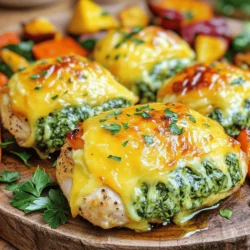- 4 Hähnchenbrustfilets ohne Haut und Knochen - 2 Tassen frischer Spinat, grob gehackt - 1 Tasse Frischkäse, weichgerührt - 1 Tasse geriebener Mozzarella-Käse - 1/2 Tasse geriebener Parmesan-Käse - 2 Knoblauchzehen, fein gehackt - 1 Teelöffel italienische Gewürzmischung - Salz und Pfeffer nach Geschmack - 2 Esslöffel Olivenöl - 1/2 Teelöffel rote Pfefferflocken (optional) - Frische Petersilie zum Garnieren Die Hauptzutaten für die Käse-Spinat gefüllte Hähnchenbrust sind einfach und klar. Du brauchst frische Hähnchenbrustfilets, die zart und saftig sind. Spinat bringt Farbe und Nährstoffe. Die Käsesorten, Frischkäse, Mozzarella und Parmesan, sorgen für den cremigen Geschmack. Gewürze helfen, alles zusammenzubringen. Verwende frischen Knoblauch für das beste Aroma. - Zahnstochern - Olivenöl und Petersilie Einige nützliche Werkzeuge machen die Zubereitung einfacher. Zahnstochern helfen, die gefüllten Hähnchenbrüste zu fixieren. Olivenöl nutzt du zum Braten und für den extra Geschmack. Frische Petersilie verleiht deinem Gericht eine schöne Garnitur. Diese kleinen Details machen den Unterschied auf dem Teller. Zuerst vermengen wir die Füllung. Nimm eine große Schüssel. Gib den gehackten Spinat, den Frischkäse, den Mozzarella, den Parmesan und den gehackten Knoblauch hinein. Füge die italienische Gewürzmischung, Salz, Pfeffer und rote Pfefferflocken hinzu. Mische alles gut, bis die Zutaten gleichmäßig verteilt sind. Schmecke die Füllung ab und passe die Gewürze nach deinem Geschmack an. Jetzt bereiten wir die Hähnchenbrust vor. Lege ein Hähnchenbrustfilet zwischen zwei Plastiktüten. Mit einem Fleischklopfer klopfe das Hähnchen flach, bis es etwa 1,5 cm dick ist. Würze beide Seiten der Hähnchenbrust mit Salz und Pfeffer. Nimm eine der Hähnchenbrüste und lege eine große Portion der Füllung in die Mitte. Klappe die Seiten über die Füllung und rolle das Hähnchen fest auf. Wenn nötig, fixiere es mit Zahnstochern. Wiederhole dies für die restlichen Hähnchenbrustfilets. Jetzt geht es ans Braten. Erhitze das Olivenöl in einer großen, ofenfesten Pfanne bei mittlerer bis hoher Hitze. Gib die gefüllten Hähnchenbrüste in die Pfanne. Brate sie etwa 3-4 Minuten pro Seite, bis sie goldbraun sind. Überführe die Pfanne in den vorgeheizten Ofen. Röste die Hähnchenbrüste für 25-30 Minuten, bis sie durchgegart sind. Die Innentemperatur sollte 74°C erreichen. Nimm die Pfanne aus dem Ofen und lasse das Hähnchen einige Minuten ruhen. Entferne vorsichtig die Zahnstochern. Schneide das Hähnchen längs durch, um die köstliche Füllung zu zeigen. - Fleischklopfen richtig machen: Lege die Hähnchenbrust zwischen zwei Plastiktüten. Klopfe vorsichtig mit einem Fleischklopfer. Ziel ist eine gleichmäßige Dicke von etwa 1,5 cm. So wird das Hähnchen gleichmäßig gar. - Auf die Innentemperatur achten: Die Innentemperatur ist entscheidend. Nutze ein Fleischthermometer, um die 74°C zu erreichen. So bleibt das Hähnchen saftig und ist sicher zu essen. - Beilagenideen: Serviere die gefüllten Hähnchenbrüste mit geröstetem Gemüse. Ein leichter Salat passt auch gut. Diese Beilagen ergänzen den Geschmack und machen das Gericht bunt. - Anrichten für mehr Effekt: Lege die gefüllten Hähnchenbrüste auf eine große Platte. Beträufle sie mit Olivenöl. Garniere mit frischer Petersilie. So sieht das Gericht appetitlich aus und zieht die Blicke auf sich. {{image_4}} Für die Füllung kannst du verschiedene Käsesorten verwenden. Feta ist eine tolle Wahl. Er bringt einen salzigen, cremigen Geschmack. Gouda ist ebenfalls eine gute Option. Er schmilzt schön und macht die Füllung reichhaltig. Du kannst auch eine Mischung aus Käse verwenden. So bekommst du unterschiedliche Aromen in jedem Biss. Du kannst auch mehr Gemüse in die Füllung integrieren. Paprika, Zucchini oder sogar Pilze passen gut. Diese Zutaten bringen Frische und Farbe in das Gericht. Wenn du eine vegetarische Option zubereiten willst, lasse das Hähnchen einfach weg. Fülle die Mischung nur mit Spinat und Gemüse. Du hast eine leckere, gesunde Mahlzeit. Wenn du etwas von den Käse-Spinat gefüllten Hähnchenbrüsten übrig hast, kannst du sie gut lagern. - Tipps für den Kühlschrank: - Lass die Hähnchenbrüste zuerst auf Zimmertemperatur abkühlen. - Lege sie in einen luftdichten Behälter. - Sie bleiben frisch für 3 bis 4 Tage im Kühlschrank. - Einfrieren der gefüllten Hähnchenbrüste: - Wickel die Hähnchenbrüste in Frischhaltefolie ein. - Packe sie dann in einen gefrierfesten Beutel. - So bleiben sie bis zu 3 Monate haltbar. Hast du noch Reste von der gefüllten Hähnchenbrust? Nutze sie kreativ! - Rezeptideen für übrig gebliebenes Hähnchen: - Mache einen leckeren Hähnchensalat mit frischem Gemüse. - Fülle Tortillas mit dem Hähnchen und etwas Salsa für Wraps. - Verwende die Reste in einer Pasta mit einer sahnigen Sauce. - Du kannst auch eine Suppe daraus machen, indem du das Hähnchen würfelst und mit Brühe kochst. Mit diesen Tipps und Ideen machen deine Reste immer Freude! - Die Vorbereitungszeit beträgt etwa 15 Minuten. - Die gesamte Kochzeit liegt bei rund 35 Minuten. - Also, insgesamt brauchen Sie etwa 50 Minuten für das Gericht. - Ja, Sie können die gefüllten Hähnchenbrüste im Airfryer machen. - Stellen Sie die Temperatur auf 180°C ein. - Kochen Sie sie für etwa 20-25 Minuten. - Achten Sie darauf, sie einmal während des Kochens zu wenden. - Eine einfache Beilage ist geröstetes Gemüse. - Ein leichter Salat ergänzt das Gericht gut. - Auch Reis oder Quinoa sind tolle Optionen. - Diese Beilagen sorgen für eine ausgewogene Mahlzeit. - Das Rezept ergibt vier Portionen. - Es ist einfach, die Menge anzupassen. - Verdoppeln Sie einfach die Zutaten für mehr Gäste. - Ja, es ist ideal für Meal Prep. - Bereiten Sie die Hähnchenbrüste im Voraus zu und kühlen Sie sie. - Sie können sie in luftdichten Behältern aufbewahren. - So haben Sie eine leckere Mahlzeit für die Woche bereit. In diesem Blogpost haben wir die Zubereitung von gefüllter Hähnchenbrust behandelt. Wir haben die Hauptzutaten, die Schritt-für-Schritt-Anleitung, hilfreiche Tipps und Variationen besprochen. Denken Sie daran, das Fleisch richtig zu klopfen und auf die Innentemperatur zu achten. Experimentieren Sie mit verschiedenen Käsesorten und Gemüse. So gestalten Sie Ihre Mahlzeit individuell und schmackhaft. Nutzen Sie die Resteverwertung für neue Rezepte. Genießen Sie Ihre köstlichen Kreationen und machen Sie jeden Biss zu einem Genuss.