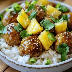 Für die perfekten Pineapple Teriyaki Meatballs brauchst du einige einfache Zutaten. Hier ist die Liste: - 450 g gemahlenes Hähnchen oder Truthahn - 100 g Semmelbrösel - 60 g grüne Zwiebeln, fein gehackt - 60 g frischer Koriander, gehackt - 1 Ei - 2 Knoblauchzehen, fein gehackt - 1 Teelöffel frischer Ingwer, gerieben - Salz und Pfeffer nach Geschmack - 150 g Ananasstücke (frisch oder aus der Dose, abgetropft) - 120 ml Teriyaki-Sauce - 1 Esslöffel Sesamsamen - Gekochter Reis, zum Servieren Diese Zutaten kombinieren sich gut und ergeben ein leckeres Gericht. Das Hähnchen oder der Truthahn macht die Bällchen saftig und zart. Du kannst auch ein paar optionale Zutaten hinzufügen, um den Geschmack zu variieren: - Paprika für etwas Süße - Karotten für mehr Crunch - Chili für einen scharfen Kick Mit diesen Zutaten kannst du die Fleischbällchen ganz nach deinem Geschmack anpassen. Um die Pineapple Teriyaki Meatballs zu ergänzen, empfehle ich folgende Beilagen: - Gekochter Reis - Gebratenes Gemüse - Ein frischer Salat Diese Beilagen runden das Gericht ab und sorgen für ein ausgewogenes Essen. Sie sind einfach und schnell zuzubereiten. Um die Fleischbällchen zuzubereiten, nehmen Sie eine große Schüssel. Geben Sie das gemahlene Hähnchen oder den Truthahn hinein. Fügen Sie die Semmelbrösel, die gehackten grünen Zwiebeln und den frischen Koriander hinzu. Jetzt kommt das Ei, der gehackte Knoblauch und der geriebene Ingwer. Mischen Sie alles gut durch. Fügen Sie Salz und Pfeffer nach Ihrem Geschmack hinzu. Nachdem die Mischung homogen ist, formen Sie kleine Bällchen, etwa 2,5 cm groß. Legen Sie die Bällchen auf ein Backblech mit Backpapier. Heizen Sie den Ofen auf 200 °C vor. Backen Sie die Fleischbällchen für etwa 20 Minuten. Sie sollten goldbraun und durchgegart sein. Überprüfen Sie nach der Backzeit, ob sie gut gegart sind. Eine goldene Farbe zeigt, dass sie perfekt sind. Während die Fleischbällchen backen, bereiten Sie die Teriyaki-Sauce vor. Nehmen Sie einen kleinen Topf und geben Sie die Teriyaki-Sauce und die Ananasstücke hinein. Erwärmen Sie die Mischung bei mittlerer Hitze. Lassen Sie die Sauce fünf Minuten köcheln. So entfalten sich die Aromen gut. Achten Sie darauf, die Mischung regelmäßig umzurühren. Sobald die Fleischbällchen fertig sind, geben Sie sie vorsichtig in die Sauce. Rühren Sie sanft um, damit sie gleichmäßig überzogen sind. Lassen Sie die Bällchen zwei bis drei Minuten in der Sauce ziehen. Um perfekte Fleischbällchen zu machen, mische die Zutaten gut. Achte darauf, dass das Fleisch und die Semmelbrösel gleichmäßig verteilt sind. Verwende frische Zutaten, um den Geschmack zu verbessern. Die Mischung sollte nicht zu nass oder zu trocken sein. Formen Sie gleichmäßige Bällchen von etwa 2,5 cm Durchmesser. So garen sie gleichmäßig und bleiben saftig. Serviere die Ananas-Teriyaki-Fleischbällchen auf einem Bett aus gekochtem Reis. Dies gibt dem Gericht Struktur und macht es sättigender. Träufle zusätzliche Teriyaki-Sauce über die Fleischbällchen. Die Sesamsamen verleihen Knusprigkeit und einen schönen Look. Du kannst auch frische Korianderblätter darüber streuen. Das sieht hübsch aus und bringt frischen Geschmack. Wenn du Reste hast, lagere sie im Kühlschrank. Sie bleiben dort bis zu drei Tage frisch. Du kannst die Fleischbällchen einfach aufwärmen. Mach das in der Mikrowelle oder in einer Pfanne. Füge etwas Wasser hinzu, um sie saftig zu halten. Außerdem kannst du die Reste in Wraps oder Salaten verwenden. So hast du schnell ein neues Gericht. Das reduziert auch Food Waste und spart Zeit. {{image_4}} Wenn du eine vegetarische oder vegane Option möchtest, kannst du die Fleischbällchen leicht anpassen. Verwende stattdessen zerdrückte Kichererbsen oder eine Mischung aus Linsen und Quinoa. Achte darauf, die Semmelbrösel durch glutenfreie oder pflanzliche Varianten zu ersetzen. Du kannst auch ein Leinsamen-Ei verwenden. Das gibt Textur und bindet die Mischung. Du kannst auch andere Fleischsorten für die Fleischbällchen nutzen. Schweinefleisch oder Rindfleisch bieten einen anderen Geschmack. Achte darauf, dass das Fleisch gut gewürzt ist. Das sorgt für ein tolles Aroma. Du kannst auch eine Mischung aus verschiedenen Fleischsorten verwenden. Das bringt Vielfalt auf den Teller. Die Teriyaki-Sauce kann nach deinem Geschmack geändert werden. Füge mehr Ingwer oder Knoblauch hinzu für einen intensiveren Geschmack. Möchtest du es schärfer? Dann gib eine Prise Chili hinzu. Du kannst auch Sojasauce oder hoisin Sauce verwenden, um neue Aromen zu entdecken. Experimentiere mit verschiedenen Kräutern, wie Basilikum oder Oregano, für einen frischen Twist. Um die Fleischbällchen frisch zu halten, kühlen Sie sie schnell ab. Legen Sie sie in einen luftdichten Behälter. Diese Methode hilft, die Feuchtigkeit zu bewahren. Sie können die gekochten Fleischbällchen bis zu drei Tage im Kühlschrank aufbewahren. Achten Sie darauf, dass der Kühlschrank nicht wärmer als 4 °C ist. Vor dem Servieren sollten Sie die Fleischbällchen gut erhitzen. Einfrieren ist eine tolle Möglichkeit, um Fleischbällchen länger zu lagern. Lassen Sie sie zuerst vollständig abkühlen. Legen Sie die Fleischbällchen in eine einzelne Schicht auf ein Backblech. Frieren Sie sie für etwa zwei Stunden ein, bis sie fest sind. Danach können Sie sie in einen Gefrierbeutel umfüllen. So bleiben sie bis zu drei Monate frisch. Beschriften Sie den Beutel mit dem Datum für die Übersicht. Um die Reste aufzuwärmen, nutzen Sie den Ofen oder die Mikrowelle. Im Ofen heizen Sie ihn auf 180 °C vor. Legen Sie die Fleischbällchen auf ein Backblech und backen Sie sie für etwa 10 Minuten. In der Mikrowelle setzen Sie die Fleischbällchen in eine geeignete Schüssel. Erwärmen Sie sie in kurzen Intervallen von 30 Sekunden. Überprüfen Sie, ob sie durchgehend heiß sind, bevor Sie sie servieren. Die Fleischbällchen sind im Kühlschrank bis zu drei Tage haltbar. Achte darauf, sie in einem luftdichten Behälter zu lagern. Wenn du sie länger aufbewahren möchtest, friere sie ein. So kannst du sie bis zu drei Monate genießen. Ja, du kannst die Teriyaki-Sauce einfach selbst machen. Mische Sojasauce, Honig, Reisessig und Sesamöl in einem kleinen Topf. Erwärme die Mischung und füge etwas frischen Ingwer und Knoblauch hinzu. Lasse es kurz köcheln, damit sich die Aromen entfalten. So hast du eine leckere, hausgemachte Sauce. Zu den Fleischbällchen passen viele Beilagen. Gekochter Reis ist die beste Wahl, da er die Sauce gut aufnimmt. Du kannst auch Gemüse wie Brokkoli oder Karotten servieren. Ein frischer Salat oder gedämpfter Reis ergänzen das Gericht perfekt. Zusammengefasst haben wir die Hauptzutaten für Pineapple Teriyaki Meatballs und ihre Variationen besprochen. Ich habe dir eine Schritt-für-Schritt-Anleitung gegeben, um die perfekten Fleischbällchen zu machen. Tipps und Tricks helfen dir, das Gericht zu verfeinern und Reste richtig zu lagern. Du kannst auch vegetarische Alternativen und Anpassungen der Saucen wählen. Denke daran, die passenden Beilagen auszuwählen. Probiere verschiedene Kombinationen aus. So schmeckt es immer gut. Viel Spaß beim Kochen und Genießen!