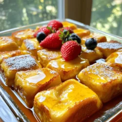 - 1 Laib Briochebrot, in Würfel geschnitten - 6 große Eier - 500 ml Vollmilch - 250 ml Schlagsahne Die Hauptzutaten für dein Overnight French Toast Casserole sind einfach und leicht zu finden. Briochebrot gibt dem Gericht eine süße und weiche Textur. Die Eier binden alles zusammen und geben eine schöne Fülle. Die Vollmilch und die Schlagsahne sorgen für reichhaltigen Geschmack und Cremigkeit. - 120 g brauner Zucker - 1 Teelöffel Vanilleextrakt - 1 Teelöffel Zimt - 1/4 Teelöffel Muskatnuss Der braune Zucker fügt eine angenehme Süße hinzu und karamellisiert beim Backen. Vanilleextrakt gibt ein warmes Aroma, das gut zu den anderen Zutaten passt. Zimt und Muskatnuss bringen eine wunderbare Würze in das Gericht. Diese Aromen machen es besonders lecker und einladend. - 120 ml Ahornsirup (plus mehr zum Servieren) - Frische Beeren (Erdbeeren, Heidelbeeren) zur Garnitur - Puderzucker zum Bestäuben Die Garnierungen sind das Tüpfelchen auf dem i. Ahornsirup bringt eine süße, goldene Note. Frische Beeren fügen Farbe und Frische hinzu. Puderzucker ist eine schöne, süße Ergänzung. Alles zusammen macht dein Gericht nicht nur lecker, sondern auch schön anzusehen. Um die Eiermischung zu machen, nimm eine große Schüssel. Schlage die Eier auf und gib die Milch hinzu. Rühre gut um, bis alles vermischt ist. Füge den braunen Zucker, den Vanilleextrakt, den Zimt und die Muskatnuss hinzu. Rühre weiter, bis die Mischung gleichmäßig ist und die Zutaten gut verteilt sind. Nimm die Brioche und schneide sie in Würfel. Gib die Briochewürfel gleichmäßig in die gefettete Backform. Achte darauf, dass sie nicht übereinander liegen. Gieße die Eiermischung über die Würfel. Stelle sicher, dass jeder Würfel gut durchtränkt ist. Wenn nötig, drücke leicht mit einem Spatel, damit das Brot die Mischung aufsaugt. Decke die Auflaufform mit Frischhaltefolie ab. Stelle sie dann in den Kühlschrank und lasse sie über Nacht ziehen. Dadurch kann das Brot die Flüssigkeit gut aufnehmen. Am nächsten Tag heize den Ofen auf 175°C vor. Nimm die Auflaufform aus dem Kühlschrank und lasse sie etwa 20 Minuten stehen. Backe den Auflauf dann für 45-50 Minuten, bis die Oberseite schön goldbraun ist. Lass ihn nach dem Backen kurz abkühlen, bevor du ihn in Stücke schneidest. Um die perfekte Konsistenz für deine Overnight French Toast Casserole zu erreichen, ist das Verhältnis von Flüssigkeit zu Brot wichtig. Ein Laib Briochebrot braucht genug Flüssigkeit, um gut durchtränkt zu werden. Ich empfehle, die Mischung aus Eiern, Milch und Sahne gut zu vermengen. Das sorgt für einen gleichmäßigen Geschmack und eine tolle Textur. Ein weiterer Trick ist, die Mischung leicht einzukochen. Das bedeutet, du kannst die Flüssigkeit in einem kleinen Topf kurz erhitzen, bevor du sie über das Brot gießt. So konzentrierst du den Geschmack und bekommst eine reichhaltigere Casserole. Möchtest du deine Casserole aufpeppen? Füge zusätzliche Früchte oder Nüsse hinzu. Frische Erdbeeren oder Heidelbeeren passen perfekt. Wenn du es süßer magst, probiere Schokoladenstückchen oder Karamell. Diese Zutaten geben dem Gericht einen besonderen Kick und machen es noch leckerer. Du kannst auch verschiedene Gewürze verwenden. Ein Hauch von Muskatnuss oder eine Prise Ingwer können den Geschmack wunderbar verändern. Für eine tolle Präsentation kannst du die Casserole mit Joghurt oder Sahne servieren. Das macht das Gericht noch cremiger und frischer. Ich empfehle auch, den Auflauf mit frischen Beeren und einer Prise Puderzucker zu garnieren. Das sieht nicht nur gut aus, sondern schmeckt auch fantastisch. Eine kreative Art, den Auflauf zu servieren, ist, ihn in einzelnen Portionen auf Tellern zu präsentieren. So sieht es besonders einladend aus. {{image_4}} Für eine glutenfreie Version verwende glutenfreies Brot. Das Brot kann aus Reis oder Mais bestehen. Achte darauf, dass es frisch ist, damit der Auflauf gut gelingt. Du kannst auch verschiedene Brotsorten kombinieren, um neue Aromen zu entdecken. Für die Milch kannst du verschiedene Alternativen nutzen. Mandelmilch oder Hafermilch sind tolle Optionen. Diese Pflanzenmilch gibt dem Auflauf einen besonderen Geschmack. So bleibt er für viele Diäten geeignet und du musst auf nichts verzichten. Du kannst das Rezept leicht anpassen, um verschiedene Geschmäcker zu treffen. Füge zum Beispiel frische Früchte wie Mango oder Ananas hinzu. Diese Früchte machen den Auflauf exotisch und frisch. Für Feiertage kannst du besondere Aromen nutzen. Zimt und Muskatnuss sind perfekt für Weihnachten. Oder füge etwas Lebkuchengewürz hinzu, um die festliche Stimmung zu steigern. Experimentiere mit verschiedenen Geschmäckern, um den Auflauf zu deinem persönlichen Highlight zu machen. Um den Auflauf richtig zu lagern, lasse ihn zuerst abkühlen. Schneide ihn in Portionen und lege die Stücke in einen luftdichten Behälter. So bleibt der Auflauf frisch. Du kannst ihn bis zu fünf Tage im Kühlschrank aufbewahren. Zum Erwärmen nutze die Mikrowelle. Stelle die Mikrowelle auf mittlere Hitze und erhitze den Auflauf für etwa 1-2 Minuten. Überprüfe, ob er warm ist, falls nötig, erhitze ihn länger. Die maximal empfohlene Lagerzeit im Kühlschrank beträgt fünf Tage. Nach dieser Zeit kann der Auflauf an Geschmack verlieren. Wenn du den Auflauf länger aufbewahren möchtest, kannst du ihn einfrieren. Verpacke die Portionen in Gefrierbeutel oder -behälter. So bleibt er bis zu drei Monate frisch. Zum Auftauen lege ihn über Nacht in den Kühlschrank. Danach kannst du ihn wie gewohnt in der Mikrowelle oder im Ofen erwärmen. Du kannst die Mischung bis zu 24 Stunden im Voraus vorbereiten. Mixe die Eier, Milch, Sahne, Zucker, Vanille, Zimt, Muskatnuss und Ahornsirup gut. Gieße die Mischung über das Brot. Decke die Backform ab und stelle sie in den Kühlschrank. So kann das Brot die Flüssigkeit gut aufsaugen. Ja, das ist einfach! Bereite den Auflauf am Abend vorher vor. Decke die Form mit Frischhaltefolie ab und lasse sie über Nacht im Kühlschrank. Am nächsten Morgen kannst du ihn direkt backen. Das spart Zeit und macht das Frühstück stressfrei. Um das Rezept gesünder zu machen, wähle Vollkornbrot statt Brioche. Du kannst auch die Schlagsahne durch leichte Milch ersetzen. Verwende weniger Zucker oder nutze Honig. Füge auch frisches Obst wie Bananen oder Äpfel hinzu. Diese Optionen verbessern den Nährwert. Wenn der Auflauf nicht aufgeht, könnte die Mischung nicht richtig durchgezogen sein. Stelle sicher, dass das Brot die Flüssigkeit gut aufnimmt. Lass ihn auch lange genug im Ofen. Die Backzeit sollte zwischen 45 und 50 Minuten liegen. Achte darauf, dass die Oberseite goldbraun ist. Der Auflauf sollte bei 175°C für 45 bis 50 Minuten gebacken werden. Überprüfe die Mitte. Sie sollte fest sein und nicht wackeln. Lass den Auflauf nach dem Backen einige Minuten abkühlen, bevor du ihn in Stücke schneidest. So bleibt er schön zusammen. Zusammenfassend haben wir die Zutaten und Schritte für diesen leckeren Brioche-Auflauf besprochen. Du hast gelernt, wie du die Eiermischung zubereitest, das Brot schichtest und die perfekte Konsistenz erreichst. Es gibt viele Variationen, um dein Rezept anzupassen. Ob süß oder herzhaft, die Möglichkeiten sind endlos. Denk auch daran, die Reste richtig zu lagern für später. Probiere verschiedene Aromen aus und finde deinen Favoriten. So machst du jeden Biss besonders.