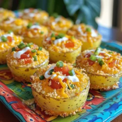 Für die Copycat Fiesta Potato Bites brauchst du einige einfache Zutaten. Hier sind sie: - 4 mittelgroße Kartoffeln, gründlich gewaschen - 1 Tasse geriebener Cheddar-Käse - 1/2 Tasse saure Sahne - 1/2 Tasse gehackte grüne Zwiebeln - 1/2 Tasse gewürfelte Tomaten Diese Zutaten bilden die Basis für den herzhaften Snack. Die Kartoffeln sind das Hauptstück und bieten eine perfekte Hülle für die Füllung. Die Gewürze sind wichtig für den Geschmack. Hier sind die Gewürze, die du brauchst: - 1 Teelöffel Knoblauchpulver - 1 Teelöffel Zwiebelpulver - 1 Teelöffel geräuchertes Paprika - Salz und Pfeffer nach Geschmack Diese Gewürze geben den Bissen den richtigen Kick. Sie bringen die Aromen zusammen und machen den Snack lecker. Die Garnitur macht das Gericht noch schöner und schmackhafter. Du kannst Folgendes verwenden: - Zusätzliche gehackte grüne Zwiebeln - Ein Spritzer extra saure Sahne Diese Optionen sind einfach und bringen Farbe auf den Teller. Sie machen die Fiesta Potato Bites zu einem echten Hingucker. Zuerst wähle vier mittelgroße Kartoffeln. Wasche sie gründlich, um Schmutz zu entfernen. Dann steche mit einer Gabel einige Löcher in jede Kartoffel. Dies hilft, Dampf entweichen zu lassen. Mikrowelle die Kartoffeln für 8 bis 10 Minuten, bis sie weich sind. Lass sie dann etwas abkühlen. Sobald die Kartoffeln kühl genug sind, schneide sie der Länge nach in zwei Hälften. Verwende einen Löffel, um vorsichtig etwas Kartoffelinnere herauszunehmen. Behalte das herausgenommene Kartoffelinnere für die Füllung. In einer Schüssel vermenge das herausgenommene Kartoffelinnere mit einer Tasse geriebenem Cheddar-Käse. Füge eine halbe Tasse Sauerrahm und eine halbe Tasse gehackte grüne Zwiebeln hinzu. Dann kommen eine halbe Tasse gewürfelte Tomaten, ein Teelöffel Knoblauchpulver, ein Teelöffel Zwiebelpulver und ein Teelöffel geräucherte Paprika hinzu. Vergiss nicht, mit Salz und Pfeffer abzuschmecken. Mische alles gut, bis die Zutaten gut verbunden sind. Heize deinen Ofen auf 200 Grad Celsius vor. Fülle jede Kartoffelhälfte mit der Käsemischung. Achte darauf, sie großzügig zu befüllen. Streue dann eine halbe Tasse Panko-Brösel auf die gefüllten Kartoffelhälften. Diese sorgen für einen schönen Crunch. Besprühe die Brösel leicht mit Öl, damit sie knusprig werden. Lege die gefüllten Kartoffeln auf ein Backblech und backe sie 20 bis 25 Minuten. Warte, bis die Oberseite goldbraun und knusprig ist. Lass die Bites vor dem Servieren ein paar Minuten abkühlen. Um die besten Fiesta Potato Bites zu machen, achte auf die Kartofelwahl. Nimm festkochende Kartoffeln. Diese bleiben nach dem Kochen stabil. Prick die Kartoffeln vor dem Mikrowellenkochen. Das hilft, Druck aufzubauen und sie gleichmäßig zu garen. Mikrowelle sie für 8 bis 10 Minuten, bis sie weich sind. Lass sie etwas abkühlen, bevor du sie schneidest. So verbrennst du dir nicht die Finger! Für knusprige Bites benutze Panko-Brösel. Sie sind leichter und werden knuspriger als normale Brösel. Sprühe die gefüllten Kartoffeln leicht mit Öl. Das hilft den Bröseln, schön braun zu werden. Stelle sicher, dass der Ofen gut vorgeheizt ist. Backe die Bites 20 bis 25 Minuten lang, bis sie goldbraun sind. Das gibt dir eine tolle Textur. Du kannst die Füllung schon am Vortag machen. Lagere sie im Kühlschrank. So sparst du Zeit am Tag des Servierens. Du kannst auch die Füllung anpassen. Füge mehr Gemüse oder verschiedene Käsesorten hinzu. So wird jedes Mal dein Snack einzigartig. Denk daran, die Kartoffeln nicht zu lange zu backen. So bleiben sie saftig und lecker! {{image_2}} Um eine vegane Version der Fiesta Potato Bites zu machen, solltest du die Zutaten anpassen. Ersetze den Käse durch vegane Käsealternativen. Verwende pflanzliche saure Sahne oder einen cremigen Cashew-Dip. Diese Optionen bieten den gleichen leckeren Geschmack, ohne tierische Produkte. Du kannst auch Sojajoghurt oder Kokosjoghurt verwenden. Experimentiere mit verschiedenen veganen Käsesorten, um den perfekten Geschmack zu finden. Die Füllung der Fiesta Potato Bites ist sehr wandelbar. Du kannst verschiedene Zutaten hinzufügen, um neue Geschmäcker zu kreieren. Hier sind einige Ideen: - Schwarze Bohnen: Füge eine halbe Tasse schwarze Bohnen hinzu. Sie geben einen tollen Biss. - Paprika: Würfel einige bunte Paprika für mehr Frische und Farbe. - Avocado: Zerdrücke Avocado für eine cremige Textur. - Spinat: Füge frischen Spinat hinzu, um die Bites gesünder zu machen. Probiere diese Füllungen und finde deine Lieblingskombination! Die Präsentation macht einen großen Unterschied. Serviere die Fiesta Potato Bites auf einem bunten Teller. Ein Spritzer extra saure Sahne obenauf sieht toll aus. Du kannst auch frische Kräuter wie Koriander oder Petersilie streuen. Hier sind einige Beilagen, die gut dazu passen: - Guacamole: Eine cremige und würzige Ergänzung. - Salsa: Frisch und fruchtig, ideal zum Dippen. - Salat: Ein knackiger Salat bringt Frische auf den Tisch. Diese Ideen machen deine Fiesta Potato Bites zu einem echten Hit! Wenn du Reste von deinen Fiesta Potato Bites hast, lagere sie richtig. Lass sie zuerst auf Raumtemperatur abkühlen. Danach packe sie in einen luftdichten Behälter. Du kannst auch Frischhaltefolie verwenden. So bleiben sie frisch und lecker. Um die Fiesta Potato Bites aufzuwärmen, heize deinen Ofen auf 350°F (175°C) vor. Lege die Bites auf ein Backblech. Backe sie 10 bis 15 Minuten lang. So werden sie wieder knusprig und warm. Du kannst sie auch in der Mikrowelle aufwärmen, aber dann werden sie nicht so knusprig. Im Kühlschrank halten die Fiesta Potato Bites etwa 3 bis 4 Tage. Wenn du sie länger aufbewahren möchtest, friere sie ein. Im Gefrierschrank sind sie bis zu 3 Monate haltbar. Stelle sicher, dass sie gut verpackt sind, um Gefrierbrand zu vermeiden. So hast du jederzeit einen köstlichen Snack zur Hand! Die Zubereitung der Fiesta Potato Bites dauert insgesamt etwa 45 Minuten. - 15 Minuten für die Vorbereitung - 20 bis 25 Minuten zum Backen Zuerst bereitest du die Kartoffeln vor. Dann machst du die Füllung. Schließlich backst du die gefüllten Kartoffeln, bis sie goldbraun sind. Ja, du kannst die Kartoffeln frittieren, wenn du es möchtest. - Frittiere sie in heißem Öl, bis sie knusprig sind. - Achte darauf, dass du die Füllung gut anbringst, damit sie nicht herausfällt. Das Frittieren gibt den Bites eine extra knusprige Textur. Aber es macht sie auch etwas fettiger. Es gibt viele leckere Dips, die gut zu Fiesta Potato Bites passen. - Sauerrahm ist eine einfache und beliebte Wahl. - Salsa bringt eine frische und fruchtige Note. - Guacamole ergänzt die Aromen wunderbar. Du kannst auch eine scharfe Sauce verwenden, um etwas Würze hinzuzufügen. Experimentiere mit verschiedenen Dips, um deinen perfekten Snack zu finden! Die Fiesta Potato Bites sind einfach zuzubereiten und lecker. Im Artikel haben wir die Hauptzutaten, die Zubereitung und wichtige Tipps besprochen. Ich habe auch Variationen und Aufbewahrungsinfos geteilt, um das Beste aus deinem Essen zu machen. Denke daran, dass du deine Bites anpassen kannst, um neue Geschmäcker zu entdecken. Genieße die Freude am Kochen und teile deine Kreationen mit Freunden und Familie!