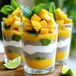 Um einen leckeren Kokos-Mango-Chia-Pudding zu machen, benötigst du: - 240 ml Kokosmilch - 240 ml Mandelmilch - 60 g Chiasamen - 30 ml Ahornsirup oder Honig - 1 reife Mango, gewürfelt - 5 ml Vanilleextrakt - Frische Minzblätter zur Dekoration - Limettenscheiben zur Dekoration (optional) Diese Zutaten sind einfach zu finden. Kokosmilch gibt dem Pudding eine cremige Textur. Mandelmilch macht ihn leichter und nussig. Chiasamen sind der Schlüssel, um die Gel-ähnliche Konsistenz zu erreichen. Falls du keine Kokosmilch hast, kannst du auch nur Mandelmilch verwenden. Wenn du keinen Ahornsirup magst, probiere Honig oder Agavendicksaft. Für eine fruchtige Note kannst du die Mango durch andere Früchte wie Ananas oder Beeren ersetzen. Eine Portion Kokos-Mango-Chia-Pudding hat ungefähr: - Kalorien: 150 - Fett: 8 g - Kohlenhydrate: 18 g - Eiweiß: 3 g Dieser Pudding ist nahrhaft und sättigend. Er ist perfekt als Snack oder Frühstück. Die gesunden Fette aus der Kokosmilch und die Ballaststoffe aus den Chiasamen machen ihn zu einer guten Wahl für deinen Tag. Um den Kokos-Mango-Chia-Pudding zuzubereiten, brauchst du nur ein paar einfache Schritte. Zuerst nimm eine mittelgroße Schüssel. Füge die Kokosmilch, Mandelmilch, Chiasamen, Ahornsirup und Vanilleextrakt hinzu. Mische alles gut mit einem Schneebesen. So werden die Zutaten schnell kombiniert. Lass die Mischung jetzt etwa 10 Minuten stehen. Dadurch quellen die Chiasamen etwas auf. Rühre die Mischung danach erneut um. So stellst du sicher, dass die Chiasamen nicht verklumpen. Nun decke die Schüssel ab. Stelle sie dann für mindestens 3 Stunden oder über Nacht in den Kühlschrank. Die Chiasamen saugen die Flüssigkeit auf und werden gelartig. Wenn der Pudding fest ist, rühre ihn vor dem Servieren noch einmal gut durch. Fülle den Pudding in Servierschalen oder Gläser. Beginne mit einer Schicht Chia-Pudding, gefolgt von einer Schicht gewürfelter Mango. Wiederhole das, bis die Gefäße voll sind. Beim Mischen der Zutaten achte darauf, dass du keinen Klumpen bildest. Ein Schneebesen hilft dir dabei, die Zutaten gut zu vermischen. Du kannst auch einen Mixer benutzen, wenn du eine glattere Konsistenz möchtest. Verwende frische und reife Mangos für mehr Geschmack. Wenn du keine Mangos hast, probiere andere Früchte. Beeren oder Ananas passen auch gut. Die Vorbereitungszeit beträgt nur 10 Minuten. Aber die Kühlzeit ist wichtig. Lasse den Pudding mindestens 3 Stunden im Kühlschrank. Wenn du Zeit hast, lasse ihn über Nacht stehen. Das verbessert die Textur. Die Gesamtzeit für die Zubereitung beträgt also etwa 3 Stunden und 10 Minuten. Du kannst den Pudding auch am Abend vorbereiten und am nächsten Tag genießen. Um die perfekte Konsistenz des Puddings zu erreichen, beachten Sie folgende Schritte: - Verwenden Sie frische Chiasamen. Alte Samen quellen nicht gut. - Mischen Sie die Zutaten gut. Rühren Sie die Mischung gründlich um, bis alles gut vermischt ist. - Lassen Sie die Mischung ruhen. Nach dem ersten Rühren, lassen Sie die Mischung für 10 Minuten stehen. Das hilft den Samen zu quellen. - Rühren Sie erneut. Machen Sie dies nach der Ruhezeit, um Klumpen zu vermeiden. - Kühlen Sie den Pudding lange genug. Lassen Sie ihn mindestens 3 Stunden im Kühlschrank. Für die beste Konsistenz, über Nacht kühlen. Eine ansprechende Präsentation macht den Pudding noch leckerer. Hier einige Tipps: - Verwenden Sie klare Gläser. So sehen die schönen Schichten toll aus. - Schichten Sie kreativ. Beginnen Sie mit Chia-Pudding, gefolgt von Mango. Wiederholen Sie dies, bis das Glas voll ist. - Dekorieren Sie mit Minze. Frische Minzblätter bringen Farbe und Frische. - Fügen Sie Limettenscheiben hinzu. Diese geben einen spritzigen Akzent und sehen schön aus. Garnierungen machen den Pudding besonders. Hier sind meine Empfehlungen: - Zusätzliche Mango-Würfel. Diese geben Süße und Frische. - Kokosraspeln. Sie verleihen einen tollen Crunch und Geschmack. - Nüsse oder Samen. Geröstete Mandeln oder Sonnenblumenkerne sind eine gute Wahl. - Joghurt. Ein Klecks griechischer Joghurt obenauf kann sehr cremig sein. Mit diesen Tipps wird Ihr Coconut Mango Chia Pudding zum echten Hit! {{image_4}} Um eine vegane Version des Kokos-Mango-Chia-Puddings zu machen, brauchst du nur einfache Anpassungen. Nutze Kokosmilch und Mandelmilch, wie im Rezept. Beide sind pflanzlich. Achte darauf, Ahornsirup statt Honig zu verwenden. Das macht das Dessert komplett vegan. Du kannst den Pudding mit verschiedenen Früchten aufpeppen. Probiere Ananas, Himbeeren oder Erdbeeren. Diese Früchte bringen frische Aromen. Füge auch Gewürze hinzu. Eine Prise Zimt oder Muskatnuss sorgt für einen warmen Geschmack. Du kannst auch Kokosraspel oder geröstete Nüsse für mehr Textur verwenden. Für spezielle diätetische Bedürfnisse gibt es viele Optionen. Wenn du glutenfrei bist, ist dieses Rezept ideal. Um den Zuckergehalt zu senken, verwende weniger Ahornsirup oder eine andere Süßungsart. Für eine proteinreiche Variante kannst du ungesüßtes Proteinpulver einrühren. Achte darauf, die Flüssigkeitsmenge anzupassen, damit der Pudding nicht zu dick wird. Um Kokos-Mango-Chia-Pudding frisch zu halten, decken Sie ihn gut ab. Verwenden Sie eine Frischhaltefolie oder einen Deckel. So bleibt der Pudding kühl und behält seinen Geschmack. Lagern Sie ihn im Kühlschrank. Dies ist der beste Ort für die Aufbewahrung. Kokos-Mango-Chia-Pudding hält sich bis zu 4 Tage im Kühlschrank. Achten Sie darauf, ihn in einem luftdichten Behälter aufzubewahren. Nach 4 Tagen können Geschmack und Textur abnehmen. Probieren Sie ihn vorher, um sicher zu sein. Haben Sie Reste? Sie können sie einfach verwenden! Fügen Sie frische Früchte hinzu, um neuen Geschmack zu geben. Oder mischen Sie den Pudding mit Joghurt für ein Frühstück. Eine andere Idee ist, ihn in Smoothies zu mischen. So bleibt er lecker und nahrhaft. Die Chiasamen brauchen etwa 3 Stunden, um aufzuquellen. Sie müssen in der Mischung aus Kokos- und Mandelmilch ruhen. Wenn Sie es eilig haben, können Sie auch nur 10 Minuten warten. Aber für die beste Textur lassen Sie es über Nacht im Kühlschrank. Ja, Sie können viele Früchte verwenden. Beeren wie Erdbeeren oder Himbeeren passen gut. Auch Kiwi oder Ananas sind lecker. Achten Sie darauf, die Früchte klein zu schneiden. So mischen sie sich besser mit dem Pudding. Ja, Chia-Pudding ist sehr gesund. Chiasamen sind reich an Ballaststoffen und Omega-3-Fettsäuren. Sie helfen der Verdauung und sind gut für das Herz. Die Kokosmilch und Mandelmilch geben gesunde Fette und Vitamine. Es ist ein nahrhaftes Dessert oder Frühstück für jeden Tag. Der Kokos-Mango-Chia-Pudding ist einfach zuzubereiten und lecker. Wir haben die Hauptzutaten und Alternativen besprochen und die Nährwerte pro Portion aufgezeigt. Ich habe Ihnen Schritt-für-Schritt-Anleitungen gegeben und Tipps für die perfekte Konsistenz sowie wichtige Aufbewahrungsinformationen angeboten. Variationen sind möglich, um den Pudding an Ihre Vorlieben anzupassen. Abschließend empfehle ich Ihnen, kreativ mit Aromen zu spielen und Spaß beim Zubereiten zu haben.