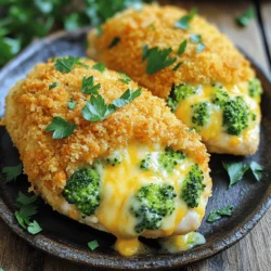 - 2 große Hähnchenbrüste, entbeint und ohne Haut - 1 Tasse frische Brokkoliröschen, gedämpft und gehackt - 1 Tasse scharfer Cheddar, gerieben Die Hauptzutaten sind einfach und leicht zu finden. Hähnchenbrüste sind mager und bieten eine gute Basis. Brokkoli bringt Farbe und Nährstoffe. Cheddar gibt dem Gericht seinen herzhaften Geschmack. - 1/2 Tasse Frischkäse, weich - 1/4 Teelöffel Knoblauchpulver - 1/4 Teelöffel Zwiebelpulver Diese Zutaten machen die Füllung cremig und geschmackvoll. Frischkäse sorgt für eine tolle Konsistenz. Knoblauchpulver und Zwiebelpulver runden das Aroma ab. Mit Salz und Pfeffer kannst du die Füllung nach deinem Geschmack anpassen. - 1/2 Tasse Paniermehl - 1 Esslöffel Olivenöl - Frische Petersilie zum Garnieren Die Panierung gibt dem Hähnchen eine knusprige Textur. Olivenöl hilft, das Paniermehl besser haften zu lassen. Petersilie ist eine frische Garnitur, die Farbe und Geschmack hinzufügt. Es sieht auf dem Teller schön aus und macht das Gericht einladend. Heize deinen Ofen auf 190°C (375°F) vor. In einer großen Schüssel vermische die gedämpften Brokkoliröschen, den scharfen Cheddar und den Frischkäse. Füge das Knoblauchpulver, Zwiebelpulver, Salz und Pfeffer hinzu. Rühre alles gut um, bis die Füllung gleichmäßig vermischt ist. Nimm die Hähnchenbrüste und schneide mit einem scharfen Messer eine Tasche in jede Brust. Achte darauf, das andere Ende intakt zu lassen. Fülle die Taschen mit der Brokkoli-Käse-Füllung. Drücke die Füllung leicht an, damit sie gut sitzt. Würze die Außenseite jeder Hähnchenbrust mit Salz und Pfeffer. Verteile das Paniermehl in einer flachen Schüssel. Reibe jede gefüllte Hähnchenbrust leicht mit Olivenöl ein und wälze sie im Paniermehl, bis sie gut bedeckt ist. Lege die panierten Hähnchenbrüste in eine gefettete Auflaufform. Backe sie für etwa 25-30 Minuten, bis das Hähnchen durchgegart ist und eine Innentemperatur von 74°C (165°F) erreicht hat. Um das beste Hähnchen zu machen, achte auf die Hähnchenbrust. Wähle frische, dicke Stücke. Sie sollten gleichmäßig groß sein, damit sie gleichmäßig garen. Achte darauf, dass du die Hähnchenbrust nicht übergaren lässt. Die beste Innentemperatur für saftiges Hähnchen ist 74°C (165°F). Ein Fleischthermometer hilft dabei, die Temperatur schnell zu prüfen. Wenn du das Hähnchen aus dem Ofen nimmst, lasse es fünf Minuten ruhen. So bleibt der Saft im Fleisch. Du kannst die Füllung nach deinem Geschmack ändern. Wenn du keinen Brokkoli magst, probiere Spinat oder Blumenkohl. Für einen anderen Käse nimmst du Gouda oder Mozzarella. Durch die Verwendung von Kräutern wie Basilikum oder Thymian erhält die Füllung mehr Aroma. Ein bisschen Zitronensaft kann die Füllung frisch und lebendig machen. Dieses gefüllte Hähnchen passt gut zu vielen Beilagen. Probiere dazu Kartoffelpüree, Reis oder einen frischen Salat. Wenn du es würziger magst, serviere dazu eine scharfe Sauce oder eine Käsesauce. Eine einfach gemachte Bratensauce passt auch gut. So wird dein Gericht noch leckerer und bunter. {{image_4}} Für eine vegetarische Variante kannst du pflanzenbasierte Füllungen nutzen. Eine großartige Option ist die Verwendung von Tofu oder Seitan. Diese Zutaten sind proteinreich und geben deinem Gericht eine feste Textur. Du kannst den Tofu zerdrücken und mit Brokkoli, Frischkäse und Gewürzen mischen. Seitan hat einen fleischähnlichen Geschmack und passt gut zu den anderen Zutaten. Wenn du Lust auf einen mediterranen Geschmack hast, probiere diese Variante aus. Nutze Zutaten wie Feta und frischen Spinat. Diese Kombination gibt deinem Gericht einen herzhaften und salzigen Geschmack. Füge zusätzliche Gewürze wie Oregano oder Basilikum hinzu, um das mediterrane Flair zu verstärken. Diese Version passt gut zu einem leichten Reis- oder Salatgericht. Lust auf etwas Schärfe? Diese würzige Option ist perfekt für dich. Füge Jalapeños oder andere scharfe Zutaten zur Füllung hinzu. Du kannst auch verschiedene Käsesorten wie Pepperjack verwenden. Diese Käsesorte bringt eine angenehme Schärfe und viel Geschmack. So wird dein gefülltes Hähnchen zu einem echten Highlight für Liebhaber scharfer Speisen. Um die Reste optimal zu lagern, lege sie in einen luftdichten Behälter. Stelle den Behälter in den Kühlschrank. So bleiben die Aromen frisch. Die ideale Temperatur im Kühlschrank liegt bei 4°C. Wenn du Reste länger aufbewahren möchtest, kannst du sie einfrieren. Teile die Reste in Portionen auf. Benutze gefrierfeste Beutel oder Behälter. Achte darauf, so viel Luft wie möglich zu entfernen. So bleibt der Geschmack erhalten. Um das Hähnchen wieder aufzuwärmen, benutze den Ofen für beste Ergebnisse. Heize den Ofen auf 180°C vor. Lege das Hähnchen auf ein Backblech. Decke es mit Alufolie ab, um das Austrocknen zu verhindern. Erwärme es für 15-20 Minuten. Wenn du die Mikrowelle verwendest, lege das Hähnchen auf einen mikrowellengeeigneten Teller. Decke es mit einem feuchten Papiertuch ab. Erhitze es in kurzen Intervallen von 1-2 Minuten. Überprüfe nach jedem Intervall die Temperatur, um ein Überkochen zu vermeiden. Die Reste sind im Kühlschrank etwa 3 Tage haltbar. Nach dieser Zeit könnten sich Bakterien bilden. Im Gefrierfach halten die Reste bis zu 3 Monate. Achte darauf, das Hähnchen gut zu verpacken, um Gefrierbrand zu vermeiden. Vor dem Verzehr ist es wichtig, die Reste gründlich zu prüfen. Wenn das Hähnchen unangenehm riecht oder die Farbe sich verändert hat, entsorge es. Sicherheit beim Essen ist wichtig. Die Zubereitung des Broccoli Cheddar Stuffed Chicken dauert insgesamt etwa 45 Minuten. Davon sind 15 Minuten für die Vorbereitung und 30 Minuten für das Kochen nötig. Du musst den Ofen auf 190°C (375°F) vorheizen. Dann kannst du die Füllung machen und das Hähnchen füllen. Danach kommt das Hähnchen in den Ofen, bis es gar ist. Ja, du kannst das gefüllte Hähnchen im Voraus zubereiten. Bereite die Füllung und das Hähnchen wie beschrieben vor. Wickele das gefüllte Hähnchen fest in Frischhaltefolie und lege es in den Kühlschrank. Es bleibt so bis zu zwei Tage frisch. Du kannst das Hähnchen auch einfrieren. Achte darauf, es gut einzupacken. Zum Auftauen lege es einfach über Nacht in den Kühlschrank. Für das Broccoli Cheddar Stuffed Chicken passen viele Beilagen gut. Hier sind einige Empfehlungen: - Gedämpfter Reis - Kartoffelbrei - Gemischter Salat - Gebratenes Gemüse - Quinoa Diese Beilagen ergänzen das Hähnchen perfekt und sorgen für ein ausgewogenes Essen. Ja, du kannst das Rezept anpassen, um es gesünder zu machen. Hier sind einige Tipps: - Verwende weniger Frischkäse oder wähle eine fettarme Variante. - Ersetze scharfen Cheddar durch einen leichteren Käse. - Füge mehr Gemüse zur Füllung hinzu, wie Spinat oder Paprika. - Verwende Vollkorn-Paniermehl, um den Ballaststoffgehalt zu erhöhen. Diese kleinen Änderungen machen das Gericht nahrhafter, ohne den Geschmack zu verlieren. Zusammenfassend lässt sich sagen, dass gefülltes Hähnchen eine köstliche und anpassbare Mahlzeit ist. Du hast die Hauptzutaten wie Hähnchen, Brokkoli und Cheddar kennengelernt. Die Schritt-für-Schritt-Anleitung macht die Zubereitung einfach. Denk daran, dass du die Füllung ganz nach deinem Geschmack ändern kannst. Die Lagerungshinweise helfen, Reste richtig aufzubewahren. Experimentiere mit Variationen für frische Ideen. Mit diesem Rezept beeindruckst du deine Familie oder Freunde und machst alle satt. Viel Spaß beim Kochen!