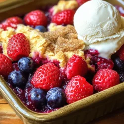 Um einen köstlichen Dreifach-Beeren-Cobbler zu machen, benötigst du: - 1 Tasse Erdbeeren, geputzt und viertelt - 1 Tasse Blaubeeren - 1 Tasse Himbeeren - 1/2 Tasse Zucker (nach Süße der Beeren anpassen) - 1 Esslöffel Zitronensaft - 1 Teelöffel Vanilleextrakt - 1 Tasse Weizenmehl - 1/2 Tasse ungesüßte Mandelmilch (oder normale Milch) - 1/2 Tasse ungesalzene Butter, geschmolzen - 1 Teelöffel Backpulver - 1/2 Teelöffel Salz - 1 Esslöffel brauner Zucker zum Bestreuen - Eine Prise Zimt Diese Zutaten sorgen für den perfekten Geschmack. Die Mischung aus Erdbeeren, Blaubeeren und Himbeeren bringt Frische. Der Zucker und Zitronensaft heben die Aromen hervor. Vanilleextrakt sorgt für zusätzliche Tiefe in jedem Bissen. Falls du einige Zutaten nicht hast, gibt es einfache Alternativen. Statt frischer Beeren kannst du gefrorene Beeren verwenden. Sie sind bequem und oft gleich lecker. Für den Zucker kannst du Honig oder Ahornsirup nehmen. Wenn du keine Mandelmilch hast, nimm normale Milch oder Hafermilch. Glutenfreies Mehl ist eine gute Option, wenn du auf Gluten achtest. Diese Alternativen machen das Rezept flexibel und für jeden zugänglich. Frische Beeren sind der Schlüssel zu einem leckeren Cobbler. Wähle Beeren, die prall und fest sind. Vermeide Beeren mit Druckstellen oder Schimmel. Achte darauf, dass die Farben lebhaft sind. Saisonale Beeren sind oft die besten. Im Sommer findest du viele frische Varianten. Wenn du im Winter Beeren kaufst, nimm welche aus dem Gefrierfach. So hast du immer leckere Beeren zur Hand. Zuerst musst du die Beeren vorbereiten. Nimm eine Tasse Erdbeeren, putze sie und viertle sie. Dann wiege eine Tasse Blaubeeren und eine Tasse Himbeeren ab. Gib alle Beeren in eine große Schüssel. Füge eine halbe Tasse Zucker hinzu. Du solltest den Zucker je nach Süße der Beeren anpassen. Dann kommt ein Esslöffel Zitronensaft dazu. Das gibt den Beeren einen frischen Geschmack. Ein Teelöffel Vanilleextrakt bringt ein tolles Aroma. Mische alles vorsichtig, bis die Beeren gleichmäßig beschichtet sind. Lass die Mischung stehen, damit die Beeren Saft abgeben. Jetzt ist es Zeit, den Teig zu machen. Nimm eine separate Schüssel und gib eine Tasse Weizenmehl hinein. Füge ein Teelöffel Backpulver, einen halben Teelöffel Salz und eine Prise Zimt hinzu. Mische die trockenen Zutaten gut. Dann füge eine halbe Tasse ungesüßte Mandelmilch oder normale Milch hinzu. Gieße auch eine halbe Tasse geschmolzene Butter dazu. Rühre alles vorsichtig zusammen. Mische nicht zu lange, der Teig sollte klumpig bleiben. Heize den Ofen auf 175 °C vor. Gieße die Beerenmischung gleichmäßig in eine gefettete Auflaufform. Verwende eine Form von 20x20 cm. Jetzt verteile den Teig in kleinen Klecksen über die Beeren. Lass ein Teil der Beeren sichtbar. Streue einen Esslöffel braunen Zucker gleichmäßig über den Teig. Das sorgt für eine süße Kruste. Backe den Cobbler 35 bis 40 Minuten. Die Oberseite sollte goldbraun sein. Ein Zahnstocher sollte sauber herauskommen. Lass den Cobbler vor dem Servieren etwa 10 Minuten abkühlen. Um den perfekten Cobbler zu machen, sind frische Beeren wichtig. Achte darauf, dass sie reif und süß sind. Eine Mischung aus Erdbeeren, Himbeeren und Blaubeeren sorgt für tollen Geschmack. Du kannst auch gefrorene Beeren verwenden, aber frische sind besser. Die richtige Menge Zucker macht den Unterschied. Die Süße der Beeren variiert, also passe den Zucker an. Zitronensaft bringt Frische und hebt die Aromen hervor. Der Teig sollte klumpig sein, also nicht zu viel rühren. Ein häufiger Fehler ist, die Beeren zu stark zu mischen. Das kann die Früchte zerdrücken. Lass die Beeren auch etwas stehen, damit sie Saft abgeben. Achte darauf, dass der Teig nicht zu lange gerührt wird. Wenn du den Teig über die Beeren verteilst, lasse einige Beeren sichtbar. So erhältst du eine schöne und leckere Kruste. Eine weitere Falle ist, den Cobbler zu lange zu backen. Achte darauf, dass die Oberseite goldbraun ist. Ein Zahnstocher sollte sauber herauskommen. Serviere deinen Cobbler warm. Eine Kugel Vanilleeis macht das Dessert besonders lecker. Ein Klecks Schlagsahne sorgt für eine cremige Note. Du kannst auch ein frisches Minzblatt oben drauf legen. Das bringt Farbe und frischen Geschmack. Ein schöner Teller macht das Gericht ansprechend. Wenn du Gäste hast, präsentiere den Cobbler in einer schönen Auflaufform. Es sieht toll aus und macht Lust auf mehr. {{image_4}} Für deinen Dreifach-Beeren-Cobbler kannst du viele Früchte verwenden. Probiere zum Beispiel Kirschen oder Pfirsiche. Eine Mischung aus Beeren und Steinfrüchten bringt frischen Geschmack. Wenn du exotische Früchte magst, füge Ananas oder Mangos hinzu. Diese Kombinationen geben deinem Cobbler eine neue Note. Denke daran, die Zuckermenge anzupassen, wenn die Früchte süßer oder saurer sind. Wenn du Gluten vermeiden möchtest, nutze einfach glutenfreies Mehl. Es gibt viele gute Marken, die das gut machen. Für eine zuckerreduzierte Version kannst du natürlichen Süßstoff wie Honig oder Agavendicksaft verwenden. Diese Alternativen sind weniger süß, passen aber gut zu den Beeren. Achte darauf, die Menge entsprechend zu reduzieren. Die Saison beeinflusst die Beeren, die du bekommst. Im Sommer sind frische Erdbeeren, Himbeeren und Blaubeeren am besten. Im Herbst kannst du Birnen oder Äpfel hinzuzufügen. Im Winter sind gefrorene Beeren eine gute Wahl. Diese Anpassungen geben dem Cobbler neue Geschmäcker und machen ihn das ganze Jahr über lecker. Sie können den Dreifach-Beeren-Cobbler nach dem Abkühlen in den Kühlschrank stellen. Bewahren Sie ihn in einem luftdichten Behälter auf. Er bleibt so bis zu fünf Tage frisch. Wenn Sie den Cobbler länger aufbewahren möchten, können Sie ihn auch einfrieren. Wickeln Sie ihn gut in Frischhaltefolie und dann in Alufolie ein. So bleibt er bis zu drei Monate haltbar. Um den Cobbler frisch zu halten, decken Sie ihn immer gut ab. Vermeiden Sie es, ihn in einen Behälter zu legen, der nicht luftdicht ist. Falls Sie den Cobbler im Kühlschrank haben, lassen Sie ihn vor dem Servieren etwas auf Zimmertemperatur kommen. So schmecken die Aromen besser. Wenn Sie den Cobbler wieder aufwärmen möchten, nutzen Sie den Ofen. Heizen Sie ihn auf 175 °C vor. Legen Sie den Cobbler in eine Auflaufform. Bedecken Sie ihn mit Alufolie, um ein Austrocknen zu verhindern. Erwärmen Sie ihn etwa 15 bis 20 Minuten, bis er heiß ist. Sie können auch die Mikrowelle verwenden, aber der Ofen sorgt für eine bessere Textur. Den Dreifach-Beeren-Cobbler kannst du im Kühlschrank bis zu fünf Tage aufbewahren. Stelle sicher, dass du ihn in einem luftdichten Behälter lagerst. So bleibt er frisch und lecker. Wenn du den Cobbler länger behalten möchtest, solltest du ihn einfrieren. Der gefrorene Cobbler hält bis zu drei Monate. Ja, du kannst gefrorene Beeren verwenden. Das macht die Zubereitung noch einfacher. Verwende sie direkt aus dem Gefrierfach, ohne sie vorher auftauen zu lassen. Beachte, dass gefrorene Beeren mehr Saft abgeben können. Du musst eventuell die Zuckermenge anpassen, um die Süße zu optimieren. Der Cobbler schmeckt am besten warm. Du kannst ihn mit einer Kugel Vanilleeis oder einem Klecks Schlagsahne servieren. Das Eis schmilzt leicht und vermischt sich wunderbar mit den warmen Beeren. Ein Minzblatt obendrauf sorgt für eine frische Note und sieht toll aus. Der Dreifach-Beeren-Cobbler bietet viele leckere Möglichkeiten. In diesem Artikel haben wir die besten Zutaten, Zubereitungsschritte und Tipps vorgestellt. Du hast gelernt, wie du die perfekten Beeren auswählst und häufige Fehler vermeidest. Variationen für jeden Geschmack und Aufbewahrungstipps helfen dir, den Cobbler frisch zu halten. Denke daran, dass dieser Dessert-Klassiker vielseitig ist und viel Freude bereitet. Probiere es aus und beeindrucke deine Familie und Freunde mit deinem köstlichen Cobbler!