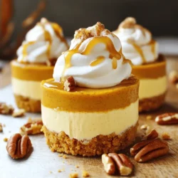 Für die No-Bake Pumpkin Cheesecake Cups brauchst du folgende Zutaten: - 1 Tasse Frischkäse, weich - 1 Tasse Kürbispüree (kein Kürbiskuchenfüllung) - 1/2 Tasse Puderzucker - 1 Teelöffel Vanilleextrakt - 1 Teelöffel Zimt - 1/2 Teelöffel Muskatnuss - 1/4 Teelöffel Ingwer - 1 Tasse Schlagsahne (Cool Whip oder selbstgemacht) - 1 Tasse Graham-Cracker-Brösel - 4 Esslöffel ungesalzene Butter, geschmolzen Jede dieser Zutaten spielt eine wichtige Rolle im Geschmack und in der Textur. Der Frischkäse und das Kürbispüree geben die Basis, während die Gewürze deinen Cups die perfekte Herbstnote verleihen. Wenn du einige Zutaten nicht hast oder ersetzen möchtest, gibt es Alternativen: - Verwende Frischkäse mit weniger Fett für eine leichtere Option. - Statt Puderzucker kannst du Honig oder Agavendicksaft verwenden. - Für einen anderen Geschmack kannst du auch andere Gewürze wie Nelken hinzufügen. - Ersetze die Graham-Cracker durch Kekse deiner Wahl, wie Digestive oder Oreos. Diese Alternativen halten die Cups lecker und spannend. Die Dekoration macht die No-Bake Pumpkin Cheesecake Cups noch schöner und schmackhafter. Hier sind einige tolle Ideen: - 1/4 Tasse gehackte Pekannüsse (optional, für das Topping) - 1/4 Tasse Karamellsauce (optional, zum Drizzeln) Die Pekannüsse fügen einen tollen Crunch hinzu, während die Karamellsauce für süße Momente sorgt. Du kannst auch Schokoladensauce verwenden, wenn du das magst. Beginne mit einer großen Schüssel. Mische den weichen Frischkäse, das Kürbispüree und den Puderzucker. Füge die Vanille und die Gewürze hinzu. Ich empfehle Zimt, Muskat und Ingwer. Nutze einen Handmixer, um alles glatt zu rühren. Achte darauf, dass die Mischung cremig wird. Jetzt kommt der spannende Teil: Füge die Schlagsahne hinzu. Verwende einen Spatel, um sie vorsichtig unterzuheben. Dies sorgt für eine leichte und luftige Füllung. Nimm eine separate Schüssel für die Keksbasis. Mische die Graham-Cracker-Brösel mit der geschmolzenen Butter. Rühre gut, bis die Brösel gleichmäßig feucht sind. Dies gibt der Basis den perfekten Crunch. Du kannst auch einen Löffel verwenden, um die Mischung zu drücken. Achte darauf, dass sie gut zusammenhält. Jetzt kommt der kreative Teil! Nimm kleine Becher oder Gläser. Lege zwei Esslöffel der Keksbasis in jeden Becher. Drücke sie leicht an, um eine feste Schicht zu bilden. Dann löffel eine Schicht der Kürbisfüllung darauf. Fülle die Becher bis zu drei Viertel voll. Wiederhole dies mit mehr Keksbasis und Füllung. Für den letzten Schliff, gib einen Klecks Schlagsahne oben drauf. Wenn du magst, streue gehackte Pekannüsse und träufle Karamellsauce darüber. Das sieht nicht nur toll aus, sondern schmeckt auch großartig! Um die perfekte Konsistenz zu erreichen, achte auf die Temperatur der Zutaten. Verwende weiche Frischkäse. Das vereinfacht das Mischen. Die Kürbispaste sollte ebenfalls Raumtemperatur haben. So wird die Mischung glatt. Wenn du die Schlagsahne hinzufügst, falte sie vorsichtig ein. So bleibt die Mischung luftig und leicht. Vermeide es, die Füllung zu übermixen. Das führt zu einer dichten Textur. Achte darauf, dass du keinen Kürbiskuchenfüllung verwendest. Es muss reine Kürbispaste sein. Achte auch darauf, genug Zeit zum Kühlen zu geben. Die Cups brauchen mindestens vier Stunden im Kühlschrank, um fest zu werden. Für die Zubereitung brauchst du einige einfache Werkzeuge. Ein Handmixer hilft, die Füllung glatt zu machen. Verwende eine Schüssel, um die Keksbasis zu mischen. Kleine Gläser oder Tassen sind ideal zum Schichten. Ein Spatel erleichtert das Einfüllen der Füllung. Mit diesen Utensilien wird die Zubereitung schnell und einfach. {{image_2}} Wenn du neue Geschmäcker ausprobieren möchtest, ist das einfach! Du kannst die Kürbisfüllung durch andere pürierte Früchte ersetzen. Probiere Apfelmus oder Schokoladenpudding. Diese Alternativen bringen neue Aromen in deine Cups. Du kannst auch Gewürze anpassen. Versuche Muskatnuss oder Mandeln für einen anderen Kick. Für eine glutenfreie Version, nutze glutenfreie Keksbrösel. Diese sind leicht erhältlich. Du kannst auch die Butter durch Kokosöl ersetzen. Wenn du eine vegane Option suchst, verwende veganen Frischkäse und pflanzliche Sahne. Diese Zutaten bilden eine schöne, cremige Füllung. So bleibt dein Dessert lecker und passend für viele Diäten. Im Herbst kannst du auch andere Kürbissorten verwenden. Hokkaido oder Butternut bringen neue Geschmäcker. Im Winter füge Schokoladenstückchen oder Minze hinzu. Diese Variationen bringen Abwechslung und Spaß. Für den Sommer kannst du frische Beeren als Topping verwenden. Das macht die Cups leicht und frisch. Bewahre die No-Bake Pumpkin Cheesecake Cups im Kühlschrank. Ein luftdichter Behälter ist ideal. So bleibt die Frische erhalten. Du kannst sie bis zu fünf Tage lang aufbewahren. Stelle sicher, dass sie gut abgedeckt sind, damit sie nicht austrocknen. Das Einfrieren dieser Cheesecake-Cups ist möglich, aber mit Vorsicht. Fülle die Cups nicht bis zum Rand. Lasse Platz für die Ausdehnung. Decke die Cups gut mit Frischhaltefolie ab. So gefrieren sie gleichmäßig. Du kannst sie bis zu drei Monate einfrieren. Um sie zu genießen, lasse sie im Kühlschrank auftauen. Die Frische der Cheesecake-Cups ist wichtig. Wenn sie im Kühlschrank sind, bleiben sie bis zu fünf Tage gut. Nach dem Einfrieren sollten sie innerhalb eines Monats verbraucht werden. Überprüfe vor dem Essen den Geruch und das Aussehen. Wenn etwas nicht frisch aussieht, ist es besser, es wegzuwerfen. No-Bake Pumpkin Cheesecake Cups sind im Kühlschrank etwa 4 bis 5 Tage haltbar. Bewahre sie in einem luftdichten Behälter auf. So bleiben sie frisch und lecker. Achte darauf, die Tassen gut abzudecken. So vermeidest du, dass sie Gerüche aus dem Kühlschrank aufnehmen. Ja, du kannst die Füllung vorbereiten und später verwenden. Mache die Füllung und stelle sie in den Kühlschrank. Du kannst die Füllung bis zu 2 Tage im Voraus machen. Wenn du bereit bist, die Cups zusammenzustellen, schichte die Füllung mit den Keksbröseln. So sparst du Zeit, wenn du Gäste erwartest. Wenn du keine Karamellsauce hast, probiere Schokoladensauce oder Honig. Diese Alternativen sind süß und lecker. Du kannst auch frische Früchte verwenden, wie Äpfel oder Birnen, um einen fruchtigen Geschmack zu bekommen. So erhältst du eine neue Note für dein Dessert. Für die No-Bake Pumpkin Cheesecake Cups nutzen wir einfache Zutaten. Wir haben die Zubereitung der leckeren Füllung erklärt und die Keksbasis beschrieben. Tipps helfen, die perfekte Konsistenz zu erreichen. Variationen bieten spannende neue Geschmäcker, auch vegan oder glutenfrei. Achte auf die Lagerung, damit deine Cups frisch bleiben. Diese leicht nachzumachenden Desserts machen jeden Anlass festlich. Jetzt bist du bereit, sie selbst auszuprobieren!